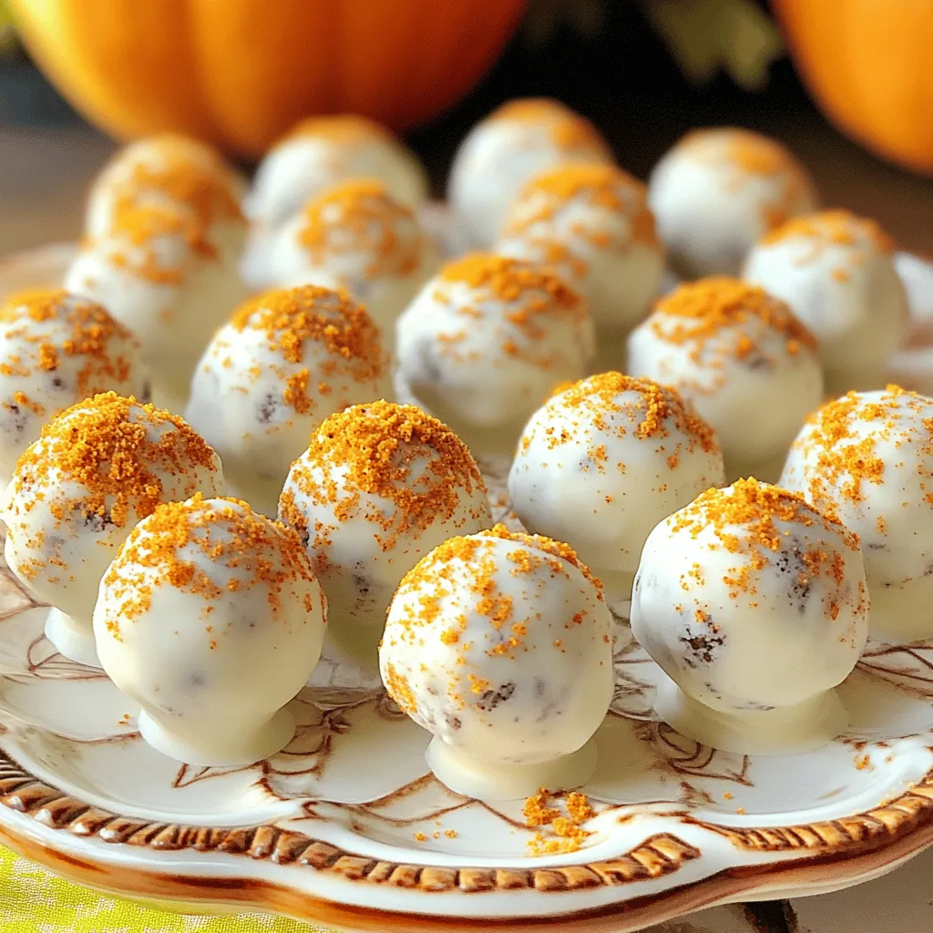 - 1 package (15.35 oz) Pumpkin Spice Oreo cookies - 8 oz cream cheese, softened - 1 teaspoon vanilla extract - 1 teaspoon pumpkin pie spice - 1 cup white chocolate chips - 2 tablespoons coconut oil (optional, for thinning) - Extra crushed Pumpkin Spice Oreos for coating When choosing cream cheese, look for full-fat versions for a rich taste. Softened cream cheese makes mixing easy. If you want a lighter option, use reduced-fat cream cheese. For the chocolate, white chocolate chips work best for this recipe. You can also use melting wafers, which melt smoothly. If you want a dairy-free option, check for dairy-free white chocolate. Pumpkin Spice Oreos bring a warm and cozy flavor to these truffles. They have a mix of pumpkin and spice notes that give a great autumn taste. The cream cheese adds a creamy texture, making the truffles rich and delightful. Vanilla extract enhances the overall flavor, while pumpkin pie spice adds extra warmth. Each bite bursts with seasonal goodness. To start, grab a food processor. Add the Pumpkin Spice Oreos. Pulse them until they turn into fine crumbs. This step is key for the smooth texture of the truffles. If you don’t have a processor, put the Oreos in a bag and crush them with a rolling pin. Just make sure they are finely crushed. Next, take a mixing bowl. Combine the Oreo crumbs, softened cream cheese, vanilla extract, and pumpkin pie spice. Use a spatula or your hands to mix it all well. Keep mixing until a dough forms. This dough should be thick and easy to handle. Now, it’s time to shape the truffles. Scoop out small portions of the dough. Roll them into balls, about one inch wide. Place each ball on a parchment-lined baking sheet. Once you have all the balls made, put the sheet in the freezer. Let them chill for about 30 minutes. This makes them firm and easier to coat later. While the truffles chill, melt the white chocolate chips. Use a microwave-safe bowl for this. Heat in 30-second intervals, stirring in between until smooth. If you want a thinner coating, add coconut oil. Once melted, remove the truffles from the freezer. Dip each one into the melted chocolate using a fork. Let the excess chocolate drip off, then place them back on the parchment. While the chocolate is still wet, sprinkle extra crushed Oreos on top. Finally, refrigerate the truffles for 15-20 minutes until the chocolate is set. To get the best texture in your truffles, use softened cream cheese. This helps mix the dough easily. Make sure to crush the Pumpkin Spice Oreos finely. A food processor works best for this. You want a crumbly texture that holds together. After mixing, chill the truffles for at least 30 minutes before coating. This helps them firm up nicely. One common mistake is not chilling the truffles long enough. If they are too soft, the chocolate coating will slide off. Another mistake is using cold cream cheese. This makes it hard to blend. Ensure you use high-quality white chocolate. Cheap chocolate can clump or not melt smoothly. Lastly, don’t skip the crushed Oreo topping. It adds flavor and a nice look! You will need a few tools to make this recipe easy. A food processor helps crush the cookies. Use a mixing bowl for combining the ingredients. A baking sheet lined with parchment paper is key for easy cleanup. For dipping, a fork works well. If you have a microwave-safe bowl, use it for melting chocolate. These tools make the process smooth and fun! {{image_2}} You can switch up the flavor of your truffles by using different Oreo flavors. Try using mint Oreos for a fresh twist or peanut butter Oreos for a rich taste. Each change gives a fun new flavor to enjoy. Mixing flavors keeps things exciting and fun for everyone. If you need vegan options, use vegan cream cheese and dark chocolate. This way, everyone can enjoy the treat. For gluten-free adjustments, choose gluten-free Oreo cookies. These small swaps keep the taste while meeting dietary needs. It’s great to have choices for all kinds of eaters! These truffles pair well with warm drinks like apple cider or coffee. They also look great on a festive platter, perfect for any party. Add some sprinkles or extra crushed Oreos on top for a fun touch. You could even serve them with a scoop of vanilla ice cream for a delightful dessert. The options are endless! To keep your no bake pumpkin spice Oreo truffles fresh, store them in an airtight container. Line the container with parchment paper to prevent sticking. Make sure to layer the truffles, adding parchment between each layer. This keeps them from clumping together. Place the container in the fridge for the best taste and texture. When stored correctly, these truffles last up to one week in the fridge. If you notice any change in smell or texture, it’s best to throw them away. Trust your senses; they rarely lie. For the freshest taste, enjoy them within the first few days. If you want to keep your truffles longer, freezing is a great option. First, freeze the truffles on a baking sheet for about one hour. Once they are firm, transfer them to a freezer-safe bag. Make sure to remove as much air as possible. They can last up to three months in the freezer. When ready to eat, let them thaw in the fridge overnight. Yes, you can make these truffles ahead of time. They stay fresh for about a week in the fridge. Just store them in an airtight container. This makes them perfect for parties or gatherings. You can also freeze them for up to three months. Just let them thaw in the fridge before serving. You can tell the chocolate is set when it feels firm to the touch. It should not be sticky or glossy. If it looks dull, it's ready. Let the truffles chill in the fridge for about 15-20 minutes to help the chocolate set faster. If you can't find Pumpkin Spice Oreos, use regular Oreos. You can also try gingerbread cookies or even chocolate cookies. Just keep the same amount to get the right texture. Adding a pinch of pumpkin spice to the dough can help bring that fall flavor back. To remove truffles easily, let them chill fully. Once the chocolate sets, they should lift off smoothly. If they stick, gently slide a small spatula underneath each truffle. This will help release them without breaking. You now have all the tools to make delicious no-bake Pumpkin Spice Oreo truffles. We've covered the ingredients, steps, and tips needed for success. Remember, using the right ingredients and tools can make a big difference. You can even try different flavors and dietary options to fit your needs. Store your truffles properly to enjoy them longer. With these handy tips, you’re set to impress anyone with your sweet treats! Enjoy every bite of your creation!