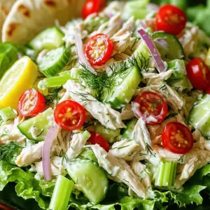 - 2 cups cooked chicken breast, shredded - 1 cup plain Greek yogurt - 1/2 cup celery, finely chopped - 1/2 cup cucumber, diced - 1/4 cup red onion, finely diced - 1/4 cup fresh dill, chopped - 1 tablespoon lemon juice - 1 teaspoon garlic powder - Salt and pepper to taste - 1/2 cup cherry tomatoes, halved (for garnish) - Lettuce leaves or pita bread (for serving) I love using fresh ingredients for this Greek yogurt chicken salad. The chicken breast is the star. You can use grilled or roasted chicken. Shredded chicken gives a nice texture. For creaminess, I choose plain Greek yogurt. It’s healthy and tasty. Next, I add celery and cucumber. They add crunch and freshness. Red onion gives a little zing. Fresh dill brings a bright flavor. It pairs well with the lemon juice and garlic powder. Season with salt and pepper. This makes the flavors pop. The cherry tomatoes are perfect for garnish. They add color and taste. I like to serve it on lettuce or in pita bread. This makes it fun to eat! - In a large bowl, combine the shredded chicken and Greek yogurt. - Stir until the chicken is well coated. - Now add the chopped celery, diced cucumber, and red onion. - Mix thoroughly to combine all ingredients evenly. - Fold in the fresh dill, lemon juice, garlic powder, salt, and pepper. - Taste the mixture and adjust seasoning as needed. - Chill the salad in the fridge for at least 30 minutes. - This helps the flavors mix well. - When ready, spoon the salad onto lettuce leaves or into pita bread. - Garnish with halved cherry tomatoes for a fresh touch. For seasoning, find the balance that suits your taste. If you like it zesty, add more lemon juice. For a garlic kick, increase the garlic powder. Always taste as you go. When choosing chicken, cooked chicken breast works best. Look for juicy cuts to shred easily. You can roast or poach the chicken. Both methods keep the meat moist and tender. Serve the salad in a clear bowl. This way, people can see the vibrant colors. Use lettuce leaves as a base for a fresh look. You can also scoop the salad into pita bread for a fun twist. Garnish with cherry tomatoes on top. They add a splash of color. Sprinkle some extra dill around the edge. This makes your dish look professional and neat. Cooling your salad is key. It allows the flavors to mix well. Chill for at least 30 minutes. If you can, let it sit longer for a better taste. Keep the salad in the fridge until you are ready to serve. This keeps it fresh and safe to eat. {{image_2}} You can make Greek yogurt chicken salad even better with some fun twists. - Fruits: Try adding grapes or diced apples. They bring sweetness and crunch. - Herbs: Use fresh basil or parsley instead of dill. This changes the flavor nicely. If you need to change the salad for diets, it's easy to do. - Gluten-Free: All the ingredients are gluten-free. Just skip any bread. - Low-Calorie: Use low-fat Greek yogurt. This makes the salad lighter without losing taste. How you serve the salad can change the meal. - Whole Grain Bread: Spread the chicken salad on whole grain bread. This adds fiber and taste. - Salad Bowl: Top a fresh salad with the chicken salad. This makes a hearty and healthy dish. To keep your Greek yogurt chicken salad fresh, follow these steps: - Place leftovers in an airtight container. - Use glass or plastic containers with tight lids. Make sure to cool the salad before storing. This helps keep it fresh longer. Can you freeze Greek yogurt chicken salad? No, I do not recommend it. The yogurt may change texture when thawed. If you do freeze it, here are some tips: - Freeze in small portions for easy use. - Thaw in the fridge overnight before eating. Using it cold is best for taste and texture. How long can it be stored in the refrigerator? You can enjoy the salad for up to three days. Watch for signs of spoilage: - Check for off smells. - Look for changes in color or texture. If you notice any of these, it’s best to throw it out. The best way to cook chicken for this salad is to poach or roast it. Poaching keeps the chicken moist and tender. Just simmer it in water with herbs for 15 to 20 minutes. Roasting also works well. Season the chicken with salt and pepper, then bake at 375°F for 25 to 30 minutes. Let it cool before shredding. Yes, you can use regular yogurt instead of Greek yogurt. However, the salad will have a different texture and flavor. Greek yogurt is thicker and creamier. It also adds more protein. If you use regular yogurt, you might need to drain some liquid to get a similar consistency. The salad will last about 3 to 4 days in the fridge. Store it in an airtight container to keep it fresh. Always check for any off smells or changes in texture before eating. If it looks or smells funny, it’s best to throw it away. Yes, you can add other vegetables to the salad. Try adding bell peppers, carrots, or even corn for extra crunch. Avocado can add creaminess too. Just chop them small so they mix well. Adjust the seasonings to match the new flavors you add. This Greek yogurt chicken salad is easy and tasty. We covered the ingredients, preparation steps, and tips for the best flavor. Remember to chill it for a while to enhance taste. You can try different fruits or herbs to mix it up. Our storage tips will help keep leftovers fresh. Enjoy making this salad your own! It's a perfect dish for any meal or gathering.