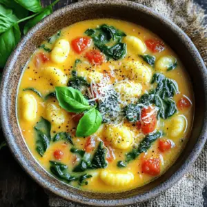 - 1 tablespoon olive oil - 1 onion, diced - 3 cloves garlic, minced - 4 cups vegetable broth - 1 (14 oz) can diced tomatoes, with juices - 1 teaspoon dried oregano - 1 teaspoon dried basil - 1 pound gnocchi (fresh or frozen) - 2 cups fresh spinach - 1 cup heavy cream or coconut cream (for a lighter option) - Salt and pepper to taste - Grated Parmesan cheese, for serving (optional) - Fresh basil leaves, for garnish Gather these ingredients to create a delicious and creamy soup. Each item plays a key role in building flavor and texture. - Olive oil adds healthy fat and richness. - Onion and garlic form the base. They provide a sweet and savory taste. - Vegetable broth serves as the soup’s heart. It adds depth and warmth. - Diced tomatoes offer bright acidity and color. They balance the creaminess. - Dried oregano and basil bring herbal notes. They add traditional Italian flavor. - Gnocchi makes the soup hearty and comforting. Fresh or frozen works great. - Fresh spinach adds a pop of color and nutrition. It wilts nicely into the soup. - Heavy cream or coconut cream gives the soup its creaminess. Choose what you prefer. - Salt and pepper enhance all the flavors. Adjust to your taste. - Grated Parmesan cheese is optional. It adds a rich, salty finish. - Fresh basil leaves are for garnish. They make the dish look and taste fresh. With these ingredients, you can create a warm and satisfying bowl of soup. Each bite will transport you to Tuscany! - Heat olive oil and sauté onion In a large pot, heat one tablespoon of olive oil over medium heat. Add the diced onion. Sauté for about five minutes until the onion is soft and clear. - Add garlic and cook until fragrant Next, stir in three minced garlic cloves. Cook for one to two minutes. The aroma will fill your kitchen and make you hungry. - Pour in broth and add tomatoes with spices Now, pour in four cups of vegetable broth. Add one can of diced tomatoes with their juices. Sprinkle in one teaspoon of dried oregano and one teaspoon of dried basil. Bring this mixture to a simmer. - Add gnocchi and cook per package instructions Once your soup simmers, add one pound of gnocchi. If you use fresh gnocchi, cook for two to three minutes. For frozen gnocchi, aim for five to seven minutes until they are tender. - Reduce heat and stir in spinach and cream When the gnocchi is ready, lower the heat. Stir in two cups of fresh spinach and one cup of heavy cream. Mix until the spinach wilts and the soup turns creamy. - Season with salt, pepper, and optional Parmesan Add salt and pepper to taste. For an extra creamy flavor, sprinkle grated Parmesan cheese on top if you like. - Let soup sit before serving Remove the pot from heat. Let the soup sit for a few minutes. This helps the flavors meld together. - Selecting high-quality gnocchi: Choose fresh gnocchi if you can. They taste better and cook faster. Frozen gnocchi works too, but check the package for cooking times. - Adjusting seasoning to taste: After adding the cream, taste the soup. You might need more salt or pepper. Fresh herbs can brighten the flavor. - Ensuring creaminess without curdling: Add cream at low heat. Stir gently to mix it in. This keeps the soup smooth and creamy without lumps. - Presentation tips for a beautiful bowl: Use deep bowls to showcase the soup. Garnish with fresh basil leaves and a sprinkle of Parmesan on top. - Pairing with crusty bread or side salads: A slice of warm, crusty bread completes the meal. A simple side salad adds freshness and crunch. - Overcooking the gnocchi: Watch the time closely. Overcooked gnocchi become mushy. They should float and be tender. - Ignoring the simmering process: Let the soup simmer for the best flavor. This step melds all the tastes together. Don’t rush it. {{image_2}} You can easily change this recipe by swapping ingredients. - Using different types of broth: While vegetable broth works great, chicken broth adds a rich flavor. You can also use beef broth for a heartier taste. - Substituting greens or protein options: If you want a twist, try kale or Swiss chard instead of spinach. For protein, add cooked chicken or sausage for a filling meal. Making this soup fit your diet is simple. - Making it vegan-friendly: Use coconut cream instead of heavy cream. Replace the broth with vegetable broth and skip the cheese. - Adjustments for gluten-free options: Choose gluten-free gnocchi for the base. Check that your broth and any added ingredients are gluten-free too. You can boost the flavor of this soup in many ways. - Adding different herbs or spices: Try rosemary or thyme for a different taste. A pinch of red pepper flakes adds a nice kick. - Incorporating vegetables for added nutrition: Carrots, bell peppers, or zucchini can add color and nutrients. Just chop them and add during the broth stage. To store leftover soup, let it cool first. Then, pour it into an airtight container. Store it in the fridge for up to three days. When reheating, heat it gently on the stove or in the microwave. Stir often to ensure even heating. For freezing soup, use a freezer-safe container. Leave some space at the top for expansion. This soup freezes well and can last up to three months. When ready to eat, thaw it overnight in the fridge before reheating. In the fridge, this soup stays fresh for about three days. Look for signs of spoilage, like an off smell or mold. If you see any, it is best to discard the soup. Remember, fresh food is always the tastiest! The ideal consistency for creamy soup is thick yet smooth. It should coat the back of a spoon. If it flows too quickly off the spoon, it may be too thin. You want a nice balance, where it feels rich but not overly heavy. Yes, you can use frozen spinach instead of fresh. Just make sure to thaw it first and squeeze out excess water. This helps keep the soup from getting too watery. Frozen spinach is a great option for convenience and still adds good flavor. If your soup is too watery, there are a few tricks. You can add more gnocchi, as they will soak up extra liquid. Another option is to mix in a slurry of cornstarch and water. Just stir it in and let the soup simmer until it thickens. Besides Parmesan cheese, you can try croutons for crunch or a dollop of sour cream for creaminess. Fresh herbs like parsley or chives also add great flavor. You could even sprinkle some red pepper flakes for a spicy kick. This creamy gnocchi soup is simple and full of flavor. We covered each ingredient, from olive oil to fresh basil. You learned the steps to make it delicious, like sautéing the onion and adding gnocchi. Tips on perfecting the recipe, serving, and avoiding common mistakes were also included. In the end, this soup is easy to customize. Try different broths or add new greens. With the right care, you can store leftovers well too. Enjoy making this dish your own!