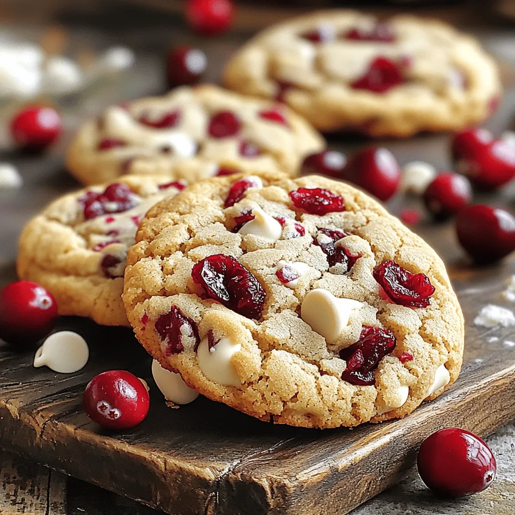 - 1 cup unsalted butter, softened - 3/4 cup brown sugar, packed - 1/4 cup granulated sugar - 2 large eggs - 2 teaspoons vanilla extract - 2 1/4 cups all-purpose flour - 1/2 teaspoon baking soda - 1/2 teaspoon salt - 1 cup white chocolate chips - 1 cup dried cranberries - 1/2 cup chopped macadamia nuts (optional) For these cookies, I use simple, fresh ingredients. Each element makes the cookies taste great. The butter must be softened. This step helps create a smooth mix with the sugars. I choose both brown and granulated sugar. Brown sugar gives a nice caramel flavor. Granulated sugar adds sweetness. Next, I include two large eggs. They help bind the dough and add moisture. The vanilla extract brings a warm, sweet note. I always use pure vanilla for the best taste. The dry mix includes all-purpose flour, baking soda, and salt. The flour gives structure, while baking soda helps the cookies rise. Salt balances the sweetness. Then come the fun parts: white chocolate chips and dried cranberries. The chips melt into sweet pockets, and the cranberries add tartness. If you like, you can also add chopped macadamia nuts. They bring a nutty crunch that pairs well with the other flavors. This combination of ingredients makes for a truly dreamy cookie. You'll love the sweet and tangy mix. Plus, everything combines easily, making it a fun recipe to try. - First, preheat your oven to 350°F (175°C). This is key for even baking. - Next, line two baking sheets with parchment paper. This prevents sticking. - In a large bowl, cream together 1 cup of softened unsalted butter, 3/4 cup of brown sugar, and 1/4 cup of granulated sugar. Mix until it’s light and fluffy. - Beat in 2 large eggs, one at a time. Make sure to mix well after each addition. - Add 2 teaspoons of vanilla extract to the mix for a nice flavor boost. - In another bowl, whisk together 2 1/4 cups of all-purpose flour, 1/2 teaspoon of baking soda, and 1/2 teaspoon of salt. This helps with even mixing. - Gradually add the dry mix to the wet ingredients. Stir until just combined. Don’t overmix; it keeps your cookies soft. - Now, gently fold in 1 cup of white chocolate chips, 1 cup of dried cranberries, and 1/2 cup of chopped macadamia nuts (if you choose to use them). This adds great flavor and texture. - Using a cookie scoop or a tablespoon, drop rounded balls of dough onto your baking sheets. Space them about 2 inches apart to allow for spreading. - Bake in your preheated oven for 10 to 12 minutes. Look for lightly golden edges. The centers may seem soft, but they will set while cooling. - Let the cookies cool on the baking sheets for 5 minutes before moving them to wire racks to cool completely. This helps them firm up nicely. To get the perfect cookie texture, follow these steps: - Use softened butter: It helps create a creamy mix with sugars. - Don’t overmix the dough: Mix until just combined to avoid tough cookies. - Chill the dough (optional): This helps the cookies hold their shape. Cooling times matter for the final result. - Cool on the baking sheet: Let cookies sit for 5 minutes after baking. This lets them firm up a bit. - Transfer to wire racks: Move them to cool completely for the best texture. To keep your cookies fresh, store them properly: - Use an airtight container: This keeps them soft and tasty for several days. - Layer with parchment paper: Place parchment between layers to avoid sticking. For longer storage, try freezing: - Freeze before baking: Scoop dough balls onto a tray, freeze, then store in a bag. - Bake from frozen: Add a couple of extra minutes to baking time. {{image_2}} You can easily switch up the nuts or chocolates in this recipe. Instead of macadamia nuts, try walnuts or pecans. Both add a nice crunch. You can also use dark chocolate chips if you want a richer taste. This change works well with the tartness of the cranberries. You might want to explore different dried fruits, too. Chopped apricots or raisins can bring a new flavor. Each fruit adds its own unique twist. Mixing in coconut flakes also offers a tropical flair. To boost the flavor, consider adding spices like cinnamon or nutmeg. Just a pinch can make a big difference. These spices add warmth and depth to your cookies. You can even mix in a bit of ginger for a fun kick. Don't forget about extracts! Vanilla is great, but almond or coconut extract can also work wonders. Experimenting with these flavors lets you create a cookie that truly reflects your taste. Each choice brings a new joy to this holiday treat. For a lovely display, arrange your cookies on a pretty platter. You can use a simple white plate to make the cookies pop. Add a few extra dried cranberries around the cookies for color. Sprinkle some white chocolate shavings on top for a touch of elegance. This makes your cookies look even more inviting. Pair these cookies with a warm cup of tea or coffee. A light herbal tea complements the sweetness well. If you prefer coffee, go for a smooth brew. You can also serve these cookies on a dessert platter. Add other treats like brownies or mini cupcakes for variety. This creates a festive feel for your holiday gatherings. To make your cookies chewy, follow these tips: - Use more brown sugar than white sugar. Brown sugar adds moisture. - Do not overmix the dough. Mix until just combined to keep them soft. - Bake them slightly less than you think. They will firm up as they cool. - Chill the dough before baking. This helps keep them thick and chewy. Yes, you can use frozen cranberries. They work well in cookies. However, they may release more moisture. This can change the texture of your cookies. If you use frozen cranberries, do not thaw them. Add them straight to the dough to keep the cookies from spreading too much. To pack cookies for gifts, consider these ideas: - Use a sturdy box or tin. This keeps cookies safe during transport. - Line the bottom with parchment paper. This helps absorb moisture. - Separate layers with wax paper. This prevents sticking. - Add a fun note or label. It makes your gift more personal and special. This blog post covered how to make delicious cookies with white chocolate, cranberries, and macadamia nuts. We discussed each ingredient and walked through easy steps for perfect cookie dough. You learned tips for baking and storing your cookies, plus fun ways to switch things up. In my final thoughts, remember, baking is about joy, so have fun with it! Enjoy sharing your cookies with friends and family!