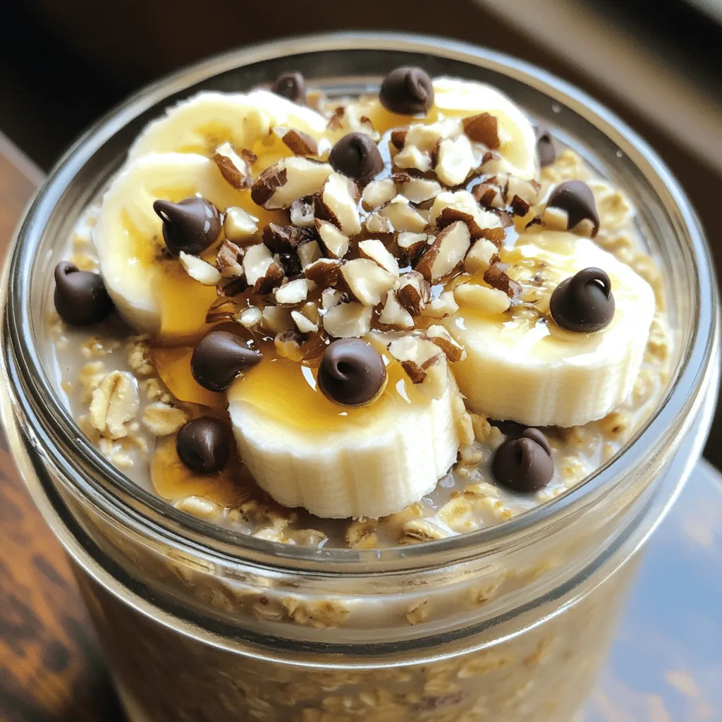 To make High-Protein Cookie Dough Overnight Oats, you will need: - 1 cup rolled oats - 1 cup unsweetened almond milk (or any milk of choice) - 1 scoop vanilla protein powder - 2 tablespoons almond butter (or peanut butter) - 1 tablespoon maple syrup (or honey) - 1 teaspoon vanilla extract - 2 tablespoons mini chocolate chips - Pinch of sea salt You can add fun toppings to your oats, like: - Sliced bananas - Crushed nuts - Additional chocolate chips Each ingredient in this recipe brings its own benefits: - Rolled oats provide fiber. This helps keep you full longer. - Almond milk is low in calories and dairy-free. It suits many diets. - Protein powder boosts protein intake. This aids muscle repair and growth. - Almond butter offers healthy fats and protein. It adds creaminess too. - Maple syrup or honey gives natural sweetness. Both have minerals and antioxidants. - Vanilla extract adds flavor without extra calories. It makes the oats taste great. - Mini chocolate chips add a fun treat. They bring joy to your breakfast. - Sea salt enhances flavor. It balances the sweetness in the oats. These ingredients work together to create a tasty and nutritious breakfast. You can enjoy it any day of the week! To make these High-Protein Cookie Dough Overnight Oats, start with the right ingredients. Gather the following: - 1 cup rolled oats - 1 cup unsweetened almond milk (or any milk of choice) - 1 scoop vanilla protein powder - 2 tablespoons almond butter (or peanut butter) - 1 tablespoon maple syrup (or honey) - 1 teaspoon vanilla extract - 2 tablespoons mini chocolate chips - Pinch of sea salt In a medium bowl, mix the rolled oats, almond milk, and protein powder. Stir until there are no clumps. This step is vital for smooth oats. Next, add the almond butter, maple syrup, vanilla, and sea salt. Stir well to blend all the flavors. When mixing, use a large spoon or spatula. This helps combine everything without splashing. After you add the almond butter, make sure it is fully mixed in. Gently fold in the mini chocolate chips. Be careful not to mash them. This keeps them whole and adds little bursts of chocolate. After mixing, transfer the oats to a jar or container. Seal it tightly. Refrigerate overnight or for at least four hours. In the morning, check the oats. If they seem too thick, add a splash of milk. Stir until you reach the desired creaminess. For extra fun, top with sliced bananas, crushed nuts, or more chocolate chips. Enjoy your delicious, high-protein treat! To store your overnight oats, use a clean jar or airtight container. This keeps them fresh and tasty. Make sure to seal the container tightly. You can store them in the fridge for up to 3 days. If you want to enjoy them later, just grab a spoon and dig in! Meal prepping is a great way to save time. Make a few jars at once. Just follow the recipe and fill each jar. Label them with the date. This way, you know when to eat them. You can also change the toppings each day. This keeps breakfast exciting! You can get creative with flavors! Here are some fun ideas: - Fruity Twist: Add berries or chopped apples. - Spicy Kick: Mix in a pinch of cinnamon or nutmeg. - Nutty Delight: Use different nut butters, like cashew or sunflower. - Sweet Surprise: Try adding a spoonful of cocoa powder for a chocolatey touch. With these tips, your high-protein cookie dough overnight oats will be perfect and fun every time! {{image_2}} You can change the flavor of your overnight oats by trying different protein powders. Here are some ideas: - Chocolate protein powder adds a rich, sweet taste. - Pea protein is great for a plant-based choice. - Whey protein gives a smooth texture and taste. Experimenting with these options keeps your oats exciting. Just swap the vanilla protein powder for your choice. Nut butter is key for flavor and creaminess. You can use various nut butters in this recipe: - Peanut butter gives a classic cookie flavor. - Cashew butter adds a mild taste and smooth texture. - Sunflower seed butter is a nut-free option for those with allergies. Mixing different nut butters can make your oats even more delicious. Just choose your favorite or what you have on hand. You can easily adapt this recipe for different diets. Here’s how: - For vegan oats: Use maple syrup instead of honey. Almond milk is already plant-based. - For gluten-free oats: Make sure to use certified gluten-free rolled oats. These swaps keep the recipe tasty while meeting dietary needs. Enjoy making your oats fit your lifestyle! For storing your high-protein cookie dough overnight oats, choose a jar or airtight container. Glass jars work great because they keep the oats fresh. They also let you see the yummy layers. If you want to use plastic, make sure it’s BPA-free. The lid should seal tightly to avoid spills. These oats stay good in the fridge for about 3 to 5 days. Make sure to keep them cold. If you see any change in color or smell, throw them away. Each morning, give your oats a stir. If they seem dry, add a bit of milk to make them creamy again. You can freeze these oats for up to 3 months. Just place them in a freezer-safe container. Leave some space at the top for expansion. When ready to eat, move them to the fridge overnight to thaw. You can also heat them in the microwave. Add a splash of milk to keep them smooth and tasty. Each serving of high-protein cookie dough overnight oats has about 20 grams of protein. This amount comes from the protein powder and almond butter. It helps keep you full and gives you energy for the day. Yes, you can make this recipe without protein powder. Just replace it with an extra tablespoon of almond butter. This change will lower the protein a bit but still taste great. You can also add Greek yogurt for more protein if you like. Overnight oats can last up to five days in the fridge. Make sure to store them in a sealed jar or container. This way, the oats stay fresh and tasty throughout the week. You can use water instead of milk, but the oats will not be as creamy. Milk adds flavor and richness, making the oats more enjoyable. If you want a lighter option, try using a milk alternative, like almond or oat milk. You now know how to make delicious overnight oats. We covered key ingredients, preparation steps, and storage tips. You learned how to customize your oats with various toppings and flavors. Remember, overnight oats can fit into any diet easily. Enjoy the health benefits while keeping it fun and tasty. Use this guide to experiment and find your favorite mix. With practice, you’ll master the perfect overnight oats!