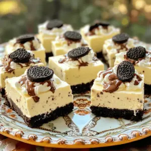 - 24 Oreo cookies, crushed - 4 tablespoons unsalted butter, melted - 16 oz cream cheese, softened - 1 cup powdered sugar - 1 teaspoon vanilla extract - 1 cup heavy whipping cream - 6 Oreo cookies, chopped, for topping This recipe starts with simple yet tasty items. You need 24 Oreo cookies for the crust. Crush them into small pieces. Mix these crumbs with 4 tablespoons of melted unsalted butter. This will help the crust hold together. Next, use 16 ounces of softened cream cheese. Make sure it is at room temperature. This helps it mix well. Add 1 cup of powdered sugar to sweeten it up. A teaspoon of vanilla extract gives it a nice flavor. For the filling, use 1 cup of heavy whipping cream. Whip it until it forms stiff peaks. This makes the dessert light and fluffy. Finally, save 6 Oreo cookies to chop and sprinkle on top. This adds a nice crunch. These ingredients come together to create a creamy dessert delight. They are easy to find and perfect for any occasion. Enjoy making your No-Bake Oreo Cheesecake Bars! Start by combining 24 crushed Oreo cookies with 4 tablespoons of melted butter. Mix them well until it looks like wet sand. This will form a tasty base for your cheesecake bars. Next, press the cookie mixture firmly into the bottom of a lined 9x9 inch baking pan. Make sure it’s even and compact. Now, place it in the refrigerator. This helps the crust set while you prepare the filling. In a large bowl, beat 16 oz of softened cream cheese until it’s smooth. Gradually add 1 cup of powdered sugar and 1 teaspoon of vanilla extract. Keep mixing until everything is well combined. This creates a creamy and sweet filling. In another bowl, whip 1 cup of heavy cream on high speed. Stop when stiff peaks form. This means the cream holds its shape. Carefully fold this whipped cream into the cream cheese mixture. Do this gently to keep it fluffy. Now, gently fold in 6 chopped Oreo pieces into the cheesecake mixture. This adds delicious bites of Oreo in every bar. Mix just enough to spread them evenly. Pour the cheesecake filling over the chilled crust. Use a spatula to spread it out evenly. Cover the pan with plastic wrap. Refrigerate it for at least 4 hours. This helps the cheesecake firm up and makes it easier to cut into bars. - Whipping cream to stiff peaks: Start with cold heavy whipping cream. Use a clean bowl and beaters. Mix on high speed until you see stiff peaks. This means the cream stands tall and does not fall over. - Avoiding deflation: When you fold whipped cream into the cheese mix, do it gently. Use a spatula and lift the mix from the bottom. This keeps air in the cream. - Creative serving suggestions: Serve your cheesecake bars on a nice platter. You can cut them into fun shapes or even use cookie cutters. This adds a playful touch. - Using chocolate sauce: Drizzle chocolate sauce on top for extra flavor. This makes your bars look fancy and taste richer. - Overmixing the cream cheese: Mix until smooth, but stop when it's creamy. Overmixing makes the bars too soft. - Not chilling long enough: Chill the bars for at least four hours. This helps them set properly. If they are not cold enough, they may fall apart when cut. {{image_2}} You can easily change the taste of your No-Bake Oreo Cheesecake Bars. One fun idea is to add mint extract. A teaspoon will give a delightful mint chocolate flavor. This twist is perfect for mint lovers! Another option is to swap the Oreo cookies. You can use other cookies like chocolate wafers or even graham crackers for the crust. Each cookie brings its own unique taste, making your bars even more exciting. If you need gluten-free options, you can use gluten-free cookies. Many brands offer gluten-free Oreo-style cookies. They taste great and work well in the crust. For those who prefer vegan options, you can replace cream cheese with vegan cream cheese. Also, use coconut cream instead of heavy cream. These swaps keep the dessert tasty while fitting different diets. Toppings can make your cheesecake bars pop. You can add fresh fruit, like strawberries or raspberries, for a fruity touch. Chocolate shavings also work well and add a rich flavor. If you want some crunch, sprinkle crushed nuts on top. Walnuts or pecans add a nice texture and taste. Each topping idea enhances your dessert and makes it look even more inviting. To keep your No-Bake Oreo Cheesecake Bars fresh, store them in the fridge. Place the bars in an airtight container. This method helps to prevent drying out and keeps the bars tasty. If you have leftovers, cut them into squares first. This makes it easy to grab a piece whenever you want a sweet treat. Always cover the bars with plastic wrap before sealing the container. This extra layer helps keep the cheesecake moist. It also protects the bars from other odors in the fridge. If you follow these steps, your dessert will stay fresh for up to five days. Freezing cheesecake bars is a great way to save some for later. First, let the bars chill completely in the fridge. Once firm, remove them from the pan. Then, use parchment paper to wrap each piece tightly. This will help keep the bars from getting freezer burn. Place the wrapped bars in a freezer-safe bag or container. Make sure to label it with the date. The bars can stay frozen for up to three months. When you are ready to enjoy them, simply take out the bars and place them in the fridge to thaw. This helps them regain their creamy texture before serving. No-Bake Oreo Cheesecake Bars last about 5 days in the refrigerator. Store them in an airtight container. For longer storage, you can freeze them for up to 3 months. Just wrap each bar in plastic wrap and then foil. Thaw in the fridge before serving. Yes, you can use low-fat cream cheese. However, the bars may taste less rich and creamy. The texture may also be slightly firmer, which some might not prefer. Full-fat cream cheese gives a better mouthfeel and flavor. You can use milk and butter as a substitute. Mix 3/4 cup of milk with 1/4 cup of melted butter. This mix won't whip like heavy cream. Your bars will still be tasty, but they won't have the same lightness and fluffiness. Yes! You can make these bars a day or two ahead. Just prepare and chill them as usual. This can save time for parties or events. Just remember to cover them well in the fridge. You can make delicious No-Bake Oreo Cheesecake Bars with just a few key steps. We covered the crucial ingredients and how to prepare each layer. Remember to chill your bars to ensure they set properly. I shared helpful tips to avoid common mistakes and suggested fun variations. Lastly, I discussed proper storage and some FAQs for your convenience. Enjoy making this tasty dessert, and don’t forget to share it with friends!