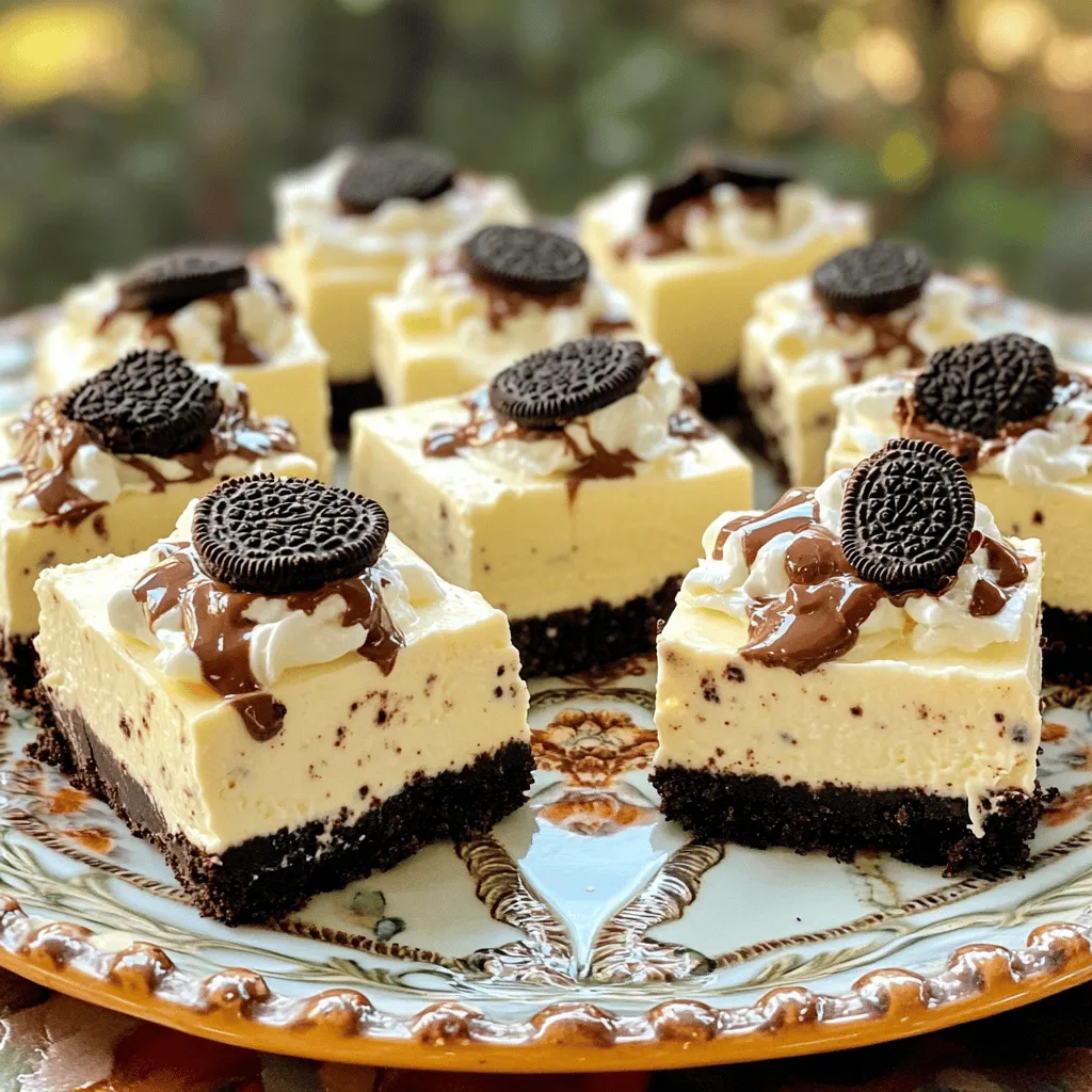 - 24 Oreo cookies, crushed - 4 tablespoons unsalted butter, melted - 16 oz cream cheese, softened - 1 cup powdered sugar - 1 teaspoon vanilla extract - 1 cup heavy whipping cream - 6 Oreo cookies, chopped, for topping This recipe starts with simple yet tasty items. You need 24 Oreo cookies for the crust. Crush them into small pieces. Mix these crumbs with 4 tablespoons of melted unsalted butter. This will help the crust hold together. Next, use 16 ounces of softened cream cheese. Make sure it is at room temperature. This helps it mix well. Add 1 cup of powdered sugar to sweeten it up. A teaspoon of vanilla extract gives it a nice flavor. For the filling, use 1 cup of heavy whipping cream. Whip it until it forms stiff peaks. This makes the dessert light and fluffy. Finally, save 6 Oreo cookies to chop and sprinkle on top. This adds a nice crunch. These ingredients come together to create a creamy dessert delight. They are easy to find and perfect for any occasion. Enjoy making your No-Bake Oreo Cheesecake Bars! Start by combining 24 crushed Oreo cookies with 4 tablespoons of melted butter. Mix them well until it looks like wet sand. This will form a tasty base for your cheesecake bars. Next, press the cookie mixture firmly into the bottom of a lined 9x9 inch baking pan. Make sure it’s even and compact. Now, place it in the refrigerator. This helps the crust set while you prepare the filling. In a large bowl, beat 16 oz of softened cream cheese until it’s smooth. Gradually add 1 cup of powdered sugar and 1 teaspoon of vanilla extract. Keep mixing until everything is well combined. This creates a creamy and sweet filling. In another bowl, whip 1 cup of heavy cream on high speed. Stop when stiff peaks form. This means the cream holds its shape. Carefully fold this whipped cream into the cream cheese mixture. Do this gently to keep it fluffy. Now, gently fold in 6 chopped Oreo pieces into the cheesecake mixture. This adds delicious bites of Oreo in every bar. Mix just enough to spread them evenly. Pour the cheesecake filling over the chilled crust. Use a spatula to spread it out evenly. Cover the pan with plastic wrap. Refrigerate it for at least 4 hours. This helps the cheesecake firm up and makes it easier to cut into bars. - Whipping cream to stiff peaks: Start with cold heavy whipping cream. Use a clean bowl and beaters. Mix on high speed until you see stiff peaks. This means the cream stands tall and does not fall over. - Avoiding deflation: When you fold whipped cream into the cheese mix, do it gently. Use a spatula and lift the mix from the bottom. This keeps air in the cream. - Creative serving suggestions: Serve your cheesecake bars on a nice platter. You can cut them into fun shapes or even use cookie cutters. This adds a playful touch. - Using chocolate sauce: Drizzle chocolate sauce on top for extra flavor. This makes your bars look fancy and taste richer. - Overmixing the cream cheese: Mix until smooth, but stop when it's creamy. Overmixing makes the bars too soft. - Not chilling long enough: Chill the bars for at least four hours. This helps them set properly. If they are not cold enough, they may fall apart when cut. {{image_2}} You can easily change the taste of your No-Bake Oreo Cheesecake Bars. One fun idea is to add mint extract. A teaspoon will give a delightful mint chocolate flavor. This twist is perfect for mint lovers! Another option is to swap the Oreo cookies. You can use other cookies like chocolate wafers or even graham crackers for the crust. Each cookie brings its own unique taste, making your bars even more exciting. If you need gluten-free options, you can use gluten-free cookies. Many brands offer gluten-free Oreo-style cookies. They taste great and work well in the crust. For those who prefer vegan options, you can replace cream cheese with vegan cream cheese. Also, use coconut cream instead of heavy cream. These swaps keep the dessert tasty while fitting different diets. Toppings can make your cheesecake bars pop. You can add fresh fruit, like strawberries or raspberries, for a fruity touch. Chocolate shavings also work well and add a rich flavor. If you want some crunch, sprinkle crushed nuts on top. Walnuts or pecans add a nice texture and taste. Each topping idea enhances your dessert and makes it look even more inviting. To keep your No-Bake Oreo Cheesecake Bars fresh, store them in the fridge. Place the bars in an airtight container. This method helps to prevent drying out and keeps the bars tasty. If you have leftovers, cut them into squares first. This makes it easy to grab a piece whenever you want a sweet treat. Always cover the bars with plastic wrap before sealing the container. This extra layer helps keep the cheesecake moist. It also protects the bars from other odors in the fridge. If you follow these steps, your dessert will stay fresh for up to five days. Freezing cheesecake bars is a great way to save some for later. First, let the bars chill completely in the fridge. Once firm, remove them from the pan. Then, use parchment paper to wrap each piece tightly. This will help keep the bars from getting freezer burn. Place the wrapped bars in a freezer-safe bag or container. Make sure to label it with the date. The bars can stay frozen for up to three months. When you are ready to enjoy them, simply take out the bars and place them in the fridge to thaw. This helps them regain their creamy texture before serving. No-Bake Oreo Cheesecake Bars last about 5 days in the refrigerator. Store them in an airtight container. For longer storage, you can freeze them for up to 3 months. Just wrap each bar in plastic wrap and then foil. Thaw in the fridge before serving. Yes, you can use low-fat cream cheese. However, the bars may taste less rich and creamy. The texture may also be slightly firmer, which some might not prefer. Full-fat cream cheese gives a better mouthfeel and flavor. You can use milk and butter as a substitute. Mix 3/4 cup of milk with 1/4 cup of melted butter. This mix won't whip like heavy cream. Your bars will still be tasty, but they won't have the same lightness and fluffiness. Yes! You can make these bars a day or two ahead. Just prepare and chill them as usual. This can save time for parties or events. Just remember to cover them well in the fridge. You can make delicious No-Bake Oreo Cheesecake Bars with just a few key steps. We covered the crucial ingredients and how to prepare each layer. Remember to chill your bars to ensure they set properly. I shared helpful tips to avoid common mistakes and suggested fun variations. Lastly, I discussed proper storage and some FAQs for your convenience. Enjoy making this tasty dessert, and don’t forget to share it with friends!