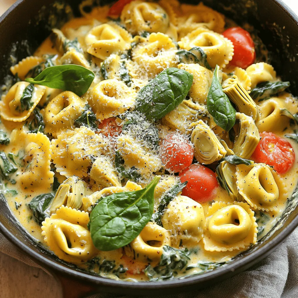 - 12 oz cheese tortellini (fresh or frozen) - 2 cups fresh spinach, roughly chopped - 1 can (14 oz) artichoke hearts, drained and roughly chopped - 1 cup cherry tomatoes, halved - 1 small onion, finely chopped - 2 cloves garlic, minced - ½ teaspoon crushed red pepper flakes (optional) - 1 cup vegetable broth - 1 cup heavy cream - ½ cup grated Parmesan cheese The key to this dish is balance. The cheese tortellini gives you a warm, soft bite that pairs well with the artichoke hearts. They add a tangy flavor that shines through. The fresh spinach provides a bright green color and an earthy taste. For a pop of sweetness, the cherry tomatoes are perfect. A touch of onion and garlic builds a rich base. They give your dish depth and warmth. If you like heat, add crushed red pepper flakes to give it a kick. The liquid ingredients are vital. Vegetable broth adds a savory note while heavy cream brings a creamy texture. Grated Parmesan cheese binds everything together with its salty, nutty flavor. Gather these ingredients, and you're set for a delightful meal. This dish is easy to make, yet it feels special. It's perfect for a cozy night in or when you want to impress friends. First, I heat olive oil in a large skillet over medium heat. The oil should shimmer but not smoke. I then add the finely chopped onion and sauté it for about 3-4 minutes. The onion becomes soft and clear. Next, I add minced garlic to the skillet. I cook it for one more minute until it releases a nice aroma. Now, I stir in the chopped artichoke hearts and halved cherry tomatoes. If you like a little heat, I sprinkle in crushed red pepper flakes. I sauté this mix for 2-3 minutes. The tomatoes start to soften and release their juices. After that, I pour in the vegetable broth and heavy cream. I stir everything together and bring the mixture to a gentle simmer. I then add the cheese tortellini to the skillet. I cook it according to the package instructions, usually about 3-5 minutes. The tortellini should be tender and heated through. Once it’s cooked, I gently fold in the fresh spinach. I let it wilt for about 1-2 minutes, making sure it stays bright green. After removing the skillet from the heat, I stir in the grated Parmesan cheese. I mix it until the cheese melts and blends well. Finally, I season the dish with salt and pepper to taste. This one-pot meal is now ready to serve! - Ensure to not overcook the tortellini. It should remain tender yet firm. - Adjust the consistency with more broth or cream as needed. This will keep the dish creamy. When cooking tortellini, check it a minute or two before the package time. This keeps it from becoming mushy. If you want a richer sauce, add more cream. For a lighter dish, just use more broth. - Serve directly from the skillet for a rustic appeal. This adds charm to your meal. - Use extra Parmesan and spinach leaves as garnishing. This gives a pop of color and flavor. Serving from the skillet makes it feel more homey. It also keeps the dish warm longer. A sprinkle of cheese and fresh spinach on top makes it look inviting. With these tips, your One-Pot Spinach Artichoke Tortellini Skillet will be a hit! {{image_2}} You can easily switch up some ingredients in this dish. Try using kale instead of spinach. Kale adds a nice crunch and flavor. You can also swap in cheese like mozzarella or feta. Each cheese gives a different taste. Be creative and find what you like best! Want to make this meal heartier? Add cooked chicken or shrimp. Both will add protein and flavor. If you prefer a vegetarian option, include beans. Beans pack a protein punch and keep the dish filling. This way, you can enjoy a tasty meal that suits your needs! Store your leftovers in an airtight container. This keeps the dish fresh. You can also use a large bowl covered with plastic wrap. The meal stays good for about 3 to 4 days in the fridge. Always let it cool completely before storing. This step helps prevent excess moisture. For reheating, the best method is using the stovetop. Heat a skillet over low to medium heat. Add a splash of vegetable broth or cream to help it warm without drying out. Stir gently to avoid sticking. If you want to use the microwave, do so in short bursts. Stir in between to ensure even heating. This keeps the dish from getting soggy. Enjoy your meal just as delicious as the first time! Yes, you can use frozen tortellini. This makes the recipe quick and easy. Just add the frozen tortellini directly to the skillet when you add the broth and cream. They will cook in about 5-7 minutes. Check the package for exact cooking times. This way, you get a delicious meal with little fuss. Absolutely! This dish is already almost vegetarian. Just ensure your tortellini is meat-free. You can also use vegetable broth, which is a great choice for flavor. This way, you keep the dish light and fresh while enjoying all the tasty vegetables. You can’t go wrong with this twist! Yes, you can double the recipe without any problem. Just use a larger skillet to fit all the ingredients. You may need to adjust the cooking time slightly. The tortellini might take a bit longer to cook through. But the flavors will still shine through in this delightful dish. Enjoy sharing it with friends or family! This blog post covers a tasty tortellini dish. We explored the main ingredients like cheese tortellini and fresh spinach. I shared simple steps to prepare this meal, from sautéing onions to cooking tortellini perfectly. You learned tips for cooking, presentation, ingredient swaps, and storage. In conclusion, this dish is easy and customizable. You can make it vegetarian or add proteins. Enjoy the cooking process and feel free to get creative!