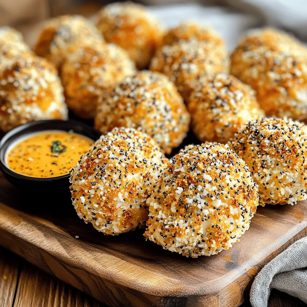 To make Air Fryer Everything Bagel Chicken Bites, you need a few simple ingredients. Here is what you will need: - 1 lb chicken breast, cut into bite-sized pieces - 1 cup buttermilk (or dairy-free alternative) - 1 cup panko bread crumbs - 4 tablespoons everything bagel seasoning - 1/2 cup all-purpose flour - Salt and pepper to taste - Cooking spray Each ingredient plays a key role. The chicken breast gives you a tasty base. The buttermilk makes the chicken juicy and tender. Panko bread crumbs add crunch. Everything bagel seasoning brings great flavor. All-purpose flour helps the breading stick. Salt and pepper enhance the taste. Cooking spray helps the bites crisp up nicely in the air fryer. When you gather these ingredients, you're ready to make a dish that packs a punch. The blend of flavors will impress anyone who tries it. Perfect for a snack or a meal, these bites are sure to be a hit. Start by cutting the chicken breast into bite-sized pieces. Place the pieces in a bowl. Pour in 1 cup of buttermilk. This helps the chicken become tender. Let the chicken marinate for at least 30 minutes. You can marinate longer for extra flavor. Prepare three bowls for the coating process. In the first bowl, mix 1/2 cup of all-purpose flour with 2 tablespoons of everything bagel seasoning. In a second bowl, place 1 cup of panko bread crumbs. Add the remaining 2 tablespoons of everything bagel seasoning, along with a pinch of salt and pepper. Once the chicken is marinated, take each piece out. First, coat the chicken in the flour mixture. Shake off any extra flour. Next, dip the chicken back into the buttermilk. Let any excess buttermilk drip off. Finally, coat the chicken in the panko mixture. Press gently to ensure it sticks well. Preheat your air fryer to 400°F (200°C). Lay the coated chicken bites in a single layer in the air fryer basket. Lightly spray them with cooking spray to help them crisp up. Air fry for 10-12 minutes. Flip the chicken halfway through for even cooking. Once the chicken is golden brown and cooked through, remove it from the air fryer. Serve hot with your favorite dipping sauce. To get that perfect crunch, use panko bread crumbs. They are lighter and crispier than regular bread crumbs. Make sure to coat the chicken well. Press down firmly with your hands when coating. This helps the crumbs stick better. Spraying the chicken bites with cooking spray adds extra crispiness. Don't skip this step! Marination is key for juicy chicken. I recommend marinating for at least 30 minutes. This allows the buttermilk to tenderize the meat. If you can, marinate for a few hours. This enhances the flavor and texture even more. A longer marination time makes a big difference in taste. These chicken bites are tasty on their own. But dipping sauces can make them even better! I love serving them with ranch or honey mustard. You can also try a spicy sriracha mayo for a kick. A classic barbecue sauce works great too. Feel free to get creative with your favorite sauces! {{image_2}} Add a kick to your chicken bites with spices. Mix in cayenne pepper or hot sauce. You can adjust the heat based on your taste. Use 1 teaspoon of cayenne in the panko mix. For hot sauce, add a few dashes to the buttermilk. This gives your bites a spicy twist. Serve with ranch or blue cheese dressing for a cool contrast. You can make this recipe gluten-free with easy swaps. Use gluten-free panko bread crumbs instead of regular ones. For the flour, choose almond flour or a gluten-free blend. Ensure the everything bagel seasoning is also gluten-free. This way, everyone can enjoy these tasty bites without worries. If you want a vegetarian option, try using cauliflower. Cut cauliflower into bite-sized pieces. Marinate the cauliflower in buttermilk just like the chicken. Coat it with the flour and panko mix. Air fry until golden brown. You can also use chickpeas for a different texture. Make them crispy and serve with a tasty dip. To store your leftover Air Fryer Everything Bagel Chicken Bites, first let them cool. Place them in an airtight container. This helps keep them fresh. You can store them in the fridge for up to three days. When you're ready to enjoy your chicken bites again, preheat your air fryer to 350°F (175°C). Place the bites in the basket in a single layer. Heat for about 5-7 minutes. This keeps them crispy and warm. Check to make sure they are heated through. If you want to freeze the chicken bites, let them cool completely first. Arrange them in a single layer on a baking sheet. Freeze until solid. Then, transfer them to a freezer-safe bag. They can stay in the freezer for up to three months. When you're ready to eat, just reheat them in the air fryer. You should marinate the chicken for at least 30 minutes. This time helps the chicken become tender and flavorful. If you have extra time, you can marinate it for up to 4 hours. Longer marinating gives the chicken a richer taste and juicier texture. Just remember to keep it in the fridge while it marinates. Yes, you can use regular bread crumbs. However, panko gives a lighter, crispier texture. If you use regular bread crumbs, your chicken bites might not be as crunchy. To make it extra crispy, try to toast the regular bread crumbs lightly before coating the chicken. You can easily make your own seasoning mix. Combine sesame seeds, poppy seeds, garlic powder, onion powder, and salt. This mix will give you a similar taste. If you want to try something different, use Italian seasoning or a blend of herbs like thyme and oregano. These can add a unique twist to your chicken bites. You can create tasty and crispy chicken bites with simple steps. Start with marinating the chicken in buttermilk for flavor and tenderness. Coat it with panko and seasoning for crunch. Air fry to cook it perfectly. Remember to explore variations like spicy or vegetarian options. Store leftovers carefully to enjoy later. These tips ensure you get the most out of your cooking. Now, go ahead and enjoy your delicious creations!