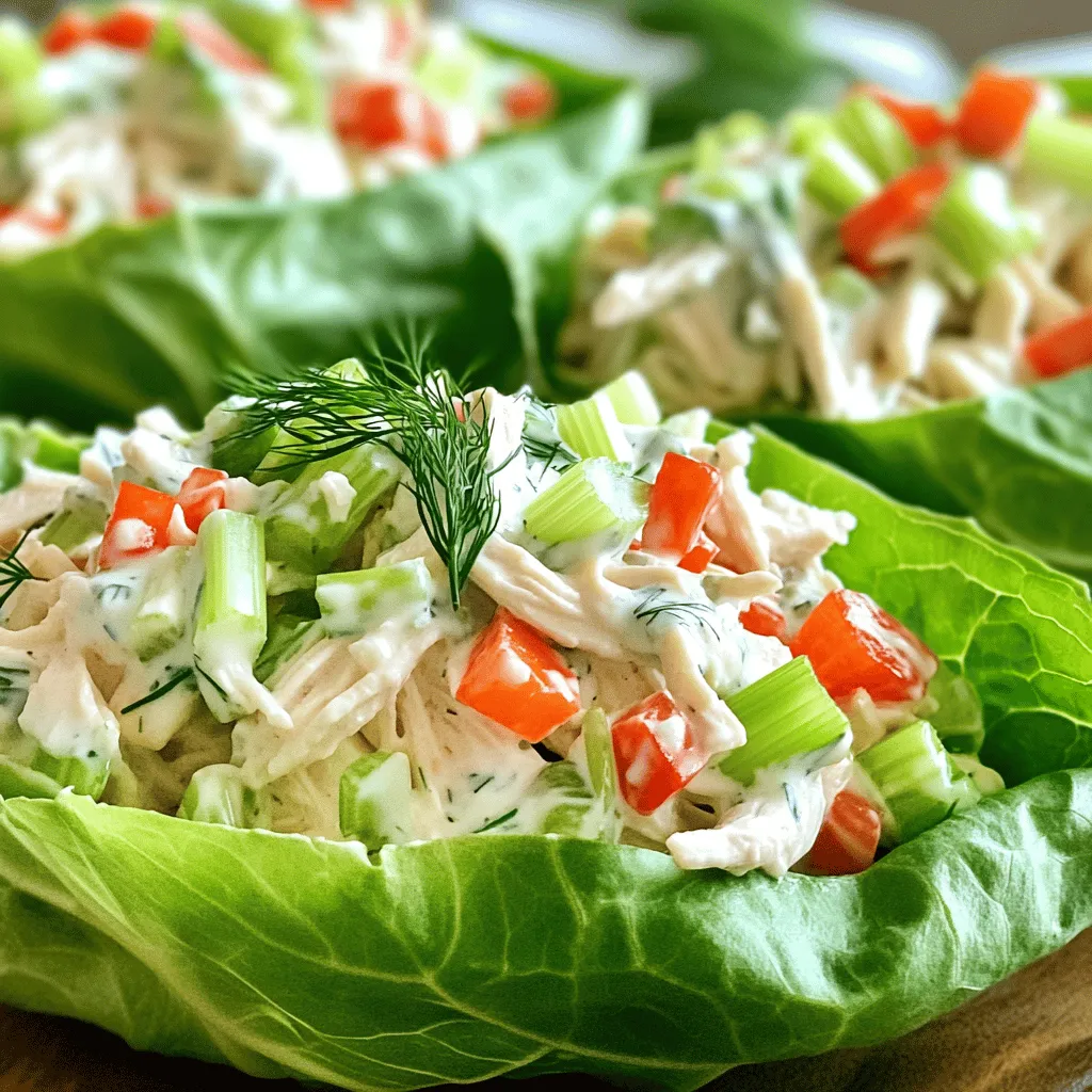 - 2 cups cooked chicken, shredded or diced - 1 cup Greek yogurt - 1/4 cup ranch seasoning, homemade or store-bought - 1/2 cup celery, finely chopped - 1/2 cup red bell pepper, diced - 1/4 cup green onions, sliced - 1 tablespoon fresh dill, chopped (or 1 teaspoon dried dill) - Salt and pepper to taste - 1 head of butter lettuce or Romaine, leaves separated To make this dish, you need simple ingredients. First, the chicken gives the salad its main protein. You can use leftover chicken or rotisserie chicken for ease. Next, Greek yogurt serves as a creamy base. It adds a nice tang and keeps it healthy. Ranch seasoning brings that classic flavor. You can make your own or buy it. Either way, it adds a nice kick. For veggies, celery adds a fresh crunch. Red bell pepper adds sweetness and color. Green onions give a mild bite and nice green notes. Finally, fresh dill enhances the ranch flavor. Don't forget salt and pepper to taste. The lettuce leaves are your fun boats. They hold everything together and add crunch. This mix of fresh ingredients makes your salad bright and tasty! 1. In a large mixing bowl, combine 2 cups of cooked chicken, 1 cup of Greek yogurt, and 1/4 cup of ranch seasoning. 2. Stir the mixture well. Make sure the chicken is well-coated with yogurt and seasoning. 3. Next, add 1/2 cup of finely chopped celery, 1/2 cup of diced red bell pepper, 1/4 cup of sliced green onions, and 1 tablespoon of fresh dill to the bowl. 4. Mix everything together until combined. 5. Taste the mixture. Add salt and pepper to your liking. 1. Carefully wash the lettuce leaves. Make sure to rinse off any dirt. 2. Dry the leaves gently with a paper towel or a clean cloth. 3. Arrange the washed leaves on a serving platter or on individual plates. 1. Spoon the chicken salad mixture into each lettuce leaf. Fill them generously. 2. For a tasty touch, drizzle a little extra Greek yogurt on top. 3. You can also garnish with a sprinkle of dill or more green onions. 4. Serve right away for the best flavor and crunch. To make a great chicken salad, start with good chicken. You can use cooked chicken from your fridge or grab a rotisserie chicken from the store. Rotisserie chicken has a nice flavor and saves time. Next, balance your flavors with seasoning. The ranch seasoning is key for that creamy taste. Add it slowly and taste as you go. This way, you can find the right mix that you enjoy. Plating is fun and can make your dish shine. Use a large platter for the lettuce leaves. Arrange them neatly for a nice look. You can add a sprinkle of dill or green onions on top for color. For extra flair, think of toppings. You can add sliced cherry tomatoes, crunchy nuts, or even avocado slices. These will add both flavor and a pop of color to your salad. Want to make your salad even better? Add more veggies. Diced cucumbers, shredded carrots, or even peas can boost the crunch and nutrition. If you want more protein, consider adding beans or chickpeas. These options are filling and healthy. Lastly, think about your dressing. If you want a lighter option, mix in a bit of lemon juice or vinegar with the Greek yogurt. This will keep it fresh and tangy without extra calories. {{image_2}} You can change up the protein in this dish easily. Turkey works great if you want a leaner meat. Just shred or dice it like the chicken. Tofu is a good choice too. It picks up flavors well and keeps it light. For a vegetarian option, you can use beans or chickpeas. They add protein and fiber, making the salad more filling. The ranch seasoning is key to this recipe. You can adjust it to suit your taste. If you want more flavor, add a bit more seasoning. If you prefer a milder taste, cut back on it. Want a spicy kick? Add some cayenne pepper or hot sauce. Just a pinch can make a big difference! To make your salad even more exciting, think about adding nuts or seeds. Chopped almonds or sunflower seeds give a nice crunch. If you're in the mood for something creamy, avocado is a fantastic choice. It adds richness and pairs well with the Greek yogurt. Plus, it boosts the healthy fats in your meal! To keep your chicken salad fresh, use an airtight container. Glass containers work best. They prevent odors and keep your salad crisp. For best taste, eat the salad within three days. After that, it may lose its flavor and texture. Can you freeze Greek Yogurt Ranch Chicken Salad? I do not recommend it. Freezing can change the texture of Greek yogurt. If you must freeze it, follow these steps: Pack the salad in a freezer-safe bag. Remove all air to prevent freezer burn. To thaw, place it in the fridge overnight. Stir well before serving. To keep your chicken salad fresh when reheating, do not heat it. Instead, serve it cold. You can use leftovers in a wrap or on a sandwich. This adds variety to your meals. You can also top a green salad with the chicken salad for a tasty twist. It takes just 15 minutes to make Greek Yogurt Ranch Chicken Salad Lettuce Boats. This includes both prep and cook time. You can whip up this tasty meal quickly, making it great for busy days. Yes, you can use other types of yogurt. If you don't have Greek yogurt, try regular yogurt. You can also use dairy-free options like almond or coconut yogurt. Just remember that it might change the taste and texture slightly. You can serve a variety of side dishes with these lettuce boats. Fresh fruit like berries or melon pairs nicely. A light soup, such as tomato or vegetable, can also work well. You could add some whole-grain crackers for a crunchy side. This blog post covered how to make Greek Yogurt Ranch Chicken Salad Lettuce Boats. We looked at key ingredients, including chicken, yogurt, and spices. You learned step-by-step how to prepare the salad and serve it. I shared tips for making it tasty and ways to vary the recipe. As you create this dish, remember to have fun and make it your own. Enjoy your meal and impress your friends with your cooking skills!
