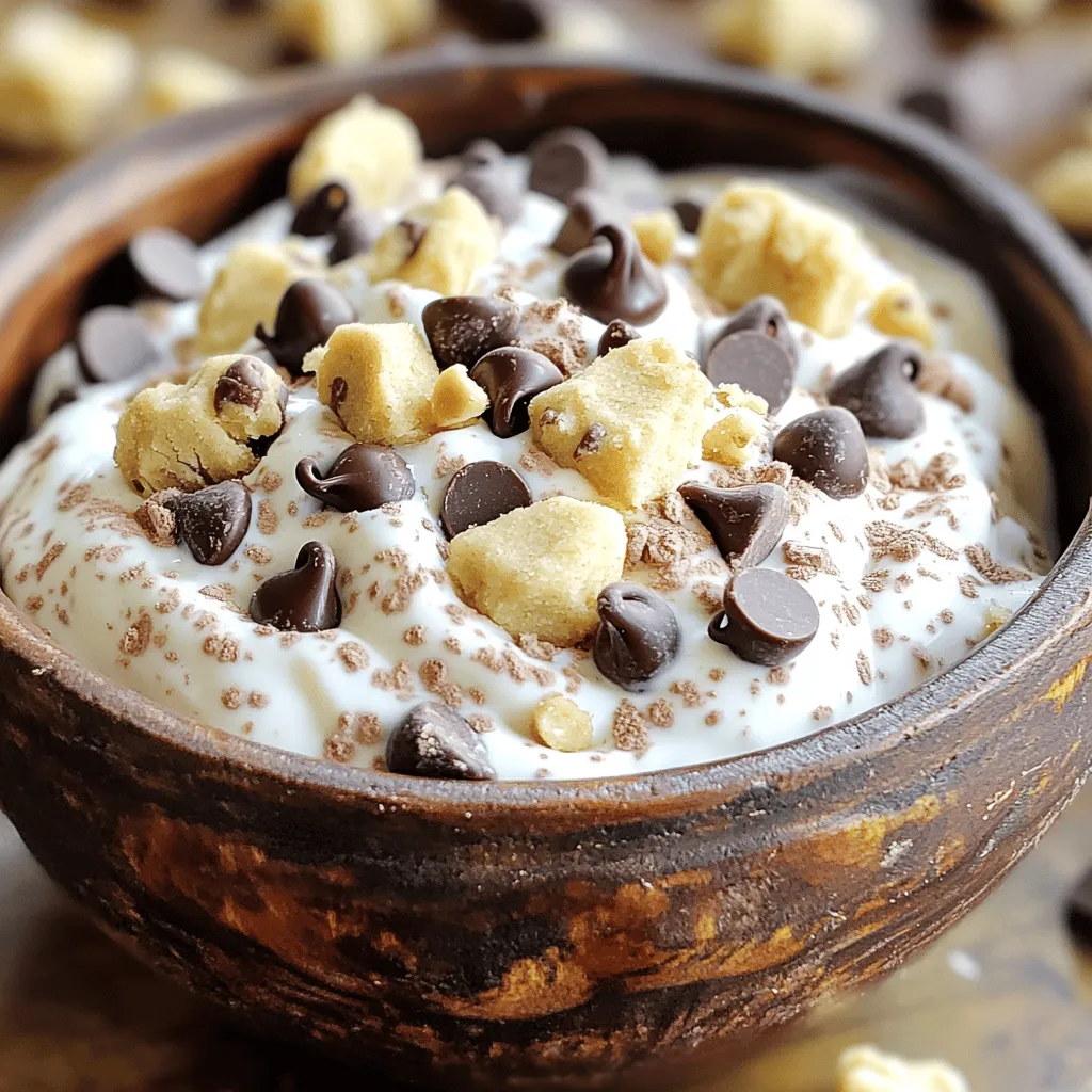 - 2 cups plain Greek yogurt - 1/4 cup almond flour - 1/4 cup brown sugar or coconut sugar - 2 tablespoons maple syrup - 1 teaspoon vanilla extract - 1/4 teaspoon salt - 1/2 cup mini chocolate chips - 1/4 cup walnuts, chopped (optional) - Additional chocolate chips or cookie dough pieces for topping (optional) To make Chocolate Chip Cookie Dough Greek Yogurt, gather these simple ingredients. Each one adds flavor and texture. The Greek yogurt gives a creamy base. Almond flour brings a nice nutty taste. Brown sugar or coconut sugar adds sweetness. Maple syrup enhances the flavor, while vanilla extract gives depth. A touch of salt balances the sweet notes. Mini chocolate chips create that cookie dough feel. If you like, add chopped walnuts for crunch. For a fun finish, top with more chocolate chips or cookie dough pieces. These ingredients not only taste great but also blend well together. They make a light and tasty treat. You can adjust the sweetness to your liking. Feel free to experiment with the toppings too. Enjoy making your own version! - First, grab a large mixing bowl. Add 2 cups of plain Greek yogurt. - Next, mix in 1/4 cup almond flour and 1/4 cup brown sugar or coconut sugar. - Pour in 2 tablespoons of maple syrup, 1 teaspoon of vanilla extract, and 1/4 teaspoon of salt. - Now, use a whisk to mix until the mixture is smooth and creamy. - Make sure there are no lumps from the almond flour or sugar. - Gently fold in 1/2 cup mini chocolate chips and 1/4 cup chopped walnuts if you want. - After mixing, transfer the Greek yogurt mixture into serving bowls. - Chill the bowls in the refrigerator for at least 30 minutes. - Chilling helps the flavors blend and makes the treat extra tasty. - Serve it cold for the best experience! To make your Chocolate Chip Cookie Dough Greek Yogurt super smooth, whisk it well. Use a large bowl and a sturdy whisk. Start with the yogurt, almond flour, and sugar. Mix these together first. It helps to break down any lumps. Whisk until it looks creamy and well-blended. If you see lumps, keep whisking! This step is key for a great texture. After mixing, taste your yogurt. If it needs more sweetness, add more maple syrup or brown sugar. A little goes a long way. You can also try using honey or agave syrup for different flavors. Just remember, start small and add more as needed. You want it to taste just right for you. When serving, think about toppings! Add extra chocolate chips or small cookie dough pieces on top. This makes it look fancy and fun. You can also serve it in cute bowls or jars. For gatherings, consider pairing it with fresh fruits or granola. This adds color and crunch. Your guests will love it! {{image_2}} You can make this treat healthier in easy ways. First, use non-dairy yogurt. Almond or coconut yogurt works well. This swap keeps the taste while cutting dairy. Next, reduce the sugar. You can cut the brown sugar in half. Try using a sugar substitute like stevia or monk fruit for a lighter version. This change still gives sweetness without the extra calories. Get creative with mix-ins! You can add dried fruits like raisins or cranberries. Nuts also add crunch and flavor. Try walnuts, pecans, or almonds for a nutty twist. You can also explore flavor variations. Add a spoonful of peanut butter for a rich taste. Or, try seasonal spices like cinnamon or pumpkin spice during the fall. These options keep your yogurt fun and fresh. Pair your Greek yogurt with fresh fruits like berries or banana slices. This adds color and flavor. Another fun idea is to make a parfait. Layer your yogurt with granola and fruits in a glass. This not only looks pretty but also makes a great breakfast or snack. Enjoy your delicious creations! To store leftover Chocolate Chip Cookie Dough Greek Yogurt, keep it in an airtight container. This helps it stay fresh and tasty. You can enjoy it for up to 5 days in the fridge. Make sure to scoop out what you need without touching the rest to keep it safe. If you want to save some for later, freezing is a great option. Divide the mixture into small portions and place them in freezer-safe containers. You can freeze the yogurt for up to 3 months. When you’re ready to enjoy it, take a portion out and place it in the fridge. Let it thaw overnight for the best texture. Avoid microwaving it, as that can change how it feels and tastes. You can use oat flour or all-purpose flour. Both work well in recipes. Oat flour adds a nice texture. All-purpose flour keeps it simple. To make it vegan, swap Greek yogurt for a plant-based yogurt. Use maple syrup instead of brown sugar. Ensure your chocolate chips are dairy-free. These changes keep the same yumminess. Yes, you can use regular yogurt. It will make the dish thinner. You might need to adjust the almond flour to keep it thick. Serve it in small bowls or cups. Top it with extra chocolate chips or cookie dough pieces. Enjoy it cold for the best flavor. Yes, this recipe is kid-friendly. To make it safe for nut allergies, skip the walnuts. This treat is fun and safe for kids to enjoy! This blog post covered a delicious Greek yogurt dessert. We explored the key ingredients, simple steps, and helpful tips. You learned how to achieve the perfect creaminess and adjust sweetness. Variations and serving suggestions offered fresh ideas for your dessert. In conclusion, this recipe is easy to customize and share. Create it for fun gatherings or as a tasty treat. Enjoy making this dish for family and friends. It’s sure to impress!