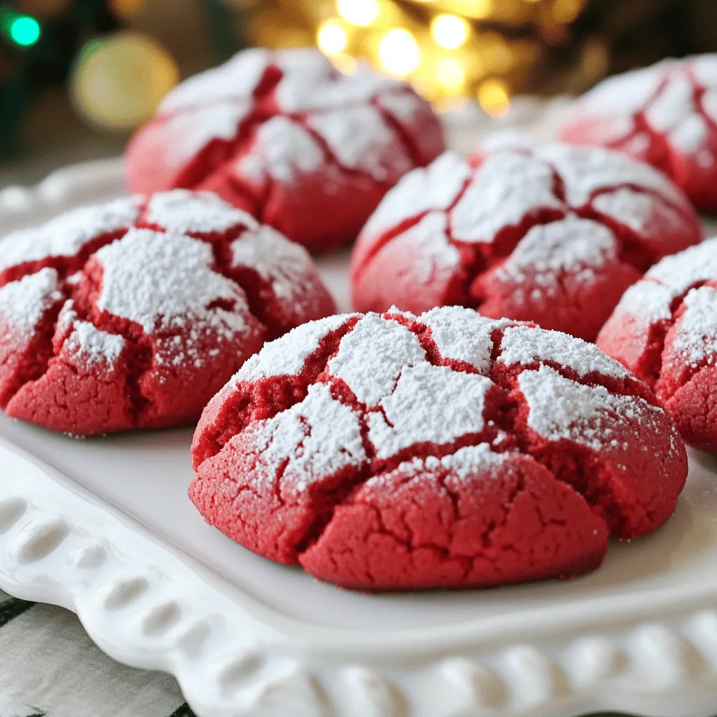 To make Bakery-Style Red Velvet Crinkle Cookies, you need: - 1 and 1/2 cups all-purpose flour - 1/2 cup unsweetened cocoa powder - 1 teaspoon baking powder - 1/2 teaspoon baking soda - 1/4 teaspoon salt - 1/2 cup unsalted butter, softened - 1 cup granulated sugar - 1 large egg - 1 tablespoon red food coloring - 1 teaspoon vanilla extract - 1/2 cup powdered sugar for rolling You can swap a few ingredients for different flavors or needs: - Use gluten-free flour for a gluten-free option. - Try Dutch-processed cocoa powder for a richer taste. - Substitute coconut oil for butter if you want a dairy-free treat. - Use aquafaba in place of the egg for a vegan version. Here are some helpful tips for using the ingredients: - Measure flour using the spoon-and-level method to avoid dense cookies. - Make sure your butter is softened, not melted, for the best texture. - Chill the dough to help the cookies retain their shape while baking. - Roll the dough balls in powdered sugar just before baking for that crinkle effect. - Use fresh baking powder and baking soda for a good rise. These tips and options will help you create the best Bakery-Style Red Velvet Crinkle Cookies. Enjoy your baking! First, get your oven ready. Preheat it to 350°F (175°C). This heat is perfect for baking cookies. Next, take a baking sheet and line it with parchment paper. This helps the cookies not stick and makes cleanup easy. In a mixing bowl, gather your dry ingredients. You will need: - 1 and 1/2 cups all-purpose flour - 1/2 cup unsweetened cocoa powder - 1 teaspoon baking powder - 1/2 teaspoon baking soda - 1/4 teaspoon salt Whisk these together until blended. This step is key for even flavor and texture. Now, move to a large mixing bowl. Add 1/2 cup of softened unsalted butter and 1 cup of granulated sugar. Use a mixer to cream them together. Mix for about 2-3 minutes until light and fluffy. This step adds air, making your cookies soft. Next, it’s time for the wet ingredients. Beat in 1 large egg, 1 tablespoon of red food coloring, and 1 teaspoon of vanilla extract. Mix until it is a vibrant red color. Slowly add your dry mixture to this bowl. Stir until just combined. Be careful not to overmix! Your dough should be thick and soft. Cover the bowl with plastic wrap. Place it in the fridge for 30 minutes. Chilling the dough helps it firm up. It makes rolling easier and helps the cookies keep their shape. Once chilled, scoop tablespoon-sized portions of dough. Roll each portion into a ball. Next, roll each ball in powdered sugar until fully coated. This will give the cookies their signature crinkle look. Place the dough balls on your prepared baking sheet about 2 inches apart. Bake them in the oven for 10-12 minutes. Look for edges that are set and tops that are crinkled. After baking, let them cool on the sheet for 5 minutes. Then, transfer them to a wire rack to cool completely. Enjoy your delicious bakery-style red velvet crinkle cookies! To get that perfect crinkle, you need a few things. First, chill your dough. This makes it easier to shape and helps the cookies hold their form. Second, do not overmix the dough. Mix until just combined. This keeps your cookies soft and chewy. Lastly, roll the dough balls in powdered sugar well. This creates a nice, sweet crust that makes them look beautiful. One mistake is skipping the chilling step. If you skip it, your cookies may spread too much. Another error is not measuring ingredients correctly. Use a kitchen scale for precise amounts. Also, don’t open the oven door too soon. This can cause your cookies to deflate. Wait until the time is almost up. Check for the edges being set and the tops crinkled. A few tools help make these cookies easier. Use a mixing bowl and whisk for dry ingredients. A stand mixer or hand mixer works well for creaming butter and sugar. You’ll need a cookie scoop for even portions. Parchment paper on your baking sheet prevents sticking. Finally, a wire rack cools your cookies evenly. With the right tools, you'll create bakery-style cookies at home! {{image_2}} You can add fun twists to your red velvet cookies. Consider mixing in chocolate chips for extra sweetness. Nuts like pecans or walnuts add a nice crunch. For a richer taste, try adding white chocolate chips. You can also use dark cocoa powder instead of regular cocoa. This gives a deeper chocolate flavor. If you need gluten-free cookies, swap all-purpose flour for a gluten-free blend. Make sure it works well in baking. For a vegan option, replace the egg with flaxseed meal. Use a plant-based butter substitute for the same creamy texture. These swaps keep the cookies tasty while meeting dietary needs. Pair your crinkle cookies with a glass of cold milk. The creaminess of milk balances the cookie's sweetness. You can also serve them with coffee or hot chocolate. The warm drinks enhance the cookie's rich flavors. Try placing the cookies on a bright red platter for a cheerful touch. A light dusting of powdered sugar adds a nice finish. To keep your red velvet crinkle cookies fresh, store them in an airtight container. This helps keep moisture in, so they stay soft. Place parchment paper between layers to avoid sticking. Store them at room temperature for up to five days. If you want them to last longer, consider freezing. To freeze these cookies, let them cool completely first. Then, arrange them in a single layer on a baking sheet. Freeze for about one hour until firm. Once frozen, transfer them to a freezer-safe bag or container. They can stay fresh for up to three months in the freezer. Remember to label the bag with the date. If your cookies become a bit stale, don’t worry. You can bring back their softness. Place a slice of bread in the container with the cookies for a few hours. The cookies will absorb the moisture from the bread. If frozen, let them thaw at room temperature. For a warm treat, pop them in the microwave for a few seconds. Enjoy the delightful taste of fresh cookies again! Yes, you can use other colors. I recommend gel food coloring. It gives bright shades. Liquid colors may change the dough's texture. For a fun twist, try blue or green! Look for crinkles on top. The edges should be set, but the center may look soft. Bake them for 10-12 minutes. If you touch the tops gently, they should spring back. Absolutely! Just multiply each ingredient by two. Use two baking sheets if needed. Keep an eye on baking time. They might need an extra minute or two. If your dough feels sticky, add a bit more flour. Start with one tablespoon at a time. Chilling the dough helps too. Refrigerate for 30 minutes before rolling. This blog post covered the key ingredients, step-by-step instructions, and tips for baking perfect cookies. You learned about ingredient alternatives, common mistakes, and even how to store your treats. Remember, achieving the right texture and flavor can be simple with the right steps. Don’t hesitate to experiment with variations and have fun. With these tips, you'll bake cookies that everyone loves. Now, gather your ingredients and start your baking adventure!