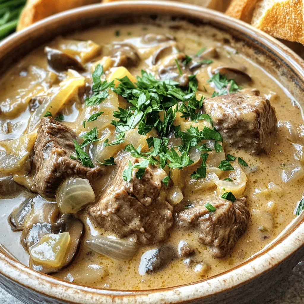 - 2 pounds beef chuck roast, cut into 1-inch cubes - 1 medium onion, finely chopped - 3 cloves garlic, minced - 8 ounces mushrooms, sliced (button or cremini) - 2 cups beef broth - 1 tablespoon Worcestershire sauce - 1 teaspoon paprika - Salt and pepper to taste - 1 cup sour cream - 2 tablespoons all-purpose flour - Fresh parsley, chopped (for garnish) Gather these ingredients for a rich and creamy beef stroganoff. The beef chuck roast gives the dish great flavor. Onions and garlic add depth. Mushrooms bring an earthy taste. Beef broth keeps the meat moist. Worcestershire sauce adds a nice zing. The seasonings are simple but effective. Paprika adds warmth, while salt and pepper enhance every bite. The sour cream makes the sauce creamy. Flour thickens it, creating a luscious texture. Finally, fresh parsley adds a pop of color and freshness. With these ingredients on hand, you can create a comforting meal that warms the soul. Enjoy the process of cooking and the delightful aroma that fills your home! - Season the beef cubes with salt, pepper, and paprika. Use enough to coat each piece well. - In a large skillet, brown the beef in batches. Cook for about 5-6 minutes until all sides are seared. Transfer the browned beef to the slow cooker. This step adds great flavor. - In the same skillet, add the chopped onion and minced garlic. Sauté until soft and fragrant, about 3-4 minutes. You want them to smell amazing. - Next, add the sliced mushrooms to the skillet. Cook for another 5 minutes until they release moisture. This makes them tasty and tender. Transfer the mushrooms to the slow cooker. - Pour the beef broth and Worcestershire sauce into the slow cooker. Stir to combine all ingredients. This mixture brings everything together. - Ensure all the beef and vegetables are well-coated in the sauce. - Set the slow cooker to low for 8 hours or high for 4 hours. Cooking it low makes the beef super tender. - About 30 minutes before serving, whisk together the sour cream and flour in a small bowl until smooth. Stir this mixture into the slow cooker. This will thicken your sauce nicely. - Cook the egg noodles according to package instructions. Drain them well. - Serve the beef stroganoff over the cooked noodles. Garnish with chopped parsley for a pop of color. This makes your dish look great! To enhance flavor, I suggest adjusting the salt and pepper. Taste the broth before adding more seasoning. Feel free to add a pinch of garlic powder for extra depth. When browning beef, heat your skillet well. This step creates a nice crust. Cook in small batches to avoid steaming the meat. Each piece needs space to sear properly. Aim for about 5-6 minutes per batch. Slow cookers vary in heat levels. If yours cooks hot, check beef earlier. For low heat settings, you may need an extra hour. Use a fork to test tenderness. The beef should break apart easily when done. Serve your beef stroganoff in shallow bowls. This makes it look nice and allows for easy eating. For a full meal, add a side of crusty bread. It’s perfect for dipping into the rich sauce. A sprinkle of fresh parsley adds color and freshness. This simple touch makes your dish pop! {{image_2}} You can switch beef for chicken or turkey. This change keeps the meal light. Use skinless chicken thighs for best flavor. They will stay juicy in the slow cooker. For a dairy-free option, swap sour cream with a plant-based alternative. Look for coconut cream or cashew cream. These options still add creaminess to the dish. Adding veggies can boost flavor and nutrition. Carrots and peas are great choices. They add color and sweetness to the dish. You can toss them in the slow cooker with the beef. You might also want to try new spices. Thyme adds earthiness, while a bay leaf gives depth. These spices can elevate the taste of your stroganoff. Just add them to the slow cooker early on. You can serve beef stroganoff over many types of noodles. Egg noodles are classic, but you can try fettuccine or even zoodles. Each type of noodle brings a different texture. Another option is to serve the stroganoff with rice or mashed potatoes. Both options soak up the rich sauce well. They make the meal hearty and filling. To store leftovers, cool the beef stroganoff to room temperature. Place it in airtight containers. I recommend using glass containers for easy reheating and to avoid any odors. Keep the stroganoff in the fridge for up to three days. You can freeze cooked stroganoff for later meals. Just let it cool completely, then transfer it to freezer-safe bags or containers. Remove as much air as possible before sealing. To thaw, place it in the fridge overnight. Reheat in a pot over low heat, stirring often. You may need to add a splash of beef broth to loosen the sauce. For maximum freshness, enjoy your beef stroganoff within three days when refrigerated. When frozen, it can last for about three months. Watch for signs of spoilage, like a sour smell or discoloration. If you see any of these, it’s best to toss it out. Yes, you can skip browning the meat. However, browning adds more flavor. This step helps seal in juices and creates a nice crust. If you don't brown, your dish may taste less rich. I suggest you try it both ways to find your favorite. Cooking beef stroganoff takes about 8 hours on low or 4 hours on high. The longer cooking time allows the beef to become very tender. Check for doneness around the end of the cooking time. Your beef should easily pull apart with a fork. Using frozen beef is not recommended. It may not cook evenly in the slow cooker. Thaw the beef first for best results. Plan ahead to let it sit in the fridge overnight or use cold water to thaw quickly. Beef stroganoff pairs well with egg noodles, rice, or mashed potatoes. You can also serve it with a side of crusty bread. Fresh salad or steamed vegetables add a nice touch too. These sides balance the rich flavors of the dish. If your sauce is watery, whisk together more flour with sour cream. Add this mixture to the slow cooker about 30 minutes before serving. Stir well and let it cook to thicken. You can also let the sauce simmer longer with the lid off. In this post, we covered how to make Slow Cooker Beef Stroganoff. We discussed key ingredients, cooking steps, and added tips for the best flavor and presentation. You learned about ingredient substitutes and how to store leftovers for later. Enjoy your cooking, and don't hesitate to try variations! You’ll create a meal that warms hearts and satisfies all. I hope this guide helps you become more confident in your kitchen.