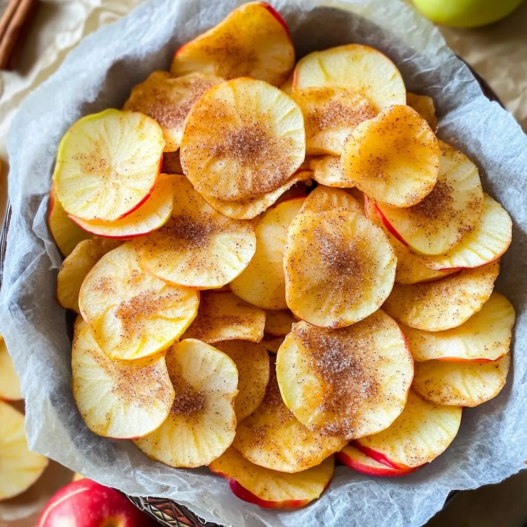 - 2 large apples (Fuji or Honeycrisp) - 1 tablespoon granulated sugar - 1 teaspoon ground cinnamon - 1/4 teaspoon salt - Cooking spray or coconut oil To make air fryer cinnamon sugar apple chips, you need just a few simple ingredients. First, select two large apples. I love using Fuji or Honeycrisp apples for their sweet flavor and crunch. Next, grab granulated sugar, ground cinnamon, and a little salt. These add a sweet and spicy kick. Lastly, you will need cooking spray or coconut oil to help the cinnamon sugar stick to the apple slices. The beauty of this recipe is its simplicity. You can find all these ingredients in your kitchen. This makes it easy to whip up a healthy snack anytime. The combination of sugar and cinnamon creates a warm flavor that enhances the apples. I often find that having these ingredients on hand leads to many delicious snack moments. Plus, the air fryer makes everything crisp without much oil. Enjoy the fun of making these tasty chips! Start by washing your apples. I like to use Fuji or Honeycrisp for their sweetness. Next, core the apples and slice them very thin, about 1/8 inch thick. A mandoline slicer works great for this. The thinner the slices, the crispier your apple chips will be. Grab a small bowl and mix together 1 tablespoon of granulated sugar, 1 teaspoon of ground cinnamon, and 1/4 teaspoon of salt. This blend adds a sweet and warm flavor to your chips. Make sure it is well combined so every bite is tasty. In a large bowl, place your apple slices. Lightly spray them with cooking spray or toss them with a little coconut oil. This helps the cinnamon sugar stick. Then, sprinkle your cinnamon sugar mix over the apple slices. Toss gently to coat all the slices evenly. Preheat your air fryer to 320°F (160°C). Arrange the apple slices in a single layer in the basket. Be careful not to overlap them. This step is key for even cooking. Depending on your air fryer size, you may need to do this in batches. Cook the apple slices for 10-15 minutes. Shake the basket halfway through to ensure they cook evenly. Watch closely to avoid burning. Once they are crispy and lightly golden, take them out and let them cool. They will get even crispier as they cool down. To get the best crispiness, slice the apples thin. Aim for 1/8 inch thick slices. Thin slices cook better and become crispier. Air circulation is key. Spread the apple slices in a single layer in your air fryer basket. Avoid stacking them. This helps the hot air flow around each slice, making them crispy. Cooking times may change based on your air fryer. Most models cook at 320°F (160°C). Start with 10 minutes, then check. Shake the basket halfway through. If they need more time, cook for an extra 2-5 minutes. Keep a close watch to prevent burning. Each air fryer can be a little different, so adjust as needed. Presentation matters! Serve your apple chips in a nice bowl. Line it with parchment paper for a clean look. Add a sprinkle of cinnamon on top for extra flavor. Whole apple slices can add color and charm. These small touches make your dish stand out, whether it’s a snack or dessert. {{image_2}} You can make these apple chips even tastier. One great way is to add nutmeg. Just a pinch can give your chips a warm, cozy taste. You can also add a drop of vanilla extract. This will make the flavor pop and add a sweet aroma. Want to switch up the sweetness? Try using honey instead of sugar. It adds a nice touch and a natural sweetness. Maple syrup is another option. It gives a unique flavor that pairs well with apples. If you need a low-calorie choice, consider stevia. It sweetens without the extra calories. You don't have to stop at apples. Pears are a perfect fruit to try. They have a sweet and juicy flavor that works well. You can even use sweet potatoes. They will give you a different taste and texture. Slice them thin, just like the apples, for the best results. To keep your apple chips fresh, store them in an airtight container. Use a glass jar or a resealable plastic bag. Make sure the chips are completely cool before sealing. This step prevents moisture from making them soggy. If you want, you can also add a small packet of silica gel. This helps absorb any extra moisture. When stored properly, apple chips can last up to two weeks. After that, they may lose some of their crunch. For the best taste, eat them within the first week. If you notice any signs of moisture or softness, it’s best to discard them. To bring back the crunch, you can reheat the apple chips. Place them in the air fryer for about 3-5 minutes at 320°F (160°C). Check them often to avoid burning. Alternatively, you can use an oven set to a low temperature. Just watch closely to ensure they crisp up nicely without browning too much. Yes, you can use different apples! I find Fuji and Honeycrisp apples work best. They have a sweet taste and crisp texture. Other good options include Granny Smith for a tart flavor or Gala for sweetness. Each type gives a unique taste, so feel free to explore. To make these apple chips healthier, cut down on sugar. You can use less sugar or try natural sweeteners like honey or maple syrup. Using whole apples means you keep the peel, which adds fiber. You can also skip the oil or use less. Every little change helps! The best air fryer temperature for apple chips is 320°F (160°C). This setting helps the chips cook evenly and get nice and crispy. Always check them halfway through cooking. Every air fryer is a bit different, so adjust if needed! You now know how to make tasty apple chips easily. We covered the needed ingredients, step-by-step instructions, and tips for perfect crispiness. You learned how to store them well and even explored fun variations. Remember, thin slices and even cooking are key. Whether you enjoy them as a snack or add your favorite flavors, homemade apple chips are a hit. Give it a try and enjoy your crunchy treat!