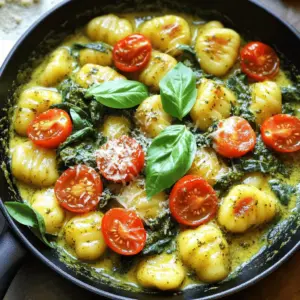 To make this delicious dish, you need a few key ingredients: - 1 package (16 oz) gnocchi - 2 tablespoons olive oil - 1 cup cherry tomatoes, halved - 1 cup spinach, roughly chopped - 1 cup heavy cream - 1/2 cup basil pesto - 1/4 cup grated Parmesan cheese - Salt and pepper to taste - Fresh basil leaves for garnish These ingredients come together to create a rich and creamy sauce that perfectly coats the gnocchi. You can customize this dish to fit your taste. Here are some optional ingredients: - Cooked chicken or shrimp for protein - Mushrooms for an earthy flavor - Peas or zucchini for added veggies - Different cheese like mozzarella or goat cheese for variation Feel free to mix and match based on what you have on hand! For this recipe, I recommend using potato gnocchi. They are soft and fluffy, making them perfect for soaking up the creamy sauce. You can also try: - Fresh gnocchi for a lighter texture - Whole wheat gnocchi for a healthier option - Gluten-free gnocchi if you need a gluten-free dish Choose what you prefer, and enjoy the flavors in this one-skillet meal! Start by gathering all your ingredients. You will need: - 1 package (16 oz) gnocchi - 2 tablespoons olive oil - 1 cup cherry tomatoes, halved - 1 cup spinach, roughly chopped - 1 cup heavy cream - 1/2 cup basil pesto - 1/4 cup grated Parmesan cheese - Salt and pepper to taste - Fresh basil leaves for garnish Make sure to wash the cherry tomatoes and chop the spinach. This makes cooking smoother. In a large skillet, heat the olive oil over medium heat. Once hot, add the gnocchi. Sauté for about 3-5 minutes until they turn golden brown. Stir them often to stop sticking. Next, add the halved cherry tomatoes. Cook them for another 2-3 minutes until they soften. Then, stir in the chopped spinach. Cook until it wilts, which takes about a minute. Now, pour in the heavy cream and basil pesto. Stir to mix well and bring it to a gentle simmer. Add the grated Parmesan cheese. Mix until the cheese melts and the sauce thickens slightly. Season with salt and pepper to taste. Let the gnocchi simmer in the sauce for another 2-3 minutes. This allows the flavors to blend and the gnocchi to warm through. Turn off the heat and let the dish cool for a minute. Serve the creamy pesto gnocchi directly from the skillet. Garnish with fresh basil leaves and a sprinkle of extra Parmesan cheese. Pair it with a crusty piece of bread to soak up that rich sauce. Enjoy your quick and tasty meal! To get that perfect golden color on your gnocchi, heat olive oil well. Use medium heat and add the gnocchi in a single layer. Let them cook for 3-5 minutes without stirring too much. This helps them brown nicely. If you stir too often, they can become mushy. You can boost the flavor of your creamy pesto gnocchi easily. Consider adding minced garlic while cooking the gnocchi. Garlic adds a nice kick. You can also toss in red pepper flakes for some heat. Fresh herbs like thyme or oregano can add freshness too. A squeeze of lemon juice right before serving brightens the dish. One common mistake is cooking the gnocchi too quickly. Always ensure the oil is hot before adding them. Another mistake is not seasoning enough. Always taste and adjust the salt and pepper. Lastly, avoid overcooking the cream sauce. Let it simmer gently to keep it creamy, not curdled. {{image_2}} For a vegetarian version of One-Skillet Creamy Pesto Gnocchi, keep all the main ingredients. Just swap the heavy cream for a plant-based cream. You can use coconut cream or cashew cream to create a rich texture. Both options blend well with basil pesto. This keeps the dish creamy and delicious. If you want a vegan dish, choose a vegan pesto. Many brands offer this. Also, skip the Parmesan cheese or use a vegan cheese alternative. Nutritional yeast can give a cheesy flavor without dairy. You can easily customize this recipe. If you don't have gnocchi, try using pasta. Choose a short shape like penne or farfalle. They cook quickly and work well in the sauce. Cherry tomatoes add freshness, but you can use bell peppers or zucchini. Just chop them into small pieces. If you want less creaminess, use vegetable broth instead of heavy cream. You can also substitute spinach with kale or arugula. They provide a nice crunch and flavor. To change up the flavor, consider sun-dried tomatoes. They add a sweet and tangy taste. Just chop them and add them with the spinach. For a more vibrant taste, try adding lemon juice or zest. This brightens the dish and adds freshness. If you prefer a spicy kick, toss in some red pepper flakes. It gives the dish a nice heat that balances the cream. These variations allow you to create a meal that matches your taste. Enjoy experimenting! Store your creamy pesto gnocchi in an airtight container. This keeps it fresh and safe. Let it cool to room temperature first. Then, transfer it to the container. Always use glass or plastic containers with tight lids. Avoid using metal containers, as they can react with the sauce. To reheat your gnocchi, use a skillet for best results. Place it over medium heat. Add a splash of water or additional cream to prevent sticking. Stir gently until heated through. You can also use the microwave. Heat in short bursts, stirring in between. This way, you prevent uneven heating. You can keep your leftover creamy pesto gnocchi for about three days in the fridge. If you want to store it longer, freeze it. In the freezer, it can last up to three months. Just remember to label the container with the date. This helps you track how long it has been stored. You can serve creamy pesto gnocchi with several tasty sides. A fresh salad pairs well. Try a simple arugula salad with lemon dressing. Garlic bread is also great to soak up the sauce. For a heartier meal, grilled chicken or shrimp complements the dish nicely. You can also add a side of roasted veggies for more color and flavor. Yes, you can prepare parts of this dish ahead of time. Cook the gnocchi and store it in the fridge. You can also mix the heavy cream and pesto in advance. When ready to eat, just heat everything together in a skillet. The dish tastes best fresh, but it will still be good if reheated. Making gnocchi from scratch is fun and easy. You need a few simple ingredients. Start with 2 cups of mashed potatoes. Mix in 1 cup of flour and 1 egg. Add a pinch of salt. Knead the dough until smooth. Roll it out and cut it into small pieces. Press each piece with a fork for texture. Boil the gnocchi until they float. Then, they are ready to use in your creamy pesto dish! Creamy pesto gnocchi is simple yet tasty. You learned about the key ingredients, cooking steps, and tips for perfect results. Customizing your dish adds flair, and variations enhance flavors. Remember proper storage for leftovers, and explore FAQs for more insights. Enjoying this meal is easy and fun, whether for dinner or meal prep. Try it out and make it your own!
