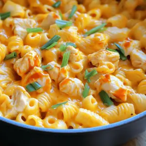 - 2 cups elbow macaroni - 1 lb chicken breast, cubed - 2 tablespoons olive oil - 1 cup buffalo sauce - 4 cups chicken broth The main ingredients create the heart of this dish. Elbow macaroni gives a great shape and texture. Chicken breast adds protein, making it filling. Olive oil helps to cook the chicken and adds flavor. The buffalo sauce brings a spicy kick, while chicken broth keeps everything moist and tasty. - 1 cup shredded cheddar cheese - 1 cup shredded mozzarella cheese - ½ cup cream cheese Cheese makes this dish creamy and rich. Shredded cheddar adds sharpness and depth. Shredded mozzarella brings a gooey stretch. Cream cheese helps bind everything together, creating a smooth sauce that clings to the pasta. - 1 teaspoon garlic powder - 1 teaspoon onion powder - Salt and pepper to taste - Chopped green onions for garnish Seasonings are key to flavor. Garlic powder and onion powder provide a savory base. Salt and pepper enhance all the flavors. Chopped green onions on top offer a fresh crunch, adding color and taste. - First, heat 2 tablespoons of olive oil in a large pot over medium-high heat. - Add 1 pound of cubed chicken breast to the pot. Season it with salt, pepper, 1 teaspoon of garlic powder, and 1 teaspoon of onion powder. - Cook the chicken for about 5-7 minutes. Stir it often until it is browned and cooked through. - Once the chicken is done, reduce the heat to medium. Stir in 1 cup of buffalo sauce. Cook for 2 more minutes to coat the chicken well. - Next, add 4 cups of chicken broth to the pot. Bring the mixture to a gentle boil. - After the broth boils, stir in 2 cups of elbow macaroni. - Reduce the heat to a simmer and cover the pot. Let it cook for about 8-10 minutes, stirring occasionally. The pasta should be tender and soak up some liquid. By following these simple steps, your Buffalo Chicken Mac & Cheese will come together nicely in one pot! To get the best flavor, you can adjust the buffalo sauce. Start with one cup of buffalo sauce. Taste the dish as you go. If you want it hotter, add more sauce. If you want it milder, use less. This lets you find the perfect heat level for you. Avoiding overcooked pasta is key. When you add the elbow macaroni, keep an eye on it. Stir it occasionally while it simmers. Cook it until it's tender but still firm. This way, your pasta won’t turn mushy. For one-pot meals like this, a heavy-bottomed pot works best. It helps distribute heat evenly. A Dutch oven or a large saucepan are great choices. They hold heat well and can cook everything together smoothly. Use a sturdy wooden spoon or a silicone spatula for stirring. These tools help you scrape the bottom well. You want to avoid bits sticking and burning. Plus, they won’t scratch your pot. Pair your Buffalo Chicken Mac & Cheese with simple side dishes. A fresh green salad or some crunchy celery sticks work well. They balance the richness of the dish. For toppings, chopped green onions add color and freshness. You can also sprinkle some extra cheese on top. Crumbled blue cheese is a tasty option too. It adds a bold flavor that many love. {{image_2}} To turn up the heat, you can add jalapeños. Chop them fine and mix them in. You can also try using hotter sauces. This will give your dish a nice kick. Another great option is to use pepper jack cheese. The cheese adds creaminess and a spicy flavor. If you need a gluten-free option, choose gluten-free pasta. This will keep your dish tasty and safe. For those who are dairy-free, there are cheese alternatives. Use dairy-free cream cheese and shredded cheese. They melt well and keep the dish creamy. Using rotisserie chicken can save you time. Just shred the chicken and mix it in. For cream cheese, you can use sour cream. This will still provide that creamy texture. You can also try Greek yogurt for a healthier twist. Cool the dish down first. This step helps to keep the flavors fresh. You can let it sit for about 30 minutes. After cooling, transfer your Buffalo Chicken Mac & Cheese to airtight containers. Glass containers work great, but plastic ones are fine too. Make sure to seal them tightly to avoid any air getting in. This keeps your dish safe and tasty. To reheat, I recommend using the stove or microwave. The stove gives a better texture. Heat it on low, stirring often. If using the microwave, warm it in short bursts. Add a splash of chicken broth or water. This helps keep it moist. Stir between each burst to ensure even heating. Want to make this dish ahead? You can freeze it! First, let it cool completely. Then, scoop it into freezer-safe containers. Leave some space at the top, as it will expand. To thaw, place it in the fridge overnight. When ready to eat, reheat on the stove or microwave as mentioned. This way, you can enjoy Buffalo Chicken Mac & Cheese anytime! To spice up your Buffalo Chicken Mac & Cheese, try these tips: - Add more buffalo sauce: Mix in extra sauce when cooking. - Include hot sauce: Drizzle your favorite hot sauce on top before serving. - Use spicy cheese: Swap regular cheddar for pepper jack cheese. - Add fresh jalapeños: Chop and mix them in during cooking for a fresh kick. These options let you adjust the heat to your taste! Yes, you can easily adapt this dish for a slow cooker. Here’s how: - Sear the chicken: Start by searing the cubed chicken in a pan for flavor. - Combine ingredients: Place the chicken and all other ingredients in the slow cooker. - Set the cooker: Cook on low for 4-6 hours or on high for 2-3 hours. - Add cheese last: Stir in the cream cheese, cheddar, and mozzarella during the last 30 minutes. This method makes it easy for busy days! If you want to swap out chicken, here are some great options: - Rotisserie chicken: Use pre-cooked chicken for quick prep. - Shredded beef: Adds a rich flavor and pairs well with buffalo sauce. - Tofu: For a vegetarian option, use firm tofu, cubed and sautéed. - Chickpeas: Canned chickpeas add protein and a hearty texture. These alternatives keep the dish delicious and satisfying! Buffalo Chicken Mac & Cheese combines creamy cheese, tender chicken, and zesty flavors. You start with simple ingredients like elbow macaroni and buffalo sauce. Cook and mix them for a meal everyone loves. Remember to tweak the spice and try every variation. Store leftovers well and enjoy them later. Whether spicy or mild, this dish is fun to make and share. Keep experimenting, and you'll find your ideal version. Happy cooking!