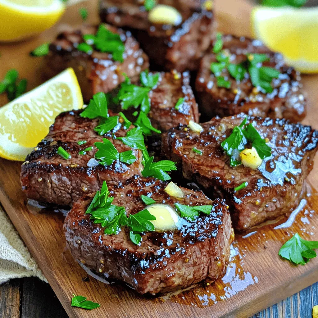 - 1 lb sirloin steak, cut into bite-sized pieces - 4 tablespoons unsalted butter - 5 cloves garlic, minced - Salt and pepper to taste - 1 teaspoon smoked paprika - 1 tablespoon fresh rosemary, chopped - 1 tablespoon fresh parsley, chopped - Juice of half a lemon For this dish, I use sirloin steak. It’s tender and has great flavor. The steak bites should be cut into small pieces for even cooking. Butter adds richness and helps the garlic shine. I always use fresh garlic; it gives the best taste. Next, I add salt and pepper for basic seasoning. Smoked paprika adds a nice depth of flavor. Fresh herbs, like rosemary and parsley, brighten up the dish. Finally, lemon juice ties everything together, adding a touch of acidity. These ingredients work in harmony to make the steak bites savory and tender. You can find these items easily at your local store. Make sure to gather everything before starting to cook. Happy cooking! Start by cutting 1 lb of sirloin steak into bite-sized pieces. This size helps the steak cook evenly. Next, season the steak with salt, pepper, and smoked paprika. Use about 1 teaspoon of smoked paprika for a nice kick. Toss the steak bites well to coat them evenly. This step is key to building flavor right from the start. Now, it’s time to cook! In a large skillet, melt 2 tablespoons of unsalted butter over medium-high heat. Once the butter is bubbling, add the seasoned steak bites in a single layer. Avoid overcrowding the pan, as this ensures a good sear. Cook for 2-3 minutes on each side. You want them golden brown and cooked to your liking. After that, remove the steak bites and set them aside. In the same skillet, lower the heat to medium. Add the remaining 2 tablespoons of butter. Once it melts, throw in 5 cloves of minced garlic. Sauté the garlic for about 1 minute, just until it releases its aroma. This step adds a delicious flavor to the dish. Return the steak bites to the skillet and toss them in the garlic butter for another minute. This will help soak up all that tasty garlic goodness. To finish, stir in 1 tablespoon of chopped fresh rosemary and 1 tablespoon of chopped fresh parsley. This adds brightness and freshness. Squeeze the juice of half a lemon over the steak bites. Toss everything together until well mixed. This final blend of flavors makes your skillet garlic butter steak bites truly special. Remove from heat and enjoy! To sear meat well, avoid overcrowding the pan. If you add too many steak bites, they will steam instead of sear. Cook in small batches for the best results. It helps to keep the heat high. This way, the outside gets a nice crust. For perfect doneness, use a meat thermometer. Aim for 130°F for medium-rare and 140°F for medium. Remember, the meat will keep cooking after you remove it from the heat. So, take it out a little early for the best bite. To boost the garlic flavor, try adding garlic powder along with the minced garlic. You can also infuse the butter with garlic before cooking the steak. This gives it a rich, deep flavor. Don't forget to taste and adjust the seasoning. A little extra salt or smoked paprika can make a big difference. For serving, use a rustic wooden board or a simple white platter. This adds a nice touch to your meal. Garnish with extra chopped parsley for color. Lemon wedges on the side add freshness and a pop of flavor. These small details make your dish look and taste even better. {{image_2}} You can switch the sirloin steak for other cuts. Ribeye works great for a richer taste. You can also try filet mignon for a tender bite. If you prefer chicken, use boneless thighs cut into pieces. Pork tenderloin is another tasty option. For a vegetarian choice, use firm tofu or portobello mushrooms. Add your favorite spices to change the flavor. If you like heat, try cayenne pepper or chili flakes. For a smoky taste, use chipotle powder instead of smoked paprika. Fresh herbs like thyme or basil can add a fresh twist. You can also add a splash of soy sauce for an umami kick. These steak bites pair well with many sides. Serve them with creamy mashed potatoes for comfort. Roasted vegetables, like carrots and broccoli, add color and health. A side salad with lemon vinaigrette brightens the meal. Garlic bread is perfect for soaking up the tasty sauce too. To keep your skillet garlic butter steak bites fresh, store them in the fridge. Use a tight container to seal in flavor. Place the steak bites in the container and cover them properly. They will stay good for up to three days. If you want to keep them longer, you can freeze them. Place the steak bites in a freezer-safe bag. Remove as much air as possible before sealing. They can last in the freezer for up to three months. When you’re ready to enjoy your leftovers, reheating them right is key. The best method is to use a skillet. Heat the skillet on low and add a little butter. Once melted, add the steak bites. Stir them gently until they are warmed through. This method helps keep the bites tender. You can also use the microwave, but use it carefully. Heat them in short bursts to avoid drying them out. Proper storage is important for shelf life. In the fridge, your steak bites last about three days. In the freezer, they can last up to three months. Always check for any off smells or changes in color before eating. If anything seems off, it’s best to toss them. Enjoying your steak bites while they are fresh is always best! For the best flavor and texture, I recommend using sirloin steak. Sirloin is tender and juicy. It cooks well and holds flavor nicely. You can also try ribeye or tenderloin for a richer taste. These cuts will give you a great bite-sized treat. Yes, you can make this dish without garlic. If you want a different flavor, try shallots or leeks. You could also use garlic powder or skip it altogether. Your steak bites will still taste great. Just remember to season well to keep the flavor strong. To check doneness, look for a golden brown color. For the best results, use a meat thermometer. For medium-rare, aim for 130°F. For medium, target 140°F. If you prefer a different doneness, adjust the time you cook them. Be sure to remove them from heat a bit early, as they will keep cooking. This blog post covered a simple, delicious way to make steak bites. You learned about the key ingredients, cooking steps, and tips to get perfect results. I shared ways to swap ingredients and create unique flavors. Storing leftovers properly keeps them tasty for days. Remember, your choice of steak matters. It affects flavor and texture. Enjoying this meal can be a joyful experience when done right. Try it out, and make it your own!
