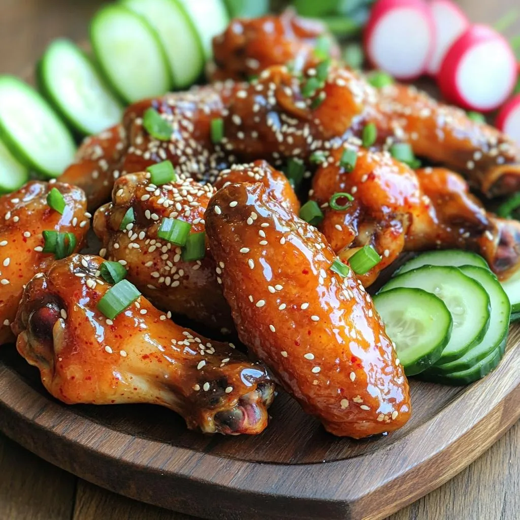- 2 pounds chicken wings - 1/4 cup gochujang (Korean chili paste) - 2 tablespoons soy sauce - 2 tablespoons honey - 1 tablespoon rice vinegar - 2 cloves garlic, minced - 1 teaspoon ginger, grated - 1 tablespoon sesame oil - 1 tablespoon vegetable oil - 1/2 teaspoon salt - 1/4 teaspoon black pepper - Sesame seeds (for garnish) - Chopped green onions (for garnish) The chicken wings are the star of this dish. They soak up the rich flavors from the marinade. Gochujang gives the wings their spicy kick. The soy sauce adds a savory touch, while honey balances the heat with sweetness. Rice vinegar helps to brighten the flavors. Garlic and ginger bring warmth and depth. Sesame oil adds a nutty note, making each bite special. - 2 pounds of chicken wings is enough for about four servings. - Use 1/4 cup of gochujang for a strong flavor. - Fresh garlic and ginger make a big difference in taste. Using fresh ingredients is key. Fresh garlic and ginger enhance the flavor and aroma. They give your wings a homemade taste that can't be beat. Fresh herbs like green onions and sesame seeds also add color and crunch. Always measure your ingredients carefully for the best results. First, gather your ingredients. In a large bowl, add the gochujang, soy sauce, honey, rice vinegar, minced garlic, grated ginger, sesame oil, vegetable oil, salt, and black pepper. Mix these wet and dry ingredients well. This blend creates a rich marinade full of flavor. Next, add the chicken wings to the bowl. Coat each wing thoroughly with the marinade. Cover the bowl and refrigerate the wings for at least one hour. For the best taste, let them marinate overnight. This time allows the flavors to soak into the meat. Before cooking, preheat your oven to 400°F (200°C). This temperature is perfect for crispy wings. Line a baking sheet with parchment paper. This step makes cleanup easy and helps the wings cook evenly. Arrange the marinated wings on the baking sheet. Make sure they are in a single layer and not touching each other. Bake the wings in the preheated oven for 25-30 minutes. Flip them halfway through to ensure they cook evenly. For extra crispiness, broil the wings for 3-5 minutes at the end. Keep an eye on them to avoid burning. After baking, remove the wings from the oven and let them rest for a few minutes. This resting time helps the juices redistribute, making them tender. Now, it’s time to garnish! Sprinkle sesame seeds and chopped green onions on top. This adds a nice crunch and a pop of color. For a beautiful presentation, arrange the wings on a platter. You can drizzle extra marinade sauce if you'd like. Serve with sliced cucumbers or pickled radishes for a refreshing bite alongside the spicy wings. To get crispy wings, broil them for a few minutes at the end. This gives them a nice crunch. Place your wings under the broiler on high for 3-5 minutes. Watch them closely. They can burn quickly. If you want to try other cooking methods, use an air fryer. Set it to 400°F and cook for about 25 minutes. Flip the wings halfway for even crispiness. You can also grill the wings. Grill them over medium heat for a smoky flavor, turning often. For added taste, you can mix in more spices. Try adding cayenne pepper for more heat. You could also add sesame seeds or chopped green onions to the marinade. If you want to adjust spice levels, use less gochujang. You can start with one tablespoon, then taste. Add more if you want more heat. This way, you control the spice for all ages. {{image_2}} You can change the taste of your spicy Korean BBQ chicken wings in fun ways. Sweet and spicy variation: Mix honey with gochujang in the marinade. This adds a sweet touch. You can add more honey if you want it sweeter. Balance is key! Citrus-infused wings: Add fresh orange or lime juice to your marinade. This gives a bright flavor that pairs well with the heat. The citrus cuts the spice and adds freshness. You don’t have to bake your wings to enjoy them. Air fryer wings recipe: Coat the wings in the marinade just like before. Place them in the air fryer basket in a single layer. Cook at 375°F (190°C) for about 25 minutes. Flip them halfway through for even cooking. They will get crispy and delicious! Instant Pot variations: For a quick option, use an Instant Pot. Place the wings in the pot with the marinade. Cook on high pressure for 10 minutes. Quick release the steam. For crispy wings, broil them in the oven for 3-5 minutes. This method saves time and still gives you that great taste! To keep your spicy Korean BBQ chicken wings fresh, store leftovers in an airtight container. Place them in the fridge within two hours of cooking. This helps prevent bacteria growth. You can keep them for up to four days. When ready to eat, reheat them in the oven or microwave. The oven keeps the wings crispy. Freezing is a great option if you have extra wings. First, let them cool completely. Then, place the wings in a freezer-safe bag. Remove as much air as possible to avoid freezer burn. You can freeze them for up to three months. To reheat, thaw them overnight in the fridge. Preheat your oven to 375°F (190°C). Bake the wings for 15-20 minutes until heated through. If you want them crispy again, broil them for a few minutes. Enjoy your tasty wings anytime! You can pair these wings with different sides. Here are some great options: - Sliced cucumbers: They add a fresh crunch. - Pickled radishes: These offer a tangy contrast. - Rice: White or fried rice balances the spice. - Coleslaw: A creamy slaw cools the heat. - Vegetable sticks: Carrots and bell peppers provide a nice crunch. These sides help make your meal more fun and tasty! You can customize the heat easily. Here’s how: - Less gochujang: Use half the amount for milder wings. - Add honey: More honey can balance the spice. - Chili flakes: Add these for extra heat if you like it spicy. - Sour cream or yogurt: Serve these as a dip to cool the heat. Adjusting the spice lets you enjoy the wings just how you like them! Yes, you can. Here are some options: - Drumsticks: These are great for a similar taste. - Boneless thighs: They stay juicy and tender. - Chicken breasts: Use them if you prefer lean meat. Using different cuts can change the cooking time, so keep an eye on them! You now know how to make tasty chicken wings. We covered ingredients, marinating, and cooking steps. I shared tips for crispy wings and fun flavor twists. Remember to store extras properly for later. Try new sides to enjoy with your wings. Whether grilling or baking, you can make these your own. Dive into creating delicious recipes that everyone will love!