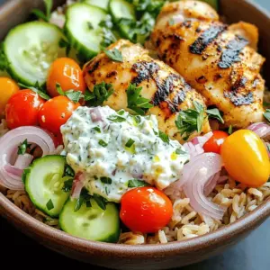 - 1 lb boneless, skinless chicken thighs - 2 tablespoons olive oil - 2 teaspoons dried oregano - 1 teaspoon garlic powder - 1 teaspoon onion powder - 1 teaspoon paprika - Salt and pepper to taste - Juice of 1 lemon - 1 cup cooked brown rice or quinoa - 1 cup cherry tomatoes, halved - 1 cucumber, diced - 1/2 red onion, thinly sliced - 1 cup tzatziki sauce - Fresh parsley, chopped (for garnish) - Feta cheese, crumbled (optional) For my Greek Chicken Gyro Bowls, I focus on fresh and vibrant flavors. I love using chicken thighs for their juicy texture. The marinade is key to making the chicken flavorful. I mix olive oil, oregano, garlic powder, onion powder, paprika, lemon juice, salt, and pepper. This mix adds depth and brightness to the meat. Next, I pile on the veggies for crunch and color. Cherry tomatoes provide sweetness, while cucumbers add a cool bite. Red onions give a sharp taste that balances the dish. You can even add feta cheese for a creamy touch. Choosing a base is also crucial. I often use brown rice or quinoa. Both options are hearty and nutritious. They soak up the flavors from the chicken and sauce. This combination makes each bite satisfying and delicious. To make the chicken flavorful, start by mixing the marinade. In a bowl, combine: - 2 tablespoons olive oil - 2 teaspoons dried oregano - 1 teaspoon garlic powder - 1 teaspoon onion powder - 1 teaspoon paprika - Juice of 1 lemon - Salt and pepper to taste Mix these well until smooth. Next, add 1 pound of boneless, skinless chicken thighs. Make sure each piece is coated in the marinade. Cover the bowl and let it sit in the fridge for at least 30 minutes. For a stronger taste, marinate for up to 2 hours. Now it’s time to cook the chicken. You can grill or pan-sear it. Preheat a grill or skillet over medium-high heat. Cook the marinated chicken for about 5 to 7 minutes on each side. You want it to be golden brown and fully cooked. To check for doneness, cut into a piece. The meat should be opaque and the juices clear. Once done, take the chicken off the heat. Let it rest for a few minutes before slicing it into strips. This keeps it juicy. Now for the fun part: assembling your gyro bowls. Start by dividing 1 cup of cooked brown rice or quinoa among four bowls. Layer the bowls with the sliced chicken. Add in 1 cup of halved cherry tomatoes, 1 diced cucumber, and 1/2 thinly sliced red onion. Drizzle a generous amount of tzatziki sauce over the top of each bowl. For a finishing touch, sprinkle with fresh parsley and optional crumbled feta cheese. Serve these bowls right away. Enjoy a fresh bite of Greece! To boost the taste of your Greek Chicken Gyro Bowls, use the right spices and herbs. I recommend these: - 2 teaspoons dried oregano - 1 teaspoon garlic powder - 1 teaspoon onion powder - 1 teaspoon paprika - Salt and pepper to taste These ingredients make the chicken flavorful. For a tasty homemade tzatziki sauce, mix yogurt with diced cucumber, minced garlic, lemon juice, and fresh dill. This sauce adds a cool touch to your bowls. If you don’t have a grill, you can use an oven or an air fryer. Preheat your oven to 400°F. Place the marinated chicken on a baking sheet and cook for 20-25 minutes. In an air fryer, cook the chicken at 375°F for about 15-18 minutes. To ensure even cooking, make sure the chicken pieces are of similar size. Use a meat thermometer to check that the chicken has reached 165°F for safety. A pretty presentation makes any meal more enjoyable. To garnish your bowls, sprinkle fresh parsley on top. You can also add crumbled feta cheese for extra flavor. For serving, use wide, shallow bowls. This gives space for all the ingredients. Layer the rice, veggies, and chicken nicely for a beautiful display. {{image_2}} You can swap chicken thighs for chicken breast if you want leaner meat. Lamb adds a rich flavor. Beef also works well, giving a hearty taste. For a plant-based option, try chickpeas or tofu. They soak up flavors and add protein. Both are easy to prepare. You can marinate them just like the chicken. This keeps your meal fresh and exciting. Brown rice and quinoa are both great bases. Quinoa is high in protein and has a nice crunch. Brown rice is more filling and has a nutty flavor. You can also explore cauliflower rice. It’s a low-carb option that still gives a nice texture. This makes it great for those watching carbs. Each base adds its own special touch to your gyro bowl. While tzatziki is classic, you can try other sauces. A yogurt-based dressing adds creaminess. A lemon or herb vinaigrette gives a bright flavor. Homemade dressings are easy to make and fun to try. Mixing yogurt, garlic, and herbs can create a new twist. Don’t be afraid to get creative. Each sauce can change the whole meal and keep things fresh. To keep your Greek Chicken Gyro Bowls fresh, follow these tips: - Refrigerate within two hours of cooking. - Use airtight containers to prevent moisture loss. - Divide the ingredients into separate containers to maintain texture. I recommend using glass containers. They keep food fresh and won’t stain. Reheating your gyro bowl can be easy if done right. Here’s how: - Use a microwave for quick reheating. Place the bowl in for 1-2 minutes. - If using a skillet, add a splash of water and cover it. Heat over low. - To keep the chicken moist, avoid high heat. Check for warmth throughout. Yes, you can freeze gyro bowls! Here’s how to do it right: - Cool the bowl completely before freezing. - Store in freezer-safe bags or containers, removing as much air as possible. - To defrost, place in the fridge overnight for best results. This method keeps flavors intact and makes meal prep easy! Greek Chicken Gyro Bowls stay fresh in the fridge for about three days. Store them in airtight containers. This keeps the flavors intact and prevents spoilage. After three days, the chicken may lose its taste and texture. Always check for any signs of spoilage before eating. Yes, you can prep this recipe ahead of time. Marinate the chicken the night before for best flavor. You can also cook the chicken and store it in the fridge. Prepare the vegetables and grains a day ahead as well. Just assemble the bowls when you are ready to eat. This saves time, especially on busy days. If you need a tzatziki substitute, consider these options: - Greek yogurt: Mix it with herbs like dill and garlic. - Hummus: It offers a creamy texture and rich flavor. - Avocado sauce: Blend ripe avocado with lemon and garlic for a fresh twist. These alternatives cater to different dietary needs, ensuring everyone can enjoy the dish. This blog post provided a complete guide to Greek Chicken Gyro Bowls. We covered main ingredients, from chicken thighs to tasty toppings. I shared step-by-step instructions to marinate, cook, and assemble your bowl. You also learned tips for flavor, cooking techniques, and presentation. In the end, enjoy customizing your gyro bowl. Mix ingredients and try new flavors. With these tips, you'll create a delicious meal every time. Happy cooking!