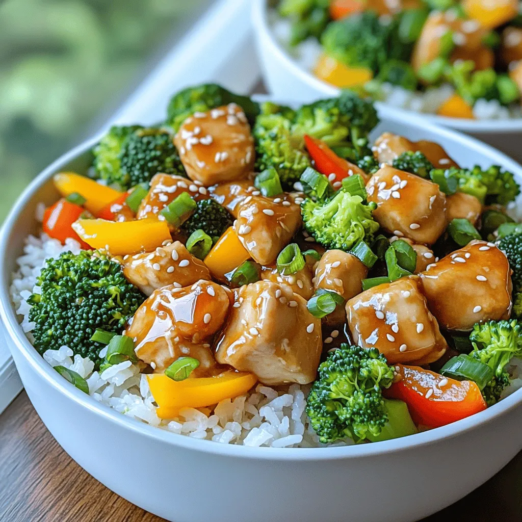 - 2 boneless, skinless chicken breasts, cubed - 1/4 cup honey - 1/4 cup low sodium soy sauce - 1 cup broccoli florets - 1/2 cup bell pepper, sliced The main ingredients make this dish tasty and filling. The cubed chicken is the star, soaking up the sweet and savory sauce. The honey and soy sauce mix gives a nice balance. Broccoli adds a crunch, while bell pepper brings color and sweetness. - 3 cloves garlic, minced - 1 tablespoon ginger, freshly grated - 1 tablespoon sesame oil - 2 cups cooked jasmine rice - 1/4 cup green onions, sliced for garnish - Sesame seeds for garnish - Salt and pepper to taste Your pantry staples are key for flavor. Garlic and ginger bring warmth and depth. Sesame oil adds a nutty taste. Cooked jasmine rice serves as a soft base for the chicken and veggies. Green onions and sesame seeds make great toppings, adding freshness and texture. First, grab a bowl. In it, whisk together 1/4 cup of honey and 1/4 cup of low-sodium soy sauce. Add 3 minced cloves of garlic and 1 tablespoon of freshly grated ginger. Mix until smooth. This sauce will bring great flavor to your dish. Next, heat 1 tablespoon of sesame oil in a large skillet over medium heat. Add 2 cubed chicken breasts to the pan. Season the chicken with salt and pepper. Sauté the chicken for about 6-8 minutes. Cook until it turns a nice brown color and is cooked through. Now, it’s time to add the veggies. Toss in 1 cup of broccoli florets and 1/2 cup of sliced bell pepper. Cook for another 3-4 minutes. You want them to stay tender-crisp. Once the veggies are ready, pour the honey-garlic sauce over the chicken and vegetables. Stir everything well to coat. Let the sauce bubble and thicken for 2-3 minutes. Serve the chicken and veggies over 2 cups of cooked jasmine rice. Don’t forget to garnish with sliced green onions and a sprinkle of sesame seeds for extra flavor and a nice look. Enjoy this tasty meal! To ensure your chicken is cooked through, use a meat thermometer. The chicken should reach 165°F. This keeps it safe to eat. When you cut it, the meat should be white with no pink inside. For perfect vegetable texture, stir-fry your broccoli and bell pepper until tender-crisp. Cook them for about 3-4 minutes. This way, they stay bright and crunchy. Overcooking makes them mushy and less appealing. Garnish your dish with sliced green onions and sesame seeds. They add color and texture. A sprinkle of sesame seeds gives a nice crunch. It also enhances the dish's visual appeal. Serve the chicken and veggies over a bed of jasmine rice. This creates a nice contrast. Using a bowl can help keep everything neat and tidy. You can also arrange the ingredients in sections for a beautiful plate. You can add spices like red pepper flakes for heat. This gives your dish a nice kick. If you want a richer taste, try adding a splash of rice vinegar. Adjust the sweetness or saltiness to your liking. If you want it sweeter, add more honey. For saltiness, you can increase the soy sauce. Taste as you go to find your perfect balance. {{image_2}} You can easily swap chicken for other proteins. Tofu is a great choice for a vegetarian meal. Press and cube the tofu, then sauté it until golden brown. Shrimp also works well in this dish. Just make sure to cook the shrimp until they turn pink. Both options soak up the honey garlic flavor nicely. Feel free to add your favorite veggies to the mix. Carrots add a nice crunch and sweetness. Simply slice them thinly and toss them in with the other vegetables. Snap peas are another tasty choice. They bring a crisp texture and bright color to your bowl. Use any mix of vegetables you enjoy. You can easily adjust the sauce to fit your taste. If you like some heat, add red pepper flakes or sriracha. Start with a small amount and taste as you go. For a sweeter sauce, increase the honey. You can also try adding a splash of rice vinegar for a tangy kick. These tweaks can make your dish unique and exciting. To store leftovers, first let the dish cool down. Place the honey garlic chicken and rice in an airtight container. Keep it in the fridge for up to three days. Make sure you cover the food well. This helps keep the flavors fresh. For reheating, use the microwave or a skillet. If using a microwave, place the chicken and rice in a bowl. Add a splash of water to keep it moist. Cover the bowl with a lid or plastic wrap. Heat in short bursts, stirring in between. If using a skillet, heat over medium-low. Stir the chicken and rice until warmed through. This way, it won't dry out. You can freeze portions for future meals. Use freezer-safe bags or containers. Divide the chicken and rice into single servings. Remove as much air as possible before sealing. Label the bags with the date. You can freeze it for up to three months. To thaw, place it in the fridge overnight. Reheat when ready to enjoy! To thicken honey garlic sauce, you have several options. One way is to add a cornstarch slurry. Mix one tablespoon of cornstarch with two tablespoons of cold water. Stir this mixture into the sauce while it cooks. Heat the sauce until it bubbles, and it will thicken quickly. Another method is to simmer the sauce longer to reduce it. This will concentrate the flavors and make it thicker. Yes, you can use brown rice instead of jasmine rice. Brown rice takes longer to cook, so adjust your cooking time. It usually needs about 40-50 minutes to cook. Make sure to add extra water to the pot, about two cups for each cup of brown rice. Keep checking until it’s tender and fluffy. You can serve many sides with honey garlic chicken rice bowls. Some great options include steamed vegetables, like carrots or snap peas. A simple salad with fresh greens adds a nice crunch. You could also try a side of edamame for a protein boost. For a more filling meal, add some crispy egg rolls or dumplings. In this blog post, I covered how to create a tasty honey garlic chicken rice bowl. We explored the main ingredients like chicken, honey, soy sauce, and vegetables. I shared step-by-step instructions to make the dish and offered cooking tips for perfect texture. We also discussed variations and proper storage methods for leftovers. Cooking this dish is easy and fun. Enjoy your meal and feel free to customize it!