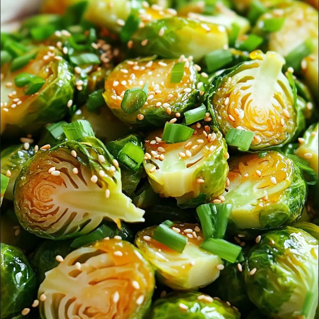- 1 pound Brussels sprouts, cleaned and halved - 2 tablespoons olive oil - 2 tablespoons honey - 1 tablespoon Sriracha sauce - 1 teaspoon garlic powder - ½ teaspoon salt - ¼ teaspoon black pepper - 1 tablespoon sesame seeds (for garnish) - Fresh cilantro or green onions (for garnish) To make Honey Sriracha Brussels sprouts, gather these simple items. Fresh Brussels sprouts form the base of this dish. Look for bright green sprouts that feel firm and heavy. The olive oil adds richness and helps the flavors stick. Honey brings a natural sweetness that balances the heat from Sriracha. You can adjust the amount of Sriracha to match your spice level. Garlic powder adds depth, while salt and black pepper enhance all the flavors. For the finishing touch, sesame seeds and fresh herbs add a pop of color and flavor. Using fresh ingredients makes all the difference. You can also play with the seasonings based on your taste. Enjoy the process of creating this tasty side dish! To start, set your air fryer to 375°F (190°C). Preheating is key for crispy sprouts. A hot fryer ensures even cooking. It helps the honey and Sriracha blend perfectly. Grab a large bowl. Toss in the halved Brussels sprouts. Add 2 tablespoons of olive oil, 2 tablespoons of honey, and 1 tablespoon of Sriracha sauce. Mix in 1 teaspoon of garlic powder, ½ teaspoon of salt, and ¼ teaspoon of black pepper. Stir well until every sprout is coated. This step makes the flavors stick. Place the seasoned Brussels sprouts in your air fryer basket. Lay them in a single layer. Avoid overcrowding the basket. If needed, cook in batches. This helps them crisp up nicely. Air fry for 12-15 minutes. Shake the basket halfway through cooking. This ensures even browning. The sprouts should look crispy and brown outside and tender inside. Once done, move the sprouts to a serving dish. Sprinkle with 1 tablespoon of sesame seeds. Add fresh cilantro or chopped green onions on top. Fresh herbs brighten the dish and add flavor. Enjoy these spicy-sweet bites warm! Recommended Air Fryer Settings For crispy Brussels sprouts, set your air fryer to 375°F (190°C). This temperature works great for even cooking. Avoiding Overcrowding Do not crowd the basket. If you pile in too many sprouts, they won’t crisp up. Cook in batches if needed. This small step makes a big difference. Modifications for Different Heat Tolerances If you like it mild, cut back on Sriracha. You can also mix in more honey to balance the heat. If you want more spice, add extra Sriracha. You control the flavor! Alternative Sauces Try using barbecue sauce or teriyaki sauce instead of Sriracha for a different taste. These sauces add a unique twist and can be just as tasty. Additional Seasonings to Consider Consider adding a squeeze of lime juice for brightness. You might also try a dash of smoked paprika for depth. These flavors can boost the dish. Pairing Suggestions Serve these Brussels sprouts with grilled chicken or fish. They also pair well with rice or quinoa. The sweetness and spice complement many main dishes beautifully. {{image_2}} You can easily switch up the flavor by making honey garlic Brussels sprouts. Simply replace Sriracha with minced garlic. Use the same amount of honey. This change gives a sweet and savory twist. The garlic brings depth without the heat. You can even add a splash of soy sauce for a richer taste. If you want a different sweet flavor, try spicy maple Brussels sprouts. Swap the honey for maple syrup. Use the same amount as honey for the right sweetness. The maple syrup offers a unique and warm flavor. You can keep the Sriracha for heat. This combo is great for fall or winter meals. You can make your Brussels sprouts even better by adding other veggies. Try mixing in diced carrots or bell peppers. They add color and extra nutrients. You can also toss in nuts like almonds or walnuts. They give a nice crunch. For a fun twist, sprinkle some crispy fried onions on top. These add texture and flavor. To keep your Honey Sriracha Brussels sprouts fresh, use an airtight container. Place them in the fridge within two hours of cooking. They will stay good for about 3 to 5 days. Make sure to let them cool before sealing. This keeps moisture from forming and sogging them up. When it’s time to enjoy leftovers, reheating is key. Use an air fryer or oven for best results. Set the air fryer to 350°F (175°C) and heat for about 5 to 8 minutes. This method helps maintain crispiness. If you use a microwave, keep in mind they may lose some crunch. For long-term storage, you can freeze these Brussels sprouts. Let them cool completely first. Place them in a freezer-safe bag or container. Make sure to remove as much air as possible. They can stay frozen for about 2 to 3 months. When you’re ready to eat, thaw them in the fridge overnight before reheating. You can use both fresh and frozen Brussels sprouts. Fresh sprouts taste better and have a firmer texture. When using frozen sprouts, they may be softer after cooking. If you choose frozen, thaw them first for the best results. Always check the package for any specific instructions. The sprouts are done when they are crispy and browned on the outside. They should be tender inside but not mushy. If you pierce one with a fork and it feels soft, it’s ready. Keep an eye on them during cooking for the best texture. Yes, you can. Preheat your oven to 400°F (200°C). Spread the seasoned Brussels sprouts on a baking sheet. Bake for about 20-25 minutes, flipping halfway through. This will help them cook evenly and get crispy. These Brussels sprouts pair well with many dishes. Serve them alongside grilled chicken or fish for a balanced meal. They also go great with rice or quinoa. Try adding them to a salad for extra crunch. We explored a tasty recipe for Honey Sriracha Brussels sprouts. We covered the ingredients, step-by-step instructions, and tips for cooking them just right. You learned how to adjust flavors and make variations, too. Enjoying crispy Brussels sprouts is easy with this recipe. Try it today and share with friends! Cooking can be fun and rewarding. Make sure to experiment and find your favorite twist.