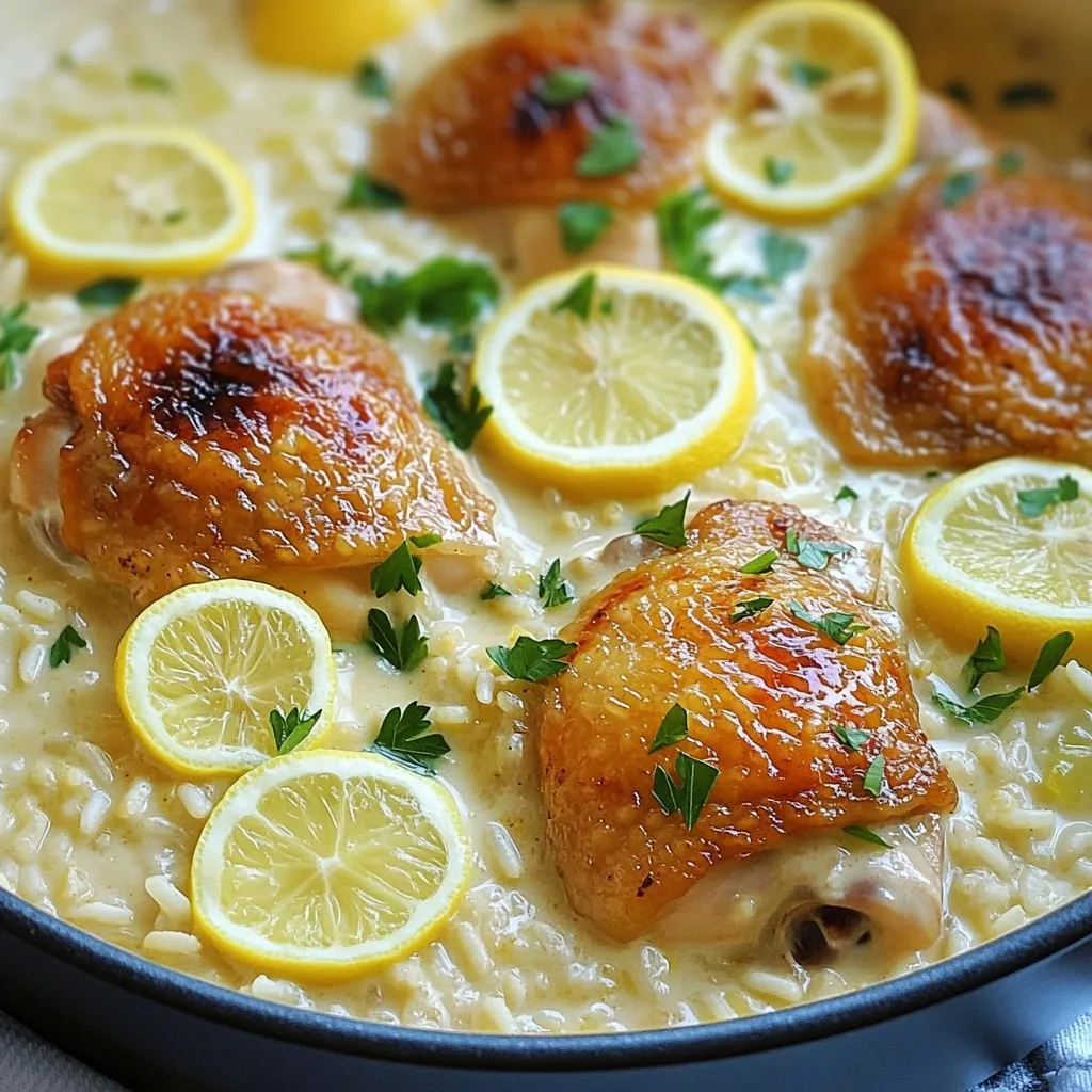 - 1 lb boneless, skinless chicken thighs, cut into bite-sized pieces - 1 cup long-grain rice (basmati or jasmine works best) - 4 cups chicken broth - 1 medium onion, diced - 3 cloves garlic, minced - 1 tablespoon olive oil - 1 teaspoon dried oregano - Zest of 1 lemon - Juice of 1 lemon - 1 cup heavy cream - Salt and pepper to taste - Fresh parsley, chopped (for garnish) - Lemon slices (for garnish) Gathering your ingredients is the first step. I love using boneless, skinless chicken thighs. They stay tender and juicy, making the dish rich and satisfying. For the rice, basmati or jasmine adds a nice aroma. The chicken broth infuses flavor. Onions and garlic are key to building a tasty base. Olive oil brings richness and helps with sautéing. Dried oregano adds a warm, herbal note, while lemon zest and juice give the dish a bright kick. Heavy cream is essential for that creamy texture. Salt and pepper are your basic seasonings, but don’t skip them. For garnishing, fresh parsley and lemon slices make the dish look pretty and fresh. Once you have everything ready, you're set for a delicious meal. This dish is simple but packed with flavor. Enjoy cooking! Sautéing the Onion and Garlic Start with a large pot or Dutch oven. Heat olive oil over medium heat. Add the diced onion and cook. Stir it for about 3-4 minutes. You want the onion to be soft and clear. Now, add the minced garlic and dried oregano. Cook for 1 more minute. This will make your kitchen smell great. Browning the Chicken Next, add the chicken pieces into the pot. Season the chicken with salt and pepper. Cook for about 5-7 minutes. You want the chicken to be brown on all sides. This step adds flavor. Adding Broth and Rice Once the chicken is browned, pour in the chicken broth. Bring this mixture to a gentle simmer. Now, stir in the rice, lemon zest, and lemon juice. The lemon adds a fresh zing to the dish. Simmering and Covering the Pot Cover the pot and lower the heat. Let it cook for 18-20 minutes. You want the rice to be tender and soak up the liquid. Check it after 15 minutes to see how it's doing. Incorporating Heavy Cream When the rice is ready, stir in the heavy cream. Mix it until fully blended. If it feels too thick, add a bit more chicken broth. This will help you reach the perfect creamy texture. Adjusting Seasoning Taste your dish and adjust the seasoning. Add more salt and pepper if needed. This is your chance to boost the flavor. Let it sit for 5 minutes before serving. This helps it thicken slightly. Plate your creamy lemon chicken and rice in bowls. Garnish with fresh parsley and lemon slices. Enjoy your delicious meal! - Ensuring Chicken is Cooked Through Cook the chicken until it is brown on all sides. This takes about 5-7 minutes. Use a meat thermometer to check if it reaches 165°F (75°C). This ensures it is safe to eat. - Achieving the Right Creamy Consistency After cooking the rice, stir in the heavy cream. If it seems too thick, add more chicken broth. This helps you achieve a rich and creamy sauce. - Avoiding Overcooked Rice Keep an eye on the rice while it simmers. Check it after 18 minutes. Overcooked rice can turn mushy and spoil the dish’s texture. - Tips for Flavor Enhancements Add a pinch of salt or black pepper to taste before serving. Fresh parsley and lemon slices also boost flavor and look great on the plate. {{image_2}} Alternative Proteins You can switch chicken for turkey or shrimp. Both options work well with the sauce. If you prefer plant-based meals, use firm tofu or chickpeas. These will soak up the lemon flavor nicely. Gluten-Free and Dairy-Free Options For gluten-free rice, use jasmine or basmati rice. These types are naturally gluten-free. To make this dish dairy-free, swap heavy cream for coconut cream. It adds a nice twist of flavor too! Adding Vegetables You can add veggies like peas, carrots, or spinach. They not only boost nutrition but also add color. Cut them into small pieces, so they cook evenly with the rice. Experimenting with Herbs and Spices Feel free to play with herbs. Fresh thyme or basil can add a lovely taste. You might also try a pinch of red pepper flakes for heat. This adds depth to the dish and makes it your own. To keep your creamy lemon chicken and rice fresh, follow these steps: - Refrigeration Guidelines: Store leftovers in an airtight container. They can last in the fridge for up to 4 days. Make sure to cool the dish to room temperature before sealing it. - Freezing Instructions: For longer storage, freeze in a freezer-safe container. It will keep well for up to 3 months. To avoid freezer burn, use plastic wrap or aluminum foil before sealing. Reheating your dish can be simple and effective with these methods: - Best Methods for Reheating: The stovetop is the best choice. Heat over low heat, stirring often. You can also use the microwave. Place in a microwave-safe dish, cover loosely, and heat in short bursts. - Ensuring Quality Upon Reheating: Add a splash of chicken broth or cream to maintain creaminess. Stir well to combine and heat until warmed through. This keeps the flavors fresh and the texture pleasant. Can I use brown rice instead of white rice? Yes, you can use brown rice. However, it takes longer to cook. Brown rice needs about 40-45 minutes of simmering. You may also need extra broth to keep it creamy. Adjust the cooking time based on the rice type you choose. How do I make this dish spicier? To add heat, try these options: - Add red pepper flakes during cooking. - Stir in diced jalapeños or serranos. - Use a spicy seasoning blend to enhance the flavor. Start small and taste as you go. This way, you control the spice level. Can I prepare this recipe in advance? Yes, you can make it ahead of time. Cook the dish and let it cool. Store it in an airtight container in the fridge for up to three days. Reheat it on the stove, adding a splash of broth to keep it creamy. This recipe is easy and fun. You learned about the main ingredients, like chicken and rice. Sautéing onion and garlic adds great flavor. Cooking methods help you avoid common mistakes, like overcooked rice. You can try different spices and substitute proteins. Store leftovers properly to enjoy them later. In the end, cooking should be enjoyable and creative. Use this guide to make a delicious meal every time. Happy cooking!