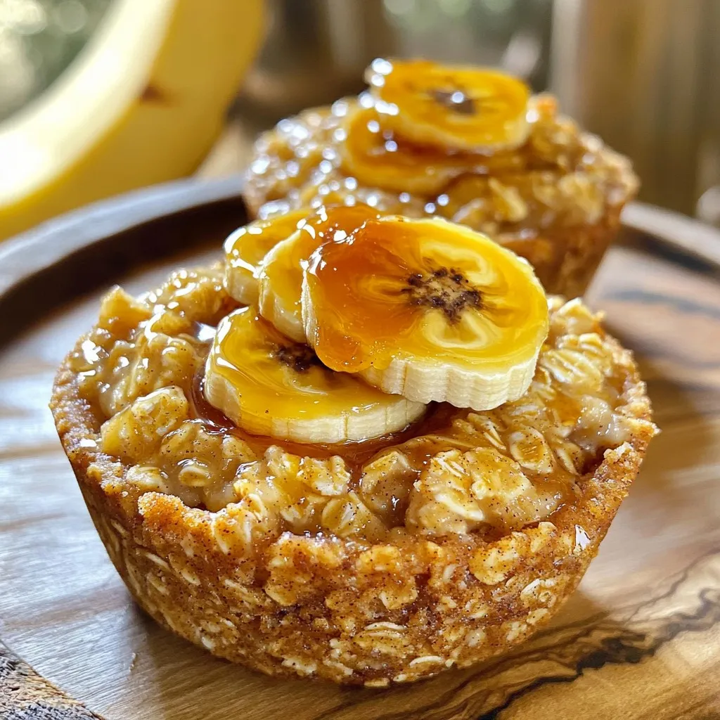 - 2 ripe bananas, mashed - 2 cups rolled oats - 1/2 cup almond milk (or any milk of choice) - 1/4 cup brown sugar - 1 teaspoon vanilla extract - 1 teaspoon cinnamon and 1/4 teaspoon nutmeg - 1/2 teaspoon baking powder - 1/4 cup walnuts, chopped (optional) - 1/4 cup chocolate chips (optional) - Pinch of salt These ingredients are key to making delicious caramelized banana bread oatmeal cups. The ripe bananas bring natural sweetness and moisture. Rolled oats provide the base and give a hearty texture. Almond milk or any milk you prefer makes the mix creamy. Brown sugar adds depth with its rich flavor, while vanilla extract brightens everything up. The spices, cinnamon and nutmeg, add warmth and comfort. Baking powder helps the cups rise, making them fluffy. Walnuts and chocolate chips offer great crunch and sweetness, though they are optional. Finally, a pinch of salt balances all the flavors and enhances taste. Feel free to mix and match or adjust the ingredients. You can swap the bananas for applesauce or add different nuts. This flexibility lets you create a version that fits your taste perfectly. 1. Preheat your oven to 350°F (175°C). This step ensures even cooking. 2. Grease a muffin tin with non-stick cooking spray or use parchment paper liners. This helps the cups release easily after baking. 1. In a large mixing bowl, mash the ripe bananas. Add the rolled oats, almond milk, brown sugar, vanilla extract, cinnamon, nutmeg, baking powder, and a pinch of salt. Mix until everything is well combined. 2. If you like, fold in chopped walnuts and chocolate chips. These add great texture and flavor. 1. Evenly distribute the mixture into the prepared muffin tin. Fill each cup about three-quarters full. 2. Bake for 20-25 minutes. Check for doneness by inserting a toothpick in the center. It should come out clean when they are ready. 1. To caramelize, use either butter or coconut oil. Heat it in a small skillet over medium heat. 2. Slice some bananas and sauté them for 2-3 minutes. They should turn golden and soft. For extra sweetness, sprinkle a little brown sugar on top while cooking. To avoid dry or soggy texture, follow these tips: - Use ripe bananas for natural sweetness and moisture. - Measure oats accurately; too much can make them dry. - Don’t overmix; a few lumps are okay. - Bake until golden brown but not too long. To know when oatmeal cups are done, insert a toothpick into the center. If it comes out clean, they are ready. Look for a golden color on top as a sign. Present your oatmeal cups on a nice plate. Sprinkle a bit of cinnamon for color and aroma. Add additional banana slices on top for a fresh look. Drizzle honey or maple syrup for added sweetness. Serve warm or at room temperature for the best taste. You can reduce sugar by using mashed bananas alone. Try adding pureed dates or applesauce for sweetness. For extra flavor, consider adding vanilla bean or a dash of almond extract. Spices like ginger or cardamom also work great for a unique twist. {{image_2}} You can change the flavor of your oatmeal cups for fun. Try the chocolate peanut butter version. Just add 1/4 cup of peanut butter to the mix. Then, add 1/4 cup of chocolate chips. This makes a rich and tasty treat. For a berry-infused oatmeal cup, use 1 cup of mixed berries. You can use fresh or frozen berries. Fold them into the mixture before baking. This option adds a nice tartness and bright color. Need a gluten-free option? Use certified gluten-free oats. These oats work just as well and keep the flavor. For a vegan substitution, replace the almond milk with any plant-based milk. You can also swap the honey for maple syrup. This keeps your oatmeal cups vegan and still sweet. Looking for more toppings? You can try yogurt, nut butter, or seeds. Sprinkle some chia seeds or hemp seeds for extra nutrition. You can also add a dollop of Greek yogurt for creaminess. This adds protein and makes your meal more filling. Enjoy your oatmeal cups with these fun and healthy toppings! To keep your oatmeal cups fresh, use airtight containers. Glass or plastic containers are great choices. Place the cups in a single layer to avoid crushing them. They last about five days in the fridge. For reheating, you can use either the microwave or the oven. In the microwave, heat for about 30 seconds. Check if they are warm enough. If not, heat in 10-second bursts. If you prefer the oven, preheat it to 350°F (175°C). Bake the cups for about 10 minutes. To freeze, let the oatmeal cups cool completely. Wrap each cup in plastic wrap. Then, place them in a freezer-safe bag or container. They can last for up to three months in the freezer. When you want to eat them, take them out and thaw in the fridge overnight. Then, reheat as needed. Yes, you can make these oatmeal cups ahead of time. They are great for meal prep. Just bake them, let them cool, and store in the fridge. Use an airtight container to keep them fresh. They last about five days. You can also freeze them for longer storage. To reheat, simply pop them in the microwave or oven. If you need a milk substitute, there are many options. You can use cow's milk, soy milk, or oat milk. Each type gives a slightly different taste. Coconut milk will add a nice tropical flavor. Just choose what you like best. Any of these options will work well in the recipe. You can omit sugar, but it will change the flavor. If you want sweetness, try using ripe bananas. Their natural sugar will help. You could also use honey or maple syrup for sweetness. Keep in mind that not using sugar may make the oatmeal cups less sweet. Experiment to find what you enjoy! These oatmeal cups are simple and tasty. With ripe bananas, rolled oats, and almond milk, they make a nutritious snack or breakfast. I shared tips on making them moist and not dry. You can add fun flavors, like chocolate or berries, to keep things interesting. Store them easily in the fridge or freezer for quick access. Enjoy these cups any time and feel good about what you eat. Embrace your creativity and make them your own!