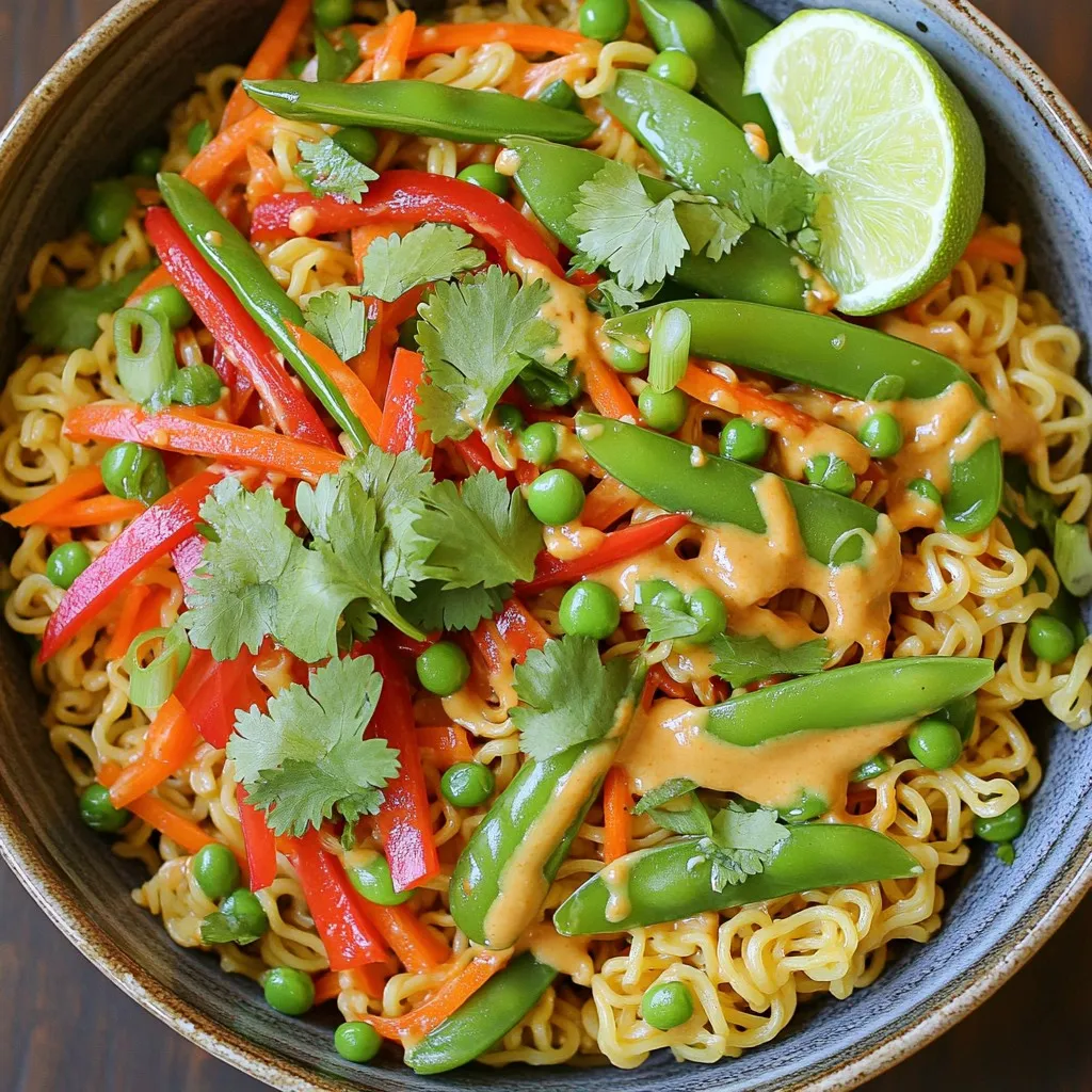 - 2 packs of instant ramen noodles (discard the seasoning packets) - 1 tablespoon vegetable oil - 1 small onion, thinly sliced - 2 garlic cloves, minced - 1 red bell pepper, julienned - 1 cup snap peas, trimmed - 1 cup shredded carrots - 1/2 cup green onions, sliced - 1/3 cup creamy peanut butter - 3 tablespoons soy sauce - 2 tablespoons lime juice - 1 tablespoon sesame oil - 1 tablespoon sriracha (or to taste) - Salt and pepper to taste - Chopped cilantro - Sliced green onions - Lime wedges This dish is quick and fun to make. The main ingredients are easy to find. Instant ramen noodles are the star. They cook fast and soak up flavor well. Fresh veggies add color and crunch, making the dish bright. The peanut sauce is where the magic happens. Creamy peanut butter gives it richness. Soy sauce adds saltiness, while lime juice adds tang. Sesame oil brings a nutty note, and sriracha adds heat. You can adjust the sriracha to your taste. For a finishing touch, consider garnishing with chopped cilantro, sliced green onions, and lime wedges. These add freshness and a pop of flavor. Enjoy this tasty meal that you can whip up in no time! Start by cooking the ramen noodles. Follow the package guide but reduce the time by 1-2 minutes. This keeps them firm. After cooking, drain the noodles and set them aside. In a large skillet or wok, heat the vegetable oil on medium-high. Add the thinly sliced onion. Sauté for 2 minutes until they soften. Then, mix in the minced garlic and cook for another minute. It should smell great! Now, add the red bell pepper, snap peas, and shredded carrots. Sauté these for 3-4 minutes until they are tender-crisp. This adds a nice crunch to your dish. In a small bowl, whisk together the creamy peanut butter, soy sauce, lime juice, sesame oil, and sriracha. Make sure this mix is smooth. Next, add the cooked ramen noodles to your skillet with the veggies. Pour the peanut sauce over everything. Toss well for 2-3 minutes. You want the noodles to be warm and coated in that tasty sauce. Season with salt and pepper to taste. Enjoy this easy stir-fry that bursts with flavor! To keep your veggies crunchy, cook them just right. Stir-fry the onions for two minutes. Then add garlic and cook for one more minute. Next, toss in the red bell pepper, snap peas, and carrots. Cook for about three to four minutes. This keeps them tender-crisp. For the noodles, cook them for one to two minutes less than the package says. This way, they stay firm and mix well with the sauce. Drain them and set them aside until the veggies are ready. You can add more protein for a hearty meal. Try chicken, shrimp, or tofu. Cook them separately and toss them in during the last minute. This adds great taste and fills you up. If you like spice, sriracha is your friend. Start with one tablespoon and add more if you want it hotter. Mix it into the peanut sauce for a zesty kick. Serve your ramen stir-fry in colorful bowls. Top each bowl with extra cilantro and a lime wedge. This makes the dish look fresh and bright. You can even arrange the veggies in a fun way for added flair. Enjoy your meal while it’s hot! {{image_2}} You can switch up the veggies for this stir-fry. Try using broccoli or zucchini. They add great texture and taste. You can also use other nut butters. Almond or cashew butter work well. Each will give a new flavor twist to your dish. If you need a gluten-free option, use rice noodles instead of ramen. They cook fast and blend well with the sauce. For a vegan version, leave out any animal products. Stick to plant-based sauces and oils. You can make Thai-inspired versions too. Try adding coconut milk for creaminess. A dash of curry powder can give it a spicy kick. Want to mix things up more? Try fusion recipes! Adding cheese can create a unique twist. You can even combine it with Italian or Mexican flavors for fun. After enjoying your Minute Thai Peanut Ramen Stir-Fry, store any leftovers in an airtight container. This keeps the flavors fresh and prevents spills. Place the container in the fridge. Your stir-fry will stay good for about three to four days. Make sure it cools down before sealing it. This helps avoid condensation. You can also freeze this stir-fry for later. To freeze, let it cool completely. Then, transfer it into a freezer-safe container or bag. Squeeze out as much air as possible to avoid freezer burn. It will last for about one to two months in the freezer. When you're ready to eat, thaw the stir-fry in the fridge overnight. Reheat it in a skillet over medium heat. Add a splash of water or broth to keep it moist. Stir until it’s heated through. Enjoy your quick and tasty meal even after freezing! Making this dish is quick and easy. It takes about 10 minutes to prep and 10 minutes to cook. So, you can enjoy your meal in just 20 minutes! Yes, you can use other noodles if you want. Rice noodles or soba noodles work well. Just remember to adjust the cooking time based on the type of noodles you choose. Absolutely! This dish is great for meal prep. You can cook it in advance and store it in the fridge. Just keep the stir-fry in an airtight container. It will stay fresh for up to 3 days. When you're ready to eat, just reheat in the microwave or on the stove. This blog post covered how to make a quick and tasty Minute Thai Peanut Ramen Stir-Fry. You learned about the main ingredients, cooking tips, and ways to customize your dish. I shared variations and storage options to help you get the most from your meal. Whether you want to add protein, swap veggies, or adjust spice levels, this dish is flexible. Remember, creative cooking makes meals more enjoyable. Try it out and have fun in the kitchen!