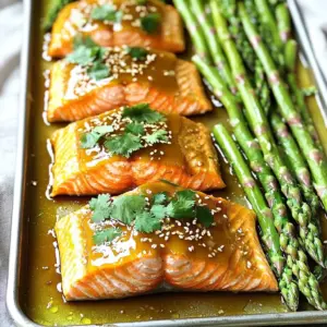 - 4 salmon fillets (approximately 6 oz each) - 1 bunch of asparagus, woody ends trimmed - 1/4 cup honey - 3 tablespoons soy sauce (or tamari for gluten-free) - 3 cloves garlic, minced - 1 tablespoon fresh ginger, grated - 1 tablespoon olive oil - Salt and pepper to taste - Sesame seeds for garnish - Fresh cilantro for garnish (optional) To make this dish, you need fresh salmon fillets. I prefer using fillets that are about 6 ounces each. Look for bright color and firm texture. Next, grab a bunch of asparagus. Trim off the woody ends to ensure a tender bite. Honey adds sweetness, balancing the saltiness from soy sauce. Use a high-quality honey for the best flavor. For the soy sauce, you can use tamari if you want a gluten-free option. Garlic and ginger are key players in the sauce. Mince the garlic finely and grate the ginger for a fresh taste. Olive oil keeps the asparagus moist and helps with the cooking process. Don’t forget salt and pepper to season the salmon and asparagus to perfection. Finally, sesame seeds and cilantro add a nice touch. They not only enhance the look but also boost the flavor. Gather these ingredients, and you are ready to create a delightful meal! - Prepping the Oven and Sheet Pan First, set your oven to 400°F (200°C). This hot temperature cooks the salmon and asparagus perfectly. Next, grab a large sheet pan and line it with parchment paper. This makes cleanup quick and easy. - Making the Honey Garlic Mixture In a small bowl, combine the honey, soy sauce, minced garlic, and grated ginger. Use a whisk to mix until everything is well blended. This mixture gives your dish a sweet and savory flavor. - Arranging Salmon and Asparagus Place the salmon fillets on one side of the sheet pan. Season them with salt and pepper. Drizzle half of the honey garlic mixture over the salmon. On the other side, lay out the trimmed asparagus in a single layer. Drizzle the asparagus with olive oil and sprinkle with salt and pepper. Pour the remaining honey garlic mixture over the asparagus. Toss them gently to coat. - Baking Process Put the sheet pan in the oven. Bake for 12 to 15 minutes. The salmon should be flaky and the asparagus should be tender but still crisp. Keep an eye on it to avoid overcooking. - How to Plate the Dish Once cooked, take the sheet pan out of the oven. Let it rest for a couple of minutes. Then, carefully plate the salmon and asparagus together. - Final Touches for Presentation For a beautiful finish, sprinkle sesame seeds on top. If you like, add fresh cilantro for a pop of color. This makes the dish look as good as it tastes. Cooking Time and Doneness Cook the salmon for 12 to 15 minutes at 400°F. Check for doneness by gently flaking it with a fork. It should separate easily when it's ready. If you prefer medium, aim for a slightly firmer texture. Techniques for Flakiness Start with room-temperature salmon. This helps it cook evenly. Avoid flipping the salmon during cooking; let it sit undisturbed. This will keep the flesh moist and flaky. How to Determine the Right Texture The asparagus should be bright green and tender-crisp. It should bend slightly without breaking. If you see any yellowing, it may be overripe or too old. Avoiding Overcooking To prevent mushy asparagus, keep an eye on the clock. Bake only until it’s tender. You can also taste it a minute or two before the timer goes off. If it’s crisp and vibrant, it’s perfect. Tips for Adjusting Sweetness and Saltiness If you like it sweeter, add more honey. For saltiness, adjust the soy sauce. Always taste the sauce before using. This way, you can tweak it to fit your mood. Using Fresh Ingredients for Best Flavor Fresh garlic and ginger make a big difference. They add a punch of flavor that dried ones can’t match. Look for bright green asparagus and firm salmon. Fresh ingredients make the dish shine. {{image_2}} Substituting Salmon with Other Fish You can easily switch salmon for other fish. Cod or tilapia work well. Both have a mild taste and cook fast. Adjust cooking time based on thickness. Using Chicken or Tofu Chicken breast or tofu also make great swaps. For chicken, cut into equal pieces. Cook until the center reaches 165°F. For tofu, use firm or extra-firm varieties. Other Veggies that Pair Well While asparagus shines here, you can try broccoli or green beans. Both add great color and crunch. Bell peppers also bring a sweet twist. Seasonal Vegetable Ideas In spring, use snap peas or baby carrots. In fall, use Brussels sprouts or butternut squash. These seasonal veggies enhance flavor and nutrition. Additions like Chilis or Citrus Want more heat? Add sliced red chilis for a spicy kick. A squeeze of fresh lemon or lime brightens every bite. Alternative Sauces or Glazes If you want to change the sauce, try teriyaki or a spicy sriracha glaze. Each brings a unique twist to this dish. Mix and match to find your favorite combo! To keep your sheet-pan honey garlic salmon and asparagus fresh, follow these tips: - Best Practices for Refrigeration: Allow the dish to cool down. Place it in the fridge within two hours. Store leftovers in the fridge for up to three days. - Recommended Containers: Use airtight containers. Glass containers work well. They help keep the food fresh and make reheating easy. To enjoy your leftovers, reheating is key. Here are some methods: - Methods for Keeping Salmon Moist: Use the microwave on low power. Cover with a damp paper towel. This keeps the fish moist. You can also reheat in an oven at 275°F. This method takes longer but keeps it juicy. - Reheating Asparagus Without Losing Texture: Sauté the asparagus in a pan with a drop of olive oil. Heat for just a few minutes. This helps maintain its crispness. If you want to save your dish longer, freezing is an option. - How to Properly Freeze Cooked Dish: Cool the dish completely. Portion it into containers. Use freezer-safe bags or containers to prevent freezer burn. - Best Practices for Thawing: Thaw in the fridge overnight. If you're in a hurry, use the microwave's defrost setting. Avoid thawing at room temperature to keep it safe. You should cook the salmon for 12 to 15 minutes. The salmon is done when it flakes easily with a fork. You want to see a nice, light pink color. If it's dry or too dark, it may be overcooked. Always check it at the 12-minute mark. Yes, you can use frozen salmon. Just thaw it before cooking. Place it in the fridge overnight or use cold water for quick thawing. Make sure it's fully thawed to cook evenly. Cook time may be slightly longer if starting from frozen. You can use tamari for a gluten-free option. Coconut aminos is another great choice. If you want a lower-sodium option, look for low-sodium soy sauce. These substitutes will keep the dish flavorful and delicious. Yes, you can make a vegetarian version. Use firm tofu instead of salmon. Just press the tofu to remove excess water. Cut it into slices and follow the same steps. You can also use tempeh or seitan for more texture. Absolutely! You can mix the honey garlic sauce a day ahead. Store it in an airtight container in the fridge. Just give it a good stir before using. This saves time on busy nights and enhances the flavor. For side dishes, consider quinoa or brown rice. Both add a nice texture and absorb the sauce well. A fresh salad with citrus dressing works too. You can serve roasted potatoes or a simple green vegetable for balance. This blog post covered a tasty salmon dish with asparagus. I shared key ingredients, step-by-step instructions, and helpful tips. You can adjust flavors, swap proteins, and choose different veggies. Proper storage keeps your meal fresh, and reheating tips ensure your leftovers taste great. Try this recipe for a simple yet flavorful meal. Your kitchen will feel alive with new tastes. Enjoy cooking and exploring these tips to enhance your dining experience!