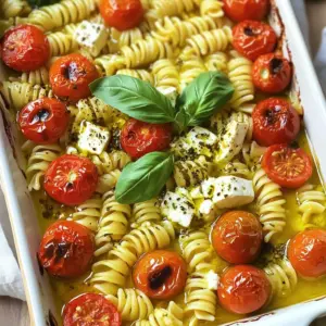 - 200g pasta (fusilli or penne works best) - 200g block feta cheese - 500g cherry tomatoes - 3 cloves garlic, minced - 1/4 cup olive oil - 1 teaspoon dried oregano - 1 teaspoon chili flakes (optional) - Fresh basil leaves, for garnish - Salt and pepper to taste The pasta gives you carbs for energy. Fusilli or penne holds the sauce well. Feta cheese adds creaminess and a salty kick. Cherry tomatoes bring sweetness and juicy flavor. Garlic adds depth and aroma. Olive oil helps blend all the flavors and adds healthy fats. Dried oregano gives a nice herbal note. Chili flakes can add heat if you like spice. Fresh basil at the end adds a fresh touch. You can swap the pasta for gluten-free types if needed. For a lighter option, use zucchini noodles. Instead of block feta, crumbled feta works too, but it may melt faster. If you can’t find cherry tomatoes, you can use grape tomatoes or even diced larger tomatoes. For a vegan version, use tofu feta or a nut-based cheese. Adjust the spices to fit your taste. 1. Preheat your oven to 400°F (200°C). This helps cook the dish evenly. 2. Grab a large baking dish and add 500g of cherry tomatoes. Spread them out evenly. 3. Place a block of feta cheese (200g) in the center of the tomatoes. The feta will melt and mix with the tomatoes. 4. Drizzle 1/4 cup of olive oil over the tomatoes and feta. This adds flavor and moisture. 5. Sprinkle in 3 cloves of minced garlic, 1 teaspoon of dried oregano, and chili flakes if you like heat. 6. Add salt and pepper to taste. Use a spoon to mix the tomatoes with the oil and seasoning around the feta. 7. Bake the dish in the preheated oven for 25-30 minutes. Look for blistered tomatoes and slightly browned feta. 8. Check the feta and tomatoes after 25 minutes. If they look good, it’s time to remove them from the oven. 9. While the feta and tomatoes bake, cook 200g of pasta. Fusilli or penne works best. Cook until al dente, then drain. 10. Once out of the oven, use a fork to mash the baked feta. Mix it with the tomatoes to create a creamy sauce. 11. Add the cooked pasta to the baking dish. Toss everything together until well combined. 12. Taste and adjust seasoning with more salt and pepper if needed. 13. Serve warm, topped with fresh basil leaves for a burst of flavor. Enjoy your meal! To make Baked Feta Tomato Pasta shine, use fresh ingredients. Fresh cherry tomatoes burst with flavor. When picking tomatoes, choose ones that feel firm. They should have a sweet smell. This ensures they taste great after baking. Don’t skip the garlic; it adds depth. Mince it finely for even flavor. If you like spice, add chili flakes. They give the dish a nice kick. For the best texture, bake the feta until it softens. It should be slightly browned on top. This makes it creamy when mixed with pasta. Serve this dish warm for the best taste. Top it with fresh basil leaves for color and flavor. You can also add a sprinkle of grated cheese. A bit of Parmesan or pecorino can enhance the dish. Pair it with a fresh salad for a full meal. A light vinaigrette works well to balance the flavors. You can also serve it with crusty bread. The bread is great for scooping up the creamy sauce. If you want to impress, serve it in individual bowls. This adds a personal touch and makes it more fun. One common mistake is overcooking the pasta. Cook it until it’s al dente, or firm to the bite. This helps it hold its shape when mixed with the sauce. Another mistake is not seasoning enough. Taste and adjust with salt and pepper. This really brings out the flavors. Don’t rush the baking time. Allow the tomatoes to blister. This gives them sweetness and depth. Also, let the feta melt properly. This creates a creamy sauce that coats the pasta well. Try not to skip the mashing step. Mixing the baked feta with tomatoes makes a great sauce. If you leave it whole, the dish won’t be as creamy. {{image_2}} You can easily add more veggies to your baked feta tomato pasta. Try using spinach, zucchini, or bell peppers. Just chop them up and mix with the tomatoes. This adds color and more nutrients. You can also toss in some olives for a briny kick. If you want to add protein, consider chicken or shrimp. Cook the chicken in a pan, then mix it into the pasta. For shrimp, just toss them in the baking dish with the feta and tomatoes. Both options make the meal heartier and more filling. To boost the flavor, use fresh herbs like thyme or parsley. You can also squeeze some lemon juice over the pasta before serving. This adds brightness and freshness to the dish. For spice lovers, try adding more chili flakes or even some diced jalapeños for heat. To store leftovers, let the pasta cool down. Place it in an airtight container. This helps keep the flavors fresh. Always try to eat the leftovers within three days. If you think you won’t finish it, consider freezing some. To reheat, use a microwave or a pan. If using a microwave, cover the dish. Heat it in short bursts until warm. For the pan, add a splash of water or broth. Stir often over medium heat until it is hot. This keeps the pasta moist and tasty. Freezing this dish works well. First, let it cool completely. Then, divide it into portions. Use freezer-safe containers or bags. Remove as much air as possible. It will last up to two months in the freezer. When ready to eat, thaw overnight in the fridge before reheating. Baked Feta Tomato Pasta can last about 3 to 5 days in the fridge. Store it in an airtight container. Make sure to let it cool before placing it in the fridge. This helps keep it fresh and tasty. If you want to reheat it, use a microwave or oven. Just add a bit of water to keep it moist. Yes, you can use regular feta cheese. Crumbled feta will work too, but the dish may change a bit. Block feta melts differently, giving a creamier sauce. If you use crumbled feta, mix it in with the tomatoes before baking. This will help it blend nicely with the other flavors. Yes, you can make this dish vegan! Replace the block feta with a plant-based feta. You can also try using cashew cheese or tofu. These options work well in the oven. Adjust the seasonings to taste, and you still get a creamy sauce. Enjoy the same great flavors without the dairy! In this article, I covered how to make baked feta tomato pasta. I shared a list of key ingredients, their benefits, and helpful substitutions. I provided step-by-step instructions, tips to perfect the dish, and various tasty options. I also explained how to store leftovers and reheating tips. Now you are ready to create this delicious meal. With these simple steps and tricks, you can impress anyone at your table. Enjoy the flavors and have fun in the kitchen!