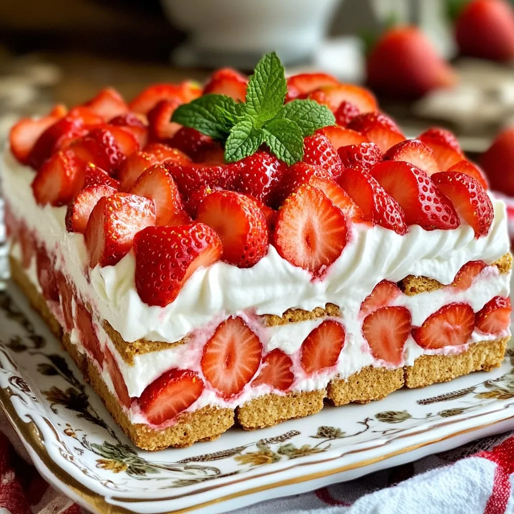 - 2 cups fresh strawberries - 1/4 cup granulated sugar - Fresh mint leaves for garnish (optional) - 1 cup heavy cream - 1 cup cream cheese, softened - 1/2 teaspoon vanilla extract - 1 package (14 ounces) of graham crackers Fresh strawberries shine in this recipe. They add bright color and sweet flavor. I choose ripe strawberries for the best taste. The granulated sugar helps soften them too. It brings out their natural juices. You can also toss in some fresh mint leaves for a pop of color. Next, we need creamy components. Heavy cream is key for making fluffy layers. Cream cheese adds richness and a smooth texture. Don't forget the vanilla extract; it enhances the flavor. Together, these ingredients create a light and dreamy filling. Finally, we have the base layer. Graham crackers give structure and crunch. They soak up the cream and strawberry juices. This creates a delightful contrast in textures. You can use any brand you like, but choose a plain flavor for best results. Now that we have all our ingredients, we are ready to create a no-bake delight! - Combine 2 cups of sliced strawberries with 1/4 cup of granulated sugar. - Toss gently and let them sit for 10 to 15 minutes to macerate. This step helps the strawberries soften and release their sweet juices. - In a large bowl, whip 1 cup of heavy cream, 1 cup of softened cream cheese, and 1/2 teaspoon of vanilla extract. - Use an electric mixer until soft peaks form. This mixture should be fluffy and well combined. - Take a 9x9 inch baking dish and spread a thin layer of the cream mixture on the bottom. - Place a layer of graham crackers over the cream, covering the bottom completely. - Spread some of the whipped cream mixture over the graham crackers, then add a layer of macerated strawberries on top. - Repeat these layers: graham crackers, cream mixture, and strawberries until you reach the top. - Finish with a layer of whipped cream on top. - Cover the dish with plastic wrap and refrigerate for at least 4 hours or overnight. This allows the flavors to meld and the graham crackers to soften. - When you’re ready to serve, cut the cake into squares and garnish with fresh mint leaves if desired. To get the right texture for whipped cream, start with cold heavy cream. Use a clean bowl and beaters. Whip the cream until soft peaks form. This means the cream holds its shape but is still soft. If you whip too long, it can turn into butter. To prevent this, watch it closely. Stop when it looks fluffy and smooth. Cutting the cake is easy. Use a sharp knife dipped in warm water to slice through. This helps make clean cuts. Serve each piece with a spoonful of strawberries on top. You can also add fresh mint leaves for a nice touch. They give a pop of color and flavor. You can prepare this cake in advance. Make it the day before you plan to serve it. It will taste great after chilling overnight. For best freshness, cover it tightly with plastic wrap. This keeps it moist and prevents it from absorbing odors. Store it in the fridge until you are ready to enjoy! {{image_2}} You can change up the fruit in this cake. Try using blueberries, peaches, or raspberries. Each fruit brings its own flavor and color. You can also use whatever is in season. Fresh, ripe fruit always tastes best. This way, you can enjoy a new flavor each time you make the cake. Want to add a twist? You can add citrus zest, like lemon or orange, to the cream. This gives a bright flavor that pairs well with the fruit. You can also mix in some chocolate layers. Just melt some chocolate and swirl it into the cream. This creates a rich and tasty treat. If you need to make this cake gluten-free, look for gluten-free graham crackers. They work well and taste great. For a vegan option, you can replace the cream cheese with a plant-based cream cheese. Use coconut cream instead of heavy cream for a lighter option. These simple swaps let everyone enjoy this delicious dessert. Store the cake in the fridge for up to three days. To keep it fresh, cover the dish tightly with plastic wrap. This helps prevent the cake from drying out or absorbing other odors. Yes, you can freeze the icebox cake. Wrap it tightly in plastic wrap and then in aluminum foil. When you are ready to serve, thaw it in the fridge overnight. This keeps the texture nice and creamy. Check for any odd smells or changes in color. If the whipped cream looks runny or separates, it’s best to toss it. To extend shelf life, always cover the cake well and keep it chilled. Yes, you can use frozen strawberries. They work well in this recipe. However, fresh strawberries give a better texture and flavor. Frozen strawberries may be softer and watery after thawing. If you choose frozen ones, let them thaw and drain excess juice. This helps keep the cake from getting soggy. The cake takes at least four hours to set. For best results, refrigerate it overnight. This time allows the graham crackers to soften. It also lets the flavors blend nicely. The longer it sits, the better the taste will be. You can use mascarpone cheese as a substitute. Greek yogurt is another great option. Both will add creaminess without losing flavor. Just remember to adjust the sweetness if needed. These alternatives keep the cake light and delicious. This blog post showed you how to make a delicious icebox cake. You learned about fresh ingredients, creamy components, and step-by-step instructions. We covered helpful tips, variations, and storage info to keep your cake fresh. Remember, this dessert is easy to adjust based on your favorite fruits and flavors. With these guidelines, you can create a treat that’s perfect for any occasion. Enjoy making your own icebox cake and impress your friends and family with your skills!