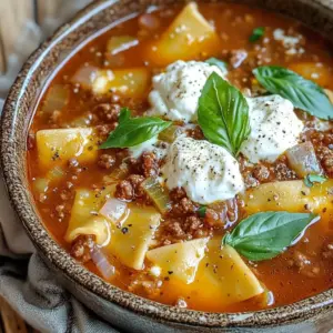 For this tasty Instant Pot lasagna soup, you will need: - 1 lb ground beef or Italian sausage - 1 medium onion, diced - 3 cloves garlic, minced - 1 can (28 oz) crushed tomatoes - 4 cups chicken or vegetable broth - 2 tablespoons tomato paste - 1 teaspoon Italian seasoning - ½ teaspoon red pepper flakes (optional) - 8 lasagna noodles, broken into pieces - 1 cup ricotta cheese - 1 cup shredded mozzarella cheese - ½ cup grated Parmesan cheese - Fresh basil leaves for garnish - Salt and pepper to taste These ingredients come together to create a warm, hearty dish that feels like a hug in a bowl. You can swap some items based on what you have at home: - Use ground turkey for a leaner option. - Try diced bell peppers or carrots for extra crunch. - Instead of ricotta, cottage cheese works too. - Swap lasagna noodles for gluten-free pasta if needed. With these swaps, you can still enjoy a great meal without missing out on flavor. To make this recipe, you will need: - Instant Pot or any electric pressure cooker - A cutting board and knife for chopping - Measuring cups and spoons - A wooden spoon for stirring - A serving bowl for your soup Having these tools ready ensures that the cooking process goes smoothly. Start by gathering all your ingredients. You need: - 1 lb ground beef or Italian sausage - 1 medium onion, diced - 3 cloves garlic, minced - 1 can (28 oz) crushed tomatoes - 4 cups chicken or vegetable broth - 2 tablespoons tomato paste - 1 teaspoon Italian seasoning - ½ teaspoon red pepper flakes (optional) - 8 lasagna noodles, broken into pieces - 1 cup ricotta cheese - 1 cup shredded mozzarella cheese - ½ cup grated Parmesan cheese - Fresh basil leaves for garnish - Salt and pepper to taste Chop the onion and mince the garlic. Break the lasagna noodles into smaller pieces. This helps them cook faster in the soup. Set your Instant Pot to 'Sauté' mode. Add the ground beef or sausage. Cook until it turns brown, about 5 to 7 minutes. Drain any excess fat if you used beef. Then, toss in the diced onion and minced garlic. Sauté this mixture for 2 to 3 minutes. The onion should become soft and clear. Next, add the crushed tomatoes, broth, tomato paste, Italian seasoning, and red pepper flakes. Stir everything together well. Add salt and pepper to taste. Now, mix in the broken lasagna noodles. Close the lid on the Instant Pot. Set it to 'Manual' mode for 5 minutes. Make sure the valve is on sealing. When the time is up, let it sit for 10 minutes. This is called natural pressure release. After that, carefully quick release any leftover pressure. Open the lid and stir in the ricotta cheese. This makes the soup creamy and rich. Taste your soup and adjust the seasoning if needed. Serve hot. Top each bowl with mozzarella and Parmesan cheese. Add fresh basil leaves for a pop of color and flavor. Enjoy your warm, delicious bowl of Instant Pot lasagna soup! You can change this soup to match your taste. Here are some ideas: - Meat Choices: Use ground turkey or chicken for a lighter option. - Cheese Variety: Add goat cheese for a tangy twist. - Herbs: Swap Italian seasoning with fresh thyme or oregano. - Spice Level: Increase red pepper flakes for more heat. - Extra Veggies: Toss in chopped spinach or zucchini for added nutrition. Many make simple errors when cooking this soup. Here are some to watch for: - Overcooking Noodles: Break noodles into smaller pieces. This helps them cook well. - Skipping Seasoning: Always taste and adjust salt and pepper. - Not Sautéing Enough: Sauté meat and onions well for deep flavor. - Rushing the Pressure Release: Allow natural release for better texture. - Ignoring Ingredients Order: Add ingredients in the right order for best results. Serve this soup in fun ways to enjoy it more. Here are some ideas: - Garnish: Top each bowl with mozzarella and Parmesan cheese. - Fresh Herbs: Sprinkle fresh basil on top for color and flavor. - Side Dishes: Pair it with garlic bread or a fresh salad. - Make it a Meal: Serve with crusty bread for a hearty dinner. - Leftover Lunch: Pack it for lunch the next day; it tastes even better! {{image_2}} You can make a tasty vegetarian version of this soup. Just swap the meat for a mix of mushrooms, zucchini, and bell peppers. Use 1 cup of chopped mushrooms and 1 cup of diced zucchini. They add great flavor and texture. You can also add 1 can of drained chickpeas for protein. This keeps your soup hearty without meat. For a gluten-free option, use gluten-free lasagna noodles. Break them into small pieces, just like regular noodles. You can also use gluten-free pasta, like penne or shells. Make sure to check the labels for hidden gluten in your broth and tomato paste. This way, everyone can enjoy the soup! Feel free to add more vegetables to your soup. Spinach or kale works well. Add about 2 cups of fresh spinach or 1 cup of chopped kale right before serving. You can also toss in carrots or peas. Just add them during the last few minutes of cooking. This adds color and nutrition to your meal. After enjoying your Instant Pot lasagna soup, let it cool down. Transfer it to an airtight container. This will keep it fresh. Store the container in the fridge. Your soup will stay good for about three to four days. Make sure to label it with the date. If you have more soup than you can eat, freezing is a great option. Pour the cooled soup into freezer-safe bags or containers. Leave some space at the top for expansion. Seal them tightly to avoid freezer burn. It can last up to three months in the freezer. Remember to label the bags with the date. When you're ready to enjoy it again, thaw the soup in the fridge overnight. You can reheat it on the stove over low heat. Stir it often to avoid sticking. If you want to use the microwave, heat it in short bursts. Stir in between to ensure even warming. Add a splash of broth if it seems thick. Enjoy your delicious soup once more! To make Instant Pot Lasagna Soup, start by browning 1 pound of ground beef or Italian sausage in your pot. Add 1 diced onion and 3 minced garlic cloves, cooking until the onion is soft. Then, pour in 28 ounces of crushed tomatoes, 4 cups of broth, and 2 tablespoons of tomato paste. Add 1 teaspoon of Italian seasoning and ½ teaspoon of red pepper flakes if you like spice. Break 8 lasagna noodles into smaller pieces and stir them in. Close the lid and cook on 'Manual' mode for 5 minutes. Once done, stir in 1 cup of ricotta and enjoy! Yes, you can use different meats in this dish. Ground turkey or chicken work well too. If you prefer plant-based options, try using lentils or mushrooms. Both choices add flavor and texture. Adjust the cooking time if needed, as some meats cook faster than others. Experiment to find what you love best. Lasagna Soup pairs nicely with a fresh salad or garlic bread. A simple green salad adds crunch and freshness. Garlic bread is perfect for soaking up that delicious soup. You can also serve it with a sprinkle of fresh basil or extra cheese for added flavor. Enjoy your meal with family or friends for a cozy dining experience! This article covered key ingredients, step-by-step instructions, and helpful tips for making Instant Pot Lasagna Soup. You learned how to prep, cook, and store your soup. I shared ways to customize it and avoid common mistakes. Now you can enjoy delicious variations to suit your tastes. Remember, cooking is fun! Experiment with flavors, and always think about what you love. Enjoy every bowl!