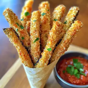 - 1 large eggplant - 1 cup all-purpose flour - 2 large eggs - 1 cup breadcrumbs (preferably panko) - 1/2 cup grated Parmesan cheese - 1 teaspoon garlic powder - 1 teaspoon onion powder - 1/2 teaspoon smoked paprika - Salt and pepper, to taste - Olive oil spray - Marinara sauce or ranch dressing for serving - Fresh parsley for garnish When I make crispy Parmesan crusted eggplant fries, I focus on freshness. The eggplant should be firm. Look for a shiny skin without blemishes. Once you have your eggplant, cut it into fries about half an inch thick. This size helps them cook evenly and become crispy. Next, I gather my main ingredients. The flour creates a dry coating, while eggs help the breadcrumbs stick. I prefer panko breadcrumbs for the extra crunch they give. They help make the fries even crispier. For seasoning, I love using Parmesan cheese. It adds a rich, salty flavor. Garlic powder and onion powder give depth to the taste. Smoked paprika adds a hint of warmth. Remember, season your flour with salt and pepper. This step helps every bite burst with flavor. You can use olive oil spray to help the fries crisp up in the oven. If you want to dip them, marinara sauce or ranch dressing works great. Garnish with fresh parsley for a nice touch. This list of ingredients ensures your eggplant fries will be tasty and satisfying. Enjoy the process, and don’t forget to have fun! 1. First, preheat your oven to 425°F (220°C). This helps the fries cook evenly. 2. Next, line a baking sheet with parchment paper. Lightly spray it with olive oil. This keeps the fries from sticking. 3. Now, set up your breading station. Place the flour in a shallow bowl and season it with salt and pepper. 4. In another bowl, whisk the eggs until they blend well. This will coat the fries. 5. In a third bowl, mix breadcrumbs, Parmesan cheese, garlic powder, onion powder, smoked paprika, and a pinch of salt and pepper. 1. Take each eggplant fry and dredge it in the flour. Make sure to tap off any extra flour. 2. Next, dip the fry into the egg wash. Ensure it is fully coated for a good grip. 3. Then, press the fry into the breadcrumb mixture. Make sure to cover all sides. 4. Place the coated fries on your prepared baking sheet in a single layer. 1. Once all fries are coated, spray the tops lightly with olive oil. This helps them crisp up in the oven. 2. Bake the eggplant fries for 25-30 minutes. Turn them halfway through to ensure even cooking. They should be golden brown and crispy when done. 3. After baking, remove them from the oven. Let them cool for a few minutes before serving. 4. For serving, present the fries in a cone or on a platter. Pair them with marinara sauce or ranch dressing for dipping. Garnish with fresh parsley for a nice touch. Using panko breadcrumbs is key for a great crunch. They are lighter and airier than regular breadcrumbs. This texture helps create a crispier finish. When you coat your eggplant fries, make sure to really press the panko onto them. This helps them stick better. Next, use an olive oil spray on your fries. A light mist before baking helps them crisp up. It gives that golden look and boosts flavor. You want the fries to have a nice, crunchy outer layer. To boost taste, try adding more seasonings. You can mix in some Italian herbs or a pinch of cayenne for heat. These spices add depth and excitement to your eggplant fries. If you need an alternative to Parmesan cheese, try using nutritional yeast. It gives a cheesy flavor without dairy. You can also use pecorino cheese for a sharper taste. Both options work well in this recipe. You can choose between baking and frying. Baking is healthier and easier, while frying gives a richer flavor. If you fry, use a deep pan with hot oil. Keep the oil at 350°F (175°C) for the best results. If you bake, set your oven to 425°F (220°C). This temperature helps the fries cook evenly. You can also turn the temperature down if you want a slower bake. Just keep an eye on them to avoid burning. {{image_2}} You can switch up the cheese in this recipe. Try using mozzarella or cheddar for a different taste. They melt well and add a nice flavor. If you're looking for gluten-free options, substitute the all-purpose flour with almond flour. Use gluten-free breadcrumbs too. This way, everyone can enjoy these tasty fries. Adding spices can elevate your eggplant fries. Try cayenne for heat or oregano for an Italian twist. You can also incorporate fresh herbs like basil or thyme. Sprinkle them on before baking for added freshness. These small changes can make a big difference in taste. Dipping sauces can make a fun addition. Marinara sauce is classic, but try ranch or spicy aioli for a twist. You can also serve them with a yogurt dip mixed with herbs. For plating, serve the fries in a cone or a basket. Garnish with fresh parsley for color. This makes your dish look even more appealing. To store leftovers, let the eggplant fries cool completely. Place them in an airtight container. This keeps them fresh and prevents sogginess. I recommend enjoying them within 3 days for the best taste and texture. For freezing, first, cool the eggplant fries fully. Lay them flat on a baking sheet and freeze until firm. Then, transfer the fries to a freezer-safe bag. Remove as much air as possible before sealing. This method helps prevent freezer burn. You can freeze the fries for up to 3 months. When you're ready to eat them, take the fries out and thaw them in the fridge overnight. Avoid thawing them at room temperature to keep them safe and tasty. To reheat in the oven, preheat it to 400°F (200°C). Place the fries on a baking sheet and cook for about 10-15 minutes. This will help them regain their crunch. Turn them halfway for even heating. For a quicker option, you can use a microwave. Heat on high for about 1-2 minutes. This method is faster but may make them softer. An air fryer can also work well. Set it to 375°F (190°C) and cook for 5-7 minutes. This keeps them crispy and delicious. Yes, you can prepare the eggplant fries ahead of time. After breading them, place the fries on a baking sheet. Cover the sheet and store it in the fridge. You can bake them later, which keeps them fresh. Just remember to bake within 24 hours for the best taste and texture. You will know the fries are done when they look golden brown. They should also feel crisp when you touch them. About halfway through baking, turn them over for even cooking. This way, both sides get nice and crispy. If you don’t have breadcrumbs, you can use crushed cornflakes or even ground nuts. Both will give a good crunch. If you need a gluten-free option, try gluten-free breadcrumbs. Just make sure to check the labels to ensure they fit your needs. These eggplant fries can fit well into a healthy diet. Eggplants are low in calories and high in fiber. Using olive oil spray keeps the fat low while still helping them crisp up. Just be mindful of the amount of cheese and flour you use for added calories. Absolutely! You can use this same method for other veggies. Zucchini, sweet potatoes, and carrots work well. Just cut them into fry shapes and follow the same steps. Adjust the baking time according to the thickness of your vegetable fries. In this blog post, we explored how to make delicious eggplant fries. We covered ingredients, from eggplant to coatings and seasonings. I shared easy steps to prepare, bread, and bake the fries. You learned tips for crispiness and flavor, along with storage methods and variations. Making these fries is simple and fun. Enjoy experimenting with flavors and share them with friends. You'll create a tasty treat everyone will love. Now, it's your turn to try this recipe and enjoy every bite!