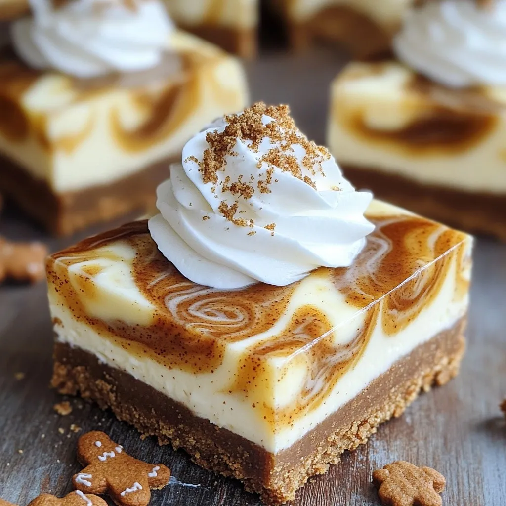 To create these no bake gingerbread cheesecake bars, you need the following: - 1 ½ cups gingerbread cookies, crushed - ½ cup unsalted butter, melted - 16 oz cream cheese, softened - 1 cup powdered sugar - 1 teaspoon vanilla extract - 1 teaspoon ground ginger - 1 teaspoon ground cinnamon - ½ teaspoon ground nutmeg - 1 cup heavy whipping cream - ¼ cup molasses These ingredients blend together to make a creamy and spiced cheesecake that everyone loves. Toppings can enhance the look and taste of your bars. Here are some ideas: - Whipped cream - Crushed gingerbread cookies These toppings add a festive touch and extra crunch. They make the bars a true delight for the senses. You can swap out some ingredients if needed. Here are a few ideas: - Use graham crackers instead of gingerbread cookies for the crust. - Substitute coconut cream for heavy whipping cream to make it dairy-free. - Maple syrup can replace molasses if you want a different flavor. These swaps keep the spirit of the recipe while making it fit your needs. To start, gather your ingredients. You need crushed gingerbread cookies and melted butter. In a mixing bowl, combine 1 ½ cups of crushed gingerbread cookies with ½ cup of melted unsalted butter. Mix this well until all crumbs are coated. This mix becomes your crust. Next, take a lined 9x9 inch baking pan. Press the mixture firmly into the bottom of the pan. Make sure it is even. Now, place the pan in the fridge for about 10 minutes. This helps the crust firm up nicely. Now, let’s make the cheesecake filling. First, beat 16 oz of softened cream cheese in a large bowl using an electric mixer. Whip it until it’s smooth and creamy. Gradually add in 1 cup of powdered sugar, 1 teaspoon of vanilla extract, 1 teaspoon of ground ginger, 1 teaspoon of ground cinnamon, and ½ teaspoon of ground nutmeg. Mix this until it’s fully combined and smooth. In another bowl, whip 1 cup of heavy cream until stiff peaks form. Gently fold this whipped cream into the cream cheese mixture. This step makes your filling light and fluffy. Finally, drizzle in ¼ cup of molasses and stir gently for a marbled effect. Pour the cheesecake mixture over the chilled crust. Spread it evenly to cover the crust. Cover the pan and place it in the fridge. Let it chill for at least 4 hours, or until it’s firm. Once set, lift the cheesecake out of the pan by using the parchment paper. Cut it into bars. For a fun touch, serve each bar topped with whipped cream and some crushed gingerbread cookies. This adds a festive flair to your dessert. Enjoy every bite! To get the best texture in your cheesecake bars, use softened cream cheese. Cold cream cheese makes lumps. Beat it until smooth before adding other ingredients. Whip the heavy cream until stiff peaks form. This adds lightness to your filling. When you fold the whipped cream in, do it gently. This keeps the mixture airy. Make sure to chill the bars long enough, at least four hours. This helps them set properly. A few common mistakes can ruin your dessert. First, don’t skip the chilling time. If you cut the bars too soon, they will fall apart. Second, be careful not to overmix the filling. Overmixing can make your cheesecake dense. Lastly, use fresh spices for the best flavor. Old spices can dull the taste and make the bars less exciting. For a stunning presentation, serve the bars cold. Add a dollop of whipped cream on top. This adds creaminess and makes each bite better. Sprinkle crushed gingerbread cookies on top for crunch and extra flavor. You can also drizzle a little molasses over the bars before serving. This adds a beautiful touch and a hint of sweetness. Use a sharp knife to cut the bars for clean edges. Enjoy these festive treats at your next gathering! {{image_2}} You can change the flavor of your cheesecake bars easily. Try using different cookies for the crust. Chocolate cookies add a rich twist, while vanilla cookies keep it light. You can also experiment with spices. Add more ginger for a spicier kick. A touch of cardamom gives it a warm note. For a sweeter taste, mix in some chocolate chips. They melt into the filling and add a nice surprise. If you're looking for healthier options, there are simple swaps. Use low-fat cream cheese instead of regular. This change cuts some calories while keeping the taste. You can also use a sugar substitute in place of powdered sugar. This keeps the sweetness without the extra sugar. For the crust, try oats or nuts instead of gingerbread cookies. This adds fiber and healthy fats. Make these bars even more festive with seasonal flavors. In fall, add pumpkin puree for a fun twist. Mix it in with the cream cheese filling. In winter, try mixing in chopped cranberries. They add a pop of color and tartness. You can also top the bars with pomegranate seeds for a bright touch. These additions make your no-bake gingerbread cheesecake bars perfect for any holiday gathering. You can store your no bake gingerbread cheesecake bars in the fridge. Place them in an airtight container. This keeps them fresh for up to five days. If you want to keep them longer, consider freezing. To freeze the bars, cut them into pieces first. Wrap each piece in plastic wrap. Then, place them in a freezer-safe bag. They freeze well for up to three months. When ready to enjoy, thaw them in the fridge overnight. For the best taste, keep the bars covered. Exposure to air can dry them out. Also, avoid placing strong-smelling foods nearby. Your cheesecake bars can absorb those scents. Before serving, top with whipped cream and crushed cookies. This adds a fresh touch right before you enjoy them. Yes, you can use various cookies for the crust. Try using chocolate cookies or graham crackers. Each cookie will give a unique taste. Just crush them finely and mix with melted butter. These bars stay fresh for about five days in the fridge. Make sure to cover them well. If you want them to last longer, freeze them. They can last up to three months in the freezer. Yes, you can make these bars dairy-free. Use dairy-free cream cheese and coconut cream instead of heavy cream. Choose dairy-free butter for the crust. This way, everyone can enjoy them. Absolutely! You can add more spices like cloves or allspice. Adjust the amount to your taste. Just remember to keep the balance so the flavors blend well. Yes, chilling is key! Let the bars set in the fridge for at least four hours. This helps them firm up and makes cutting easier. You can top your bars with whipped cream and crushed gingerbread cookies. Other options include chocolate shavings or a drizzle of caramel sauce. Get creative with your toppings! Yes, these bars are perfect for make-ahead treats. You can prepare them the day before your gathering. Just keep them in the fridge until you’re ready to serve. You now have a complete guide to making No Bake Gingerbread Cheesecake Bars. We covered all you need: the key ingredients, step-by-step instructions, and helpful tips. You learned about variations and storage options to keep your treats fresh. Remember to have fun with this recipe and experiment with flavors. Making these bars can be a fun project. With this guide, you can impress your friends and family. I hope you enjoy every bite of your delicious creation!