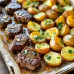 - 1 lb sirloin steak - 1 lb baby potatoes - 3 tablespoons unsalted butter - 4 cloves garlic, minced - 1 teaspoon dried oregano - 1 teaspoon smoked paprika - 1 teaspoon salt - 1/2 teaspoon black pepper - 2 tablespoons fresh parsley, chopped (for garnish) - Olive oil for drizzling The main ingredients for this dish are simple yet flavorful. Sirloin steak gives a nice bite and rich taste. Baby potatoes add heartiness and texture. The unsalted butter is key for that creamy garlic flavor. For seasoning, I use minced garlic, dried oregano, and smoked paprika. These flavors blend well and boost the dish's taste. Salt and black pepper enhance everything, while fresh parsley brightens it up. Optional olive oil can help with roasting the potatoes. It adds a nice crispiness. You can adjust the amount based on your taste. Use these ingredients to create a dish that satisfies your cravings. - Preheat the oven to 425°F (220°C). - Line the sheet pan with parchment paper. This makes cleanup easy. - In a bowl, combine baby potatoes with 2 tablespoons of olive oil, smoked paprika, salt, and pepper. - Toss the potatoes well to coat them evenly. - Spread the seasoned potatoes on one side of the sheet pan in a single layer. - In a small saucepan, melt the butter over medium heat. - Add minced garlic and oregano. Cook for 1-2 minutes until fragrant. - Remove from heat to avoid browning the garlic. - Once the potatoes bake for 15 minutes, take the pan out. - Push the potatoes to one side, making space for the steak bites. - In the same bowl, toss the steak pieces in the garlic butter mixture. - Spread the steak bites on the empty side of the sheet pan. - Return the pan to the oven and bake for another 10-12 minutes. - Check for desired doneness. The steak should be cooked and the potatoes tender. - After baking, let the pan rest for a few minutes. - Garnish with fresh parsley before serving. To get the right doneness for steak bites, use a meat thermometer. Aim for 130°F for medium-rare and 140°F for medium. This ensures the steak stays juicy and tender. If you like your steak well-done, cook it until it reaches 160°F. To avoid overcooking, keep an eye on the time. Bake the steak bites for 10-12 minutes. If you're unsure, check the doneness a couple of minutes early. The steak will continue to cook a bit after you take it out. You can add more flavor with spices. Try adding chili powder or onion powder for a kick. A splash of soy sauce or Worcestershire sauce can also deepen the taste. Drizzling extra garlic butter before serving makes the dish richer. Just melt a bit more butter, mix in some minced garlic, and pour it over the top. It adds a nice finishing touch. For a fun presentation, serve directly on the sheet pan. It gives a rustic feel that everyone loves. If you prefer, you can arrange the steak bites and potatoes on a big platter. Pair this dish with a fresh salad or steamed veggies. A glass of red wine also complements the meal well. Enjoying this dish hot makes the flavors shine even more! {{image_2}} You can use other cuts of meat if you want. Flank steak or ribeye work well. They offer great flavor and texture. If you like chicken, it’s a good choice too. Cut the chicken into bite-sized pieces. Shrimp is also a tasty option. Just adjust the cooking time to avoid overcooking. Shrimp cooks faster than steak, so keep an eye on it. Feel free to add other veggies for a colorful mix. Bell peppers, carrots, or zucchini can add variety. Just cut them into similar sizes to the potatoes. This way, everything cooks evenly. If you choose softer vegetables, adjust the cooking time. They may need less time in the oven. Aim for a bright and fresh taste with your mix. Get creative with your seasoning. Try adding chili powder or cumin for a kick. You can also mix in fresh herbs like rosemary or thyme. Each herb brings its own unique flavor. Experimenting can lead to a new favorite dish. Remember, a splash of lemon juice can brighten your meal too. Enjoy the process of discovering new flavors! To keep your garlic butter steak bites and potatoes fresh, store them in airtight containers. This helps keep moisture in and prevents drying out. Divide the dish into smaller portions if you plan to eat them over several days. Make sure the food cools down before sealing the container. This avoids condensation inside. To reheat your steak bites and potatoes, use an oven or skillet. Preheat the oven to 350°F (175°C) and place the food on a baking sheet. Cover it with foil to lock in moisture. Heat for about 15-20 minutes. If using a skillet, add a splash of water and cover. This will steam the food and help it stay juicy. Yes, you can freeze garlic butter steak bites and potatoes! Place the cooled dish in freezer-safe containers. Make sure to leave some space for expansion. For best results, eat it within three months. To thaw, move the container to the fridge overnight. Reheat in the oven or skillet as described earlier for the best flavor and texture. To check if your steak is done, use a meat thermometer. - Rare: 125°F (52°C) - Medium Rare: 135°F (57°C) - Medium: 145°F (63°C) - Medium Well: 150°F (66°C) - Well Done: 160°F (71°C) For this recipe, I suggest aiming for medium rare. The steak will stay juicy and tender. Always remember to let it rest for a few minutes after baking. This helps the juices settle, making each bite flavorful. Yes, you can prepare this dish ahead. Here are some meal prep tips: - Prep the Potatoes: Cut the baby potatoes and season them. Store in the fridge for up to 24 hours. - Marinate the Steak: Toss the steak with garlic butter and seasonings. Store in the fridge for up to 12 hours. When you're ready to cook, just follow the baking steps. This makes dinner easy and quick. There are many great sides to pair with garlic butter steak bites: - Steamed Vegetables: Broccoli or green beans add color and crunch. - Salad: A fresh garden salad balances the richness of the steak. - Rice or Quinoa: These grains soak up the garlic butter flavor well. Feel free to mix and match your favorites! This blog post shared a simple and tasty recipe for garlic butter steak bites and baby potatoes. We covered ingredients, from sirloin and baby potatoes to seasoning picks. I provided clear steps for cooking them perfectly. Remember tips for doneness and storage methods to keep your dish fresh. This meal is flexible; try different meats or veggies. Enjoy your flavorful dish and feel free to experiment. Cooking should be fun and rewarding, so get creative!