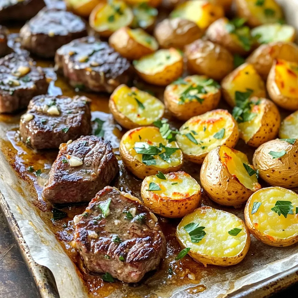 - 1 lb sirloin steak - 1 lb baby potatoes - 3 tablespoons unsalted butter - 4 cloves garlic, minced - 1 teaspoon dried oregano - 1 teaspoon smoked paprika - 1 teaspoon salt - 1/2 teaspoon black pepper - 2 tablespoons fresh parsley, chopped (for garnish) - Olive oil for drizzling The main ingredients for this dish are simple yet flavorful. Sirloin steak gives a nice bite and rich taste. Baby potatoes add heartiness and texture. The unsalted butter is key for that creamy garlic flavor. For seasoning, I use minced garlic, dried oregano, and smoked paprika. These flavors blend well and boost the dish's taste. Salt and black pepper enhance everything, while fresh parsley brightens it up. Optional olive oil can help with roasting the potatoes. It adds a nice crispiness. You can adjust the amount based on your taste. Use these ingredients to create a dish that satisfies your cravings. - Preheat the oven to 425°F (220°C). - Line the sheet pan with parchment paper. This makes cleanup easy. - In a bowl, combine baby potatoes with 2 tablespoons of olive oil, smoked paprika, salt, and pepper. - Toss the potatoes well to coat them evenly. - Spread the seasoned potatoes on one side of the sheet pan in a single layer. - In a small saucepan, melt the butter over medium heat. - Add minced garlic and oregano. Cook for 1-2 minutes until fragrant. - Remove from heat to avoid browning the garlic. - Once the potatoes bake for 15 minutes, take the pan out. - Push the potatoes to one side, making space for the steak bites. - In the same bowl, toss the steak pieces in the garlic butter mixture. - Spread the steak bites on the empty side of the sheet pan. - Return the pan to the oven and bake for another 10-12 minutes. - Check for desired doneness. The steak should be cooked and the potatoes tender. - After baking, let the pan rest for a few minutes. - Garnish with fresh parsley before serving. To get the right doneness for steak bites, use a meat thermometer. Aim for 130°F for medium-rare and 140°F for medium. This ensures the steak stays juicy and tender. If you like your steak well-done, cook it until it reaches 160°F. To avoid overcooking, keep an eye on the time. Bake the steak bites for 10-12 minutes. If you're unsure, check the doneness a couple of minutes early. The steak will continue to cook a bit after you take it out. You can add more flavor with spices. Try adding chili powder or onion powder for a kick. A splash of soy sauce or Worcestershire sauce can also deepen the taste. Drizzling extra garlic butter before serving makes the dish richer. Just melt a bit more butter, mix in some minced garlic, and pour it over the top. It adds a nice finishing touch. For a fun presentation, serve directly on the sheet pan. It gives a rustic feel that everyone loves. If you prefer, you can arrange the steak bites and potatoes on a big platter. Pair this dish with a fresh salad or steamed veggies. A glass of red wine also complements the meal well. Enjoying this dish hot makes the flavors shine even more! {{image_2}} You can use other cuts of meat if you want. Flank steak or ribeye work well. They offer great flavor and texture. If you like chicken, it’s a good choice too. Cut the chicken into bite-sized pieces. Shrimp is also a tasty option. Just adjust the cooking time to avoid overcooking. Shrimp cooks faster than steak, so keep an eye on it. Feel free to add other veggies for a colorful mix. Bell peppers, carrots, or zucchini can add variety. Just cut them into similar sizes to the potatoes. This way, everything cooks evenly. If you choose softer vegetables, adjust the cooking time. They may need less time in the oven. Aim for a bright and fresh taste with your mix. Get creative with your seasoning. Try adding chili powder or cumin for a kick. You can also mix in fresh herbs like rosemary or thyme. Each herb brings its own unique flavor. Experimenting can lead to a new favorite dish. Remember, a splash of lemon juice can brighten your meal too. Enjoy the process of discovering new flavors! To keep your garlic butter steak bites and potatoes fresh, store them in airtight containers. This helps keep moisture in and prevents drying out. Divide the dish into smaller portions if you plan to eat them over several days. Make sure the food cools down before sealing the container. This avoids condensation inside. To reheat your steak bites and potatoes, use an oven or skillet. Preheat the oven to 350°F (175°C) and place the food on a baking sheet. Cover it with foil to lock in moisture. Heat for about 15-20 minutes. If using a skillet, add a splash of water and cover. This will steam the food and help it stay juicy. Yes, you can freeze garlic butter steak bites and potatoes! Place the cooled dish in freezer-safe containers. Make sure to leave some space for expansion. For best results, eat it within three months. To thaw, move the container to the fridge overnight. Reheat in the oven or skillet as described earlier for the best flavor and texture. To check if your steak is done, use a meat thermometer. - Rare: 125°F (52°C) - Medium Rare: 135°F (57°C) - Medium: 145°F (63°C) - Medium Well: 150°F (66°C) - Well Done: 160°F (71°C) For this recipe, I suggest aiming for medium rare. The steak will stay juicy and tender. Always remember to let it rest for a few minutes after baking. This helps the juices settle, making each bite flavorful. Yes, you can prepare this dish ahead. Here are some meal prep tips: - Prep the Potatoes: Cut the baby potatoes and season them. Store in the fridge for up to 24 hours. - Marinate the Steak: Toss the steak with garlic butter and seasonings. Store in the fridge for up to 12 hours. When you're ready to cook, just follow the baking steps. This makes dinner easy and quick. There are many great sides to pair with garlic butter steak bites: - Steamed Vegetables: Broccoli or green beans add color and crunch. - Salad: A fresh garden salad balances the richness of the steak. - Rice or Quinoa: These grains soak up the garlic butter flavor well. Feel free to mix and match your favorites! This blog post shared a simple and tasty recipe for garlic butter steak bites and baby potatoes. We covered ingredients, from sirloin and baby potatoes to seasoning picks. I provided clear steps for cooking them perfectly. Remember tips for doneness and storage methods to keep your dish fresh. This meal is flexible; try different meats or veggies. Enjoy your flavorful dish and feel free to experiment. Cooking should be fun and rewarding, so get creative!