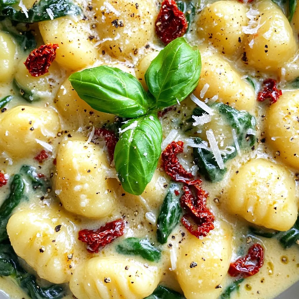 - 500g gnocchi (store-bought or homemade) - 1 cup sun-dried tomatoes, packed in oil, chopped - 2 tablespoons olive oil (from sun-dried tomato jar) - 2 cloves garlic, minced - 1 cup fresh spinach, roughly chopped - 1/2 cup grated Parmesan cheese - 1/4 teaspoon red pepper flakes (optional) - Salt and pepper to taste - Fresh basil leaves When I make Minute Sun-Dried Tomato Gnocchi, I focus on fresh flavors. The main star is the gnocchi. You can buy it or make it at home. I love using sun-dried tomatoes packed in oil. They add a tasty punch. Make sure to chop them well for even flavor. Olive oil is key. I use the oil from the sun-dried tomato jar. It has rich flavor. Minced garlic adds aroma and taste. I use two cloves, but you can add more if you love garlic. For added freshness, I toss in some spinach. It wilts nicely and adds color. Grated Parmesan cheese brings creaminess and depth. Red pepper flakes are optional but add a fun kick. Salt and pepper are simple but essential. Garnish is important too. Fresh basil leaves on top make the dish look bright and fresh. Each ingredient plays a role in this delightful meal. To start, fill a large pot with water and add salt. Bring the water to a rapid boil. Once boiling, add the gnocchi. If you use store-bought gnocchi, check the package for cooking times, usually 2-3 minutes. You know the gnocchi is ready when they float to the top. This means they are cooked and light. Now, let's move to the sauce. In a large skillet, pour in the olive oil from the sun-dried tomato jar. Heat it over medium heat until hot. Add the minced garlic and sauté for about 30 seconds. You want to smell the garlic, but not let it burn. Next, add the chopped sun-dried tomatoes. Stir them in and let them cook for 2 more minutes. This time helps the flavors mix well. After that, toss in the fresh spinach. Cook it until it wilts, about 2-3 minutes. Once the spinach is ready, it’s time to mix. Gently toss the cooked gnocchi into the skillet. Make sure each piece is coated with the sauce. Season with salt, pepper, and red pepper flakes if you like a bit of heat. Finally, sprinkle the grated Parmesan cheese over the mixture. Toss everything until the cheese melts and makes it creamy. Now you have a delicious meal ready to serve! When choosing store-bought gnocchi, look for a soft, pillowy texture. Avoid brands with hard or dry gnocchi, as they will not hold sauce well. Homemade gnocchi can be fun to make. Use a mix of potatoes and flour for the right consistency. Make sure to shape them gently to keep them light and fluffy. Adjust the spice by adding more red pepper flakes if you like heat. For a milder taste, skip them. You can also add herbs like thyme or oregano for more depth. Fresh herbs brighten the dish and make it pop. Serve the gnocchi in shallow bowls for a casual look. A sprinkle of extra Parmesan adds a nice touch. For a fancy vibe, use a ring mold to stack the gnocchi. Garnish with fresh basil leaves for color and aroma. This small detail makes your dish shine. {{image_2}} You can add protein to your Minute Sun-Dried Tomato Gnocchi for a heartier meal. Grilled chicken works great here. Just slice it thin and toss it in with the gnocchi. If you love seafood, shrimp is another fantastic choice. Cook the shrimp until it turns pink and add it to the mix. For those who prefer plant-based options, try adding chickpeas or tofu. Both options pack protein and flavor without meat. Just sauté them until golden brown, then add to the dish. Switch up the greens in your recipe for a fresh twist. Besides spinach, you can use kale or arugula. Both greens add a unique taste and texture. If you want to try seasonal options, consider asparagus in spring or zucchini in summer. Just chop them into bite-sized pieces and cook them until tender. Feel free to mix in bell peppers or mushrooms for added depth. Each vegetable brings its own flavor and makes the dish more colorful. Cheese lovers will enjoy experimenting with different cheese types. Instead of Parmesan, try goat cheese or feta. Both will give a tangy kick to the dish. When it comes to sauces, you can swap the olive oil for a cream sauce if you want a richer flavor. A light pesto sauce also pairs well with the sun-dried tomatoes. Just drizzle it on top for a fresh taste. These variations allow you to customize your gnocchi while keeping it delicious and fun! To store uneaten gnocchi, place it in an airtight container. Let it cool down first to avoid steam buildup. Keep it in the fridge for up to three days. When you want to eat it, check for any off smells or changes in texture. If it looks and smells good, it is safe to eat. You can freeze cooked gnocchi for later meals. First, let it cool completely. Then, spread it out on a baking sheet in a single layer to prevent sticking. Freeze for about 30 minutes. Once firm, transfer the gnocchi to a freezer-safe bag or container. It can last up to three months in the freezer. Make sure to label it with the date. To reheat gnocchi, you have a few great options. You can use the stovetop, which I prefer. Heat a bit of olive oil in a skillet over medium heat. Add the gnocchi and cook until heated through, about 5-7 minutes. You can also microwave it. Place the gnocchi in a bowl with a splash of water. Cover and heat for about 1-2 minutes. Stir halfway through to ensure even heating. This dish is quick to make. It takes about 5 minutes to prep. The cooking time is around 10 minutes. So, you can have this meal ready in just 15 minutes! Yes, you can use dried sun-dried tomatoes. Just soak them in warm water for about 30 minutes. This will help them soften. Then, chop them up and use as you would the packed ones. Absolutely! You can make this gnocchi ahead of time. Store it in the fridge for up to three days. Just reheat it in a skillet or microwave when you're ready to eat. Gnocchi pairs well with many sides. Try serving it with a simple salad. Garlic bread is also a great choice. You can even add grilled chicken or shrimp for extra protein. This blog post covered a tasty gnocchi dish featuring sun-dried tomatoes and fresh spinach. You learned about main and additional ingredients, along with easy step-by-step cooking instructions. Essential tips helped you perfect your gnocchi and enhance flavors. We explored fun variations for proteins and vegetables. I also included storage info and answered common questions to help you further. Now, you can enjoy making this dish at home, impressing your friends and family with your skills. Happy cooking!