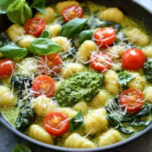 - 1 lb potato gnocchi - 1 cup heavy cream - ½ cup basil pesto - 1 cup cherry tomatoes, halved - 1 cup baby spinach - 1 cup grated Parmesan cheese - 2 tablespoons olive oil - 2 cloves garlic, minced - Salt and pepper to taste - Fresh basil leaves for garnish This recipe centers around a few key ingredients. First, we have potato gnocchi, which gives the dish its unique texture. The heavy cream creates a rich and smooth sauce. Basil pesto adds a burst of flavor. Cherry tomatoes and baby spinach bring freshness. Finally, Parmesan cheese ties it all together, adding a savory element. If you don’t have potato gnocchi, you can use regular pasta. For a lighter touch, swap heavy cream with half-and-half or a plant-based cream. If you want a different flavor, try sun-dried tomato pesto instead of basil pesto. You can also use kale or arugula instead of baby spinach for a twist. To start, gather all your ingredients. You will need: - 1 lb potato gnocchi - 1 cup heavy cream - ½ cup basil pesto - 1 cup cherry tomatoes, halved - 1 cup baby spinach - 1 cup grated Parmesan cheese - 2 tablespoons olive oil - 2 cloves garlic, minced - Salt and pepper to taste - Fresh basil leaves for garnish Next, chop your cherry tomatoes and mince the garlic. It makes cooking smoother. In a large pot or deep skillet, heat the olive oil over medium heat. Add the minced garlic and let it cook for about 1 minute. You want it fragrant but not brown. Now, pour in the heavy cream. Stir well and bring it to a gentle simmer. This helps the flavors blend. Add the potato gnocchi to the pot. Stir gently to coat the gnocchi with the cream. Cook for 3-4 minutes. When they float, they are cooked. Reduce the heat to low. Now, stir in the basil pesto. Mix until it's fully combined. Add the cherry tomatoes and baby spinach. Cook for another 2-3 minutes. You want the spinach to wilt and the tomatoes to soften. Gradually mix in the grated Parmesan cheese. Stir until it melts and the sauce is creamy. Season with salt and pepper to taste. If the sauce feels too thick, add a splash of water to thin it out. Serve the One-Pot Creamy Pesto Gnocchi hot. Garnish with fresh basil leaves and an extra sprinkle of Parmesan cheese. This gives your dish a delightful finish. Enjoy your meal! To get that rich, creamy feel, use heavy cream. It blends well with pesto and cheese. If you want a lighter option, try using half-and-half. Just remember, it won't be as thick. When you add cheese, do it slowly. This helps it melt evenly and keeps the sauce smooth. If the sauce gets too thick, add a splash of pasta water. This will loosen it up without losing flavor. Want to boost the taste? Add more ingredients like sun-dried tomatoes or artichokes. They give a nice burst of flavor. You can also toss in cooked chicken or shrimp for protein. Fresh herbs, like parsley or chives, can add a fresh kick. If you love spice, sprinkle in some red pepper flakes. These small changes can make your dish pop! If you're new to cooking, don't worry! Start by measuring all your ingredients first. This way, you won't miss anything while cooking. Keep the heat at medium when cooking garlic; it burns quickly. Stir often to keep things from sticking. If you’re unsure about the gnocchi, watch for them to float. This means they’re done! Lastly, don't rush. Enjoy the process and have fun in the kitchen! {{image_2}} One-Pot Creamy Pesto Gnocchi is already vegetarian-friendly. You can keep it simple and tasty with the basic recipe. To boost the flavors, try adding more veggies. Bell peppers, zucchini, or asparagus work great. They add color and nutrients. You can also swap the heavy cream for a plant-based cream to make it vegan. Want to make this dish heartier? Add protein like chicken or shrimp. For chicken, use bite-sized pieces. Sauté them in the olive oil before you add garlic. Cook until they are golden brown. For shrimp, add them after the gnocchi. They cook fast and add flavor. Both options make this meal filling and delicious. If you need a gluten-free version, use gluten-free gnocchi. Many brands offer good options made from rice or potatoes. Check the package for cooking times, as they may differ. The rest of the recipe stays the same. You still get that creamy, rich taste without the gluten. Enjoy your meal without worry! To keep your One-Pot Creamy Pesto Gnocchi fresh, store it in an airtight container. Let it cool first, then seal it. Place the container in the fridge. It should stay good for up to three days. When you're ready to eat again, heat the gnocchi gently. You can use a microwave or a pot. If using a pot, add a splash of water. This helps loosen the sauce. Stir it often to heat evenly. Heat until it's warm throughout. If you want to save it for later, freeze the gnocchi. Use a freezer-safe container or bag. Make sure to remove as much air as possible. It can last for up to two months. To thaw, place it in the fridge overnight. Reheat it as described above. Yes, you can use store-bought pesto. It saves time and still tastes great. Just choose a high-quality brand for the best flavor. If you want to make it even better, try adding a little extra garlic or fresh basil. You can tell the gnocchi are done when they float. After adding them to the pot, watch closely. Once they rise to the top, they usually need just a few more minutes. Give them a gentle stir to ensure even cooking. This dish pairs well with a simple side salad or some garlic bread. You can also serve it with roasted veggies for a colorful plate. If you like protein, grilled chicken or shrimp goes great with the gnocchi. Yes, this recipe is perfect for meal prep! You can cook it ahead and store it in the fridge. Just keep it in an airtight container for up to three days. Reheat it gently on the stovetop or in the microwave for a quick meal. In this article, we explored the key ingredients and how to make One-Pot Creamy Pesto Gnocchi. You learned about essential ingredients and their substitutes, along with step-by-step cooking instructions. We shared tips for a creamy texture and flavor boosts, plus variations for dietary needs. Lastly, we discussed storage and reheating methods. With these insights, you can make this dish your own. Enjoy cooking and sharing this comforting meal with others!