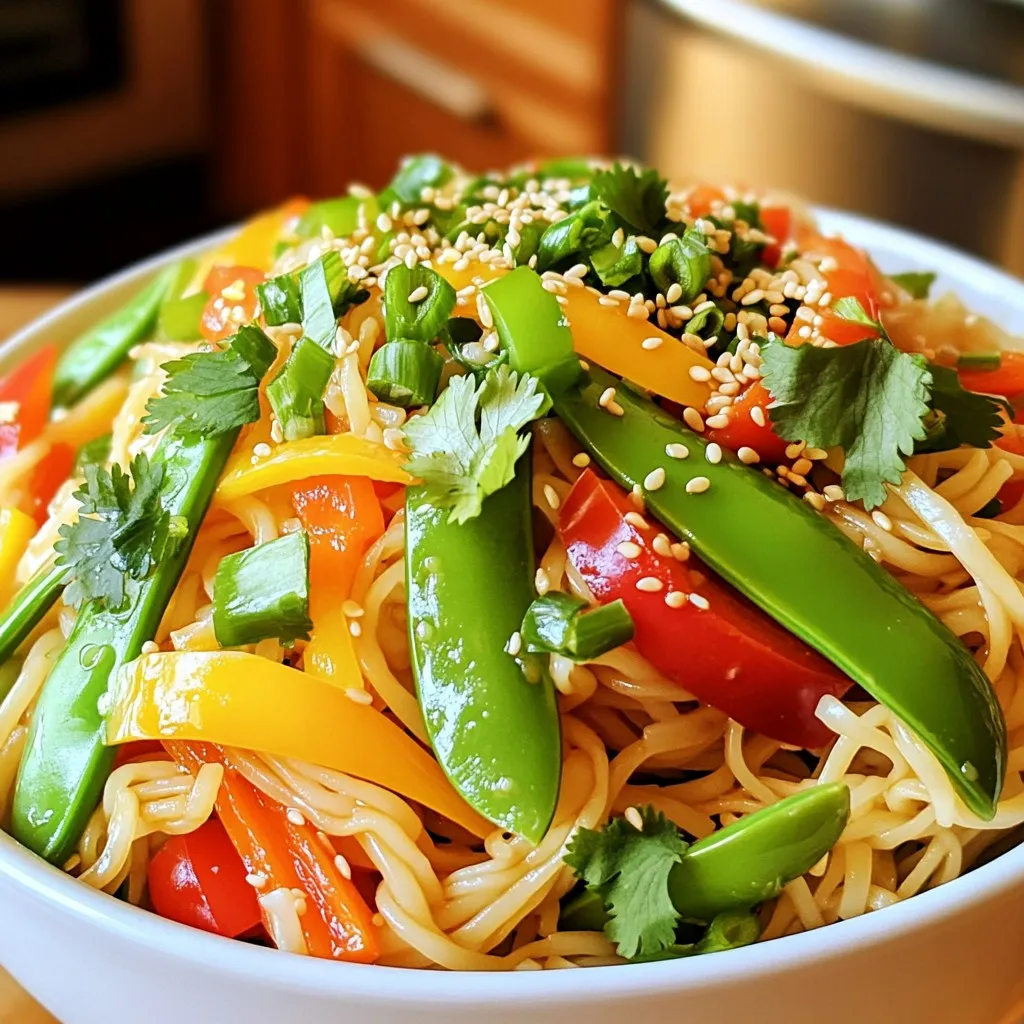 To make your Sesame Chili Crisp Noodle Bowls, gather these items: - 200g rice noodles - 2 tablespoons sesame oil - 1 tablespoon soy sauce - 2 tablespoons sesame chili crisp (store-bought or homemade) - 1 cup snap peas, trimmed - 1 cup bell peppers, thinly sliced (any color) - 1 carrot, julienned - 2 green onions, chopped - 1 tablespoon sesame seeds (toasted) - Fresh cilantro for garnish (optional) - Salt and pepper to taste You can swap some ingredients if you like. Use any type of noodles, like udon or soba. For a lighter flavor, try olive oil instead of sesame oil. If you don’t have soy sauce, tamari works well. You can also replace sesame chili crisp with chili paste or sriracha for heat. If you want more veggies, add broccoli, zucchini, or mushrooms. Fresh produce makes your dish shine. Choose snap peas that are bright green and firm. Look for bell peppers that are shiny and smooth. They should feel heavy for their size. For carrots, pick ones that are crisp and not limp. When selecting green onions, go for the ones with bright green tops. They should be free of brown spots. Always check for freshness to ensure the best flavor in your noodle bowls. To start, bring a pot of water to a boil. Add the rice noodles once the water bubbles. Cook them for about 3-5 minutes, or as the package says. When they are soft, drain and rinse them under cold water. This stops the cooking. Rinsing also helps keep them from sticking together. Next, take a large skillet or wok. Heat 2 tablespoons of sesame oil over medium-high heat. Once hot, add the snap peas, bell peppers, and carrot. Stir-fry these for about 3-4 minutes. You want the veggies to be tender yet crisp. This keeps their bright colors and crunch. Now, it's time to mix everything. Add the drained noodles to the skillet with the veggies. Pour in 1 tablespoon of soy sauce and 2 tablespoons of sesame chili crisp. Toss everything together. Make sure the noodles are well-coated with the sauce. Taste your dish and add salt and pepper as needed. If you love heat, add more sesame chili crisp. When ready, divide the noodle mixture into bowls. Top with chopped green onions and toasted sesame seeds. If you like, add fresh cilantro for a burst of flavor. To cook rice noodles just right, bring a pot of water to a rolling boil. Add the noodles and cook them for 3 to 5 minutes. Check the package for exact times. Drain the noodles and rinse them under cold water. This stops the cooking process and keeps them from sticking. Make sure they are firm but tender for the best texture. Sesame chili crisp adds a wonderful kick. If you like it spicy, add more to your bowl. Start with 2 tablespoons and taste as you go. You can always add more, but you can't remove it once it's in. For a milder flavor, use less. This way, you can make the dish just right for your taste. Presentation makes a big difference. Use bright bowls to show off the colorful veggies. I love to sprinkle toasted sesame seeds on top for a nice crunch. Add chopped green onions for a fresh touch. If you want, toss in some fresh cilantro for a pop of green. A drizzle of sesame oil on top gives it a lovely shine. {{image_2}} You can add protein to your noodle bowl for a hearty meal. Tofu is a great choice for a vegetarian or vegan option. Cut firm tofu into cubes and pan-fry until golden. Add it to the noodles right before serving. Chicken is another tasty option. Cook sliced chicken breast in the skillet until it’s no longer pink. Then mix it in with the noodles. For seafood lovers, shrimp works well too. Sauté shrimp until they turn pink, then toss them in with the vegetables and noodles. This recipe is easy to make vegetarian or vegan. Simply skip any meat and focus on fresh veggies. You can use more snap peas, bell peppers, and carrots. Try adding mushrooms or zucchini for extra flavor and texture. If you're vegan, make sure to use a plant-based soy sauce. It adds umami without any animal products. Feel free to swap out the vegetables as you like. Broccoli or bok choy would add a nice crunch. You can also try adding spinach or kale for extra nutrients. If you enjoy a bit of spice, throw in some sliced jalapeños or chili peppers. Mixing colorful veggies not only makes the dish look good but also boosts the flavors. Use what you have at home for a quick and creative meal! To store leftovers, place the noodle bowl in an airtight container. Let it cool to room temperature first. Then, seal the container tightly. Leftovers will stay fresh in the fridge for up to three days. To reheat, use a microwave or stovetop. If using a microwave, heat in 30-second intervals. Stir between each interval to ensure even warming. On the stovetop, add a splash of water and heat over medium heat. Stir often until hot. You can freeze this dish for later. Place cooled noodles and veggies in a freezer-safe bag. Remove as much air as possible before sealing. Freeze for up to one month. When ready, thaw overnight in the fridge before reheating. Yes, you can use other noodles. Try soba or udon noodles for a twist. They add unique flavors and textures. Rice noodles are great, but don’t feel limited. Just adjust the cooking time based on the noodle type you choose. Sesame chili crisp is key to this dish. It gives a spicy, rich taste that brightens the noodles. If you skip it, the dish may lack depth. You can use other chili sauces, but the flavor won’t match the crisp. For the best results, include sesame chili crisp. To make this dish gluten-free, use gluten-free soy sauce. Brands like tamari can work well. Ensure the noodles are also gluten-free, like rice noodles. This way, you still enjoy all the flavors without gluten. Just remember to check labels for hidden gluten. This blog post covered key ingredients and their substitutes for your dish. We explored how to cook rice noodles and stir-fry vegetables. I shared tips for perfectly cooked noodles and how to adjust heat levels. We also looked at protein options and variations for vegetarians. Finally, I provided storage tips to keep your meal fresh. In conclusion, cooking can be fun and satisfying. Enjoy experimenting with flavors and ingredients. You’ll create a dish that both you and your family will love.