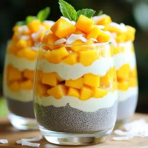 - 1 cup coconut milk - 1/2 cup almond milk - 1/3 cup chia seeds - 2 tablespoons maple syrup (or honey) - 1 ripe mango, diced For this recipe, coconut milk adds a rich creaminess. Almond milk brings a light touch. Chia seeds are the magic ingredient, thickening the mix into pudding. You can sweeten it with maple syrup or honey, depending on your taste. Fresh mango gives the dish a bright, fruity flavor. - Toasted coconut flakes - Mint leaves for garnish - Additional fruit options To make your pudding shine, you can add toasted coconut flakes for crunch. A sprig of mint looks great and adds freshness. You can also top it with other fruits like berries or bananas for more flavor. Each topping adds a unique twist to your Mango Coconut Chia Pudding. First, gather all your liquid ingredients. You will need: - 1 cup coconut milk - 1/2 cup almond milk - 2 tablespoons maple syrup (or honey) - 1/2 teaspoon vanilla extract - A pinch of salt In a mixing bowl, pour in the coconut milk and almond milk. Add the maple syrup (or honey), vanilla extract, and salt. Whisk everything together until it is smooth. Next, it's time to add the chia seeds. You need 1/3 cup of chia seeds. Sprinkle them into the liquid mixture. Stir well. This helps to prevent clumping. Now, cover the bowl with plastic wrap or a lid. You can also pour the mixture into individual jars if you prefer. This makes it easy to serve later. Place it in the fridge for at least 4 hours, but overnight is best. This waiting time lets the chia seeds absorb the liquid and form a pudding-like texture. If you forget about it for longer, no worries! It can stay in the fridge for about 3 days. Just remember to stir before serving. Once your pudding has set, it’s time to serve! Start by layering the chia pudding in small cups or bowls. This not only looks nice but also makes for a tasty treat. For each layer, add a spoonful of diced mango on top. You can use a ripe mango for the best flavor. Finish your creation with a sprinkle of toasted coconut flakes. This adds a fun crunch and flavor. For a special touch, add a small mint leaf on top for color and freshness. To get the perfect texture in your pudding, start with the right blend of milks. If your pudding is too thick, add more almond milk a little at a time. This will help you reach your desired creaminess. When mixing in chia seeds, stir them well. This keeps them from clumping together. If you see clumps, break them up by stirring again. For a beautiful presentation, use clear glasses. This way, you can show off the lovely layers of pudding and mango. Top each cup with a small mint leaf for a pop of color. If you want to make this ahead, store the pudding in the fridge. It keeps well for up to five days. Just remember to seal it in a jar to keep it fresh. You can easily customize the sweetness of your pudding. If you like it sweeter, add more maple syrup or honey. For a low-calorie option, try stevia or agave syrup. Each sweetener has its own flavor, so pick one that suits your taste. Adjusting the sweetness can make this dish perfect for everyone at your table. {{image_2}} You can make this pudding even better. Adding spices like cinnamon or nutmeg gives it warmth. Just a sprinkle can change the taste. Try mixing in other fruits too. Berries or bananas work great. They add color and new flavors. You can even blend the fruits into the pudding for a smoother texture. If you want to change the milk, go for it! Different plant-based milks can work too. Oat milk or soy milk are great choices. You can also switch the sweetener. Use agave syrup or coconut sugar instead of maple syrup. Each sweetener brings a unique flavor to the dish. Layering makes this pudding look fancy and fun. You can create multi-layered versions by adding different flavors. Try a layer of mango, then a layer of berry. It makes each bite exciting. You can also add yogurt or granola between layers. It adds creaminess or crunch that makes the pudding special. Mango Coconut Chia Pudding lasts about 5 days in the fridge. Store it in a sealed container. Glass jars work great for this. They keep freshness and let you see the layers. You can freeze the chia pudding if you want to save some for later. Pour it into freezer-safe containers. Leave some space at the top since it expands when frozen. To thaw, place it in the fridge overnight. This helps keep the texture smooth. Don’t waste any leftover pudding! You can add it to smoothies for extra creaminess. Just blend it with some fruits and ice. Or, use it as a topping for oatmeal or yogurt. It adds a nice flavor boost. Chia pudding is a creamy dessert made from chia seeds soaked in liquid. When chia seeds absorb liquid, they swell and create a gel-like texture. This pudding is rich in nutrients. It's high in fiber, omega-3 fatty acids, and protein. Eating chia pudding can help with digestion and heart health. You'll also feel full longer. Yes, you can use other types of milk. Some great substitutes include oat milk, soy milk, or cashew milk. Each type of milk adds a unique flavor. If you want a richer taste, try full-fat coconut milk. For a lighter option, almond milk works well. Mix and match to find your favorite! You can store Mango Coconut Chia Pudding for up to five days. Keep it in an airtight container in the fridge. It’s best to eat it within three days for fresh taste. Always check for any changes in smell or texture before eating. If it looks or smells off, it’s better to toss it out. Yes, this recipe is both gluten-free and vegan. It uses no animal products, making it suitable for plant-based diets. All ingredients, including chia seeds and coconut milk, are naturally gluten-free. Feel free to share this pudding with anyone who follows these diets! Mango Coconut Chia Pudding is simple and fun to make. You learned the key ingredients, from coconut and almond milk to chia seeds. I provided steps for prep and refrigeration. You got serving tips for a great look. Remember to customize sweetness and explore different flavors. This pudding is healthy and fits many diets. You can store it easily and reuse leftovers in tasty ways. Enjoy creating your perfect chia pudding!