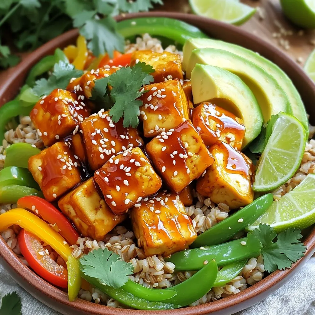 - 1 block (14 oz) firm tofu - 2 tablespoons honey - 2 tablespoons sriracha sauce - 1 tablespoon soy sauce - 1 tablespoon sesame oil - 2 cups cooked brown rice or quinoa - 1 cup mixed bell peppers - 1 cup snap peas - 1 avocado - Green onion, sesame seeds, fresh cilantro, lime wedges The main ingredients form the backbone of your Minute Honey Sriracha Tofu Bowls. First, you need firm tofu. It gives a nice texture and holds its shape well. Press the tofu to take out extra moisture. This step makes it crisp when cooked. Next, we mix honey and sriracha sauce for a sweet and spicy flavor. Honey adds a natural sweetness, while sriracha brings in heat. Soy sauce gives a savory touch, and sesame oil adds a nutty flavor. For the accompaniments, cooked brown rice or quinoa serves as the base. It adds fiber and keeps you full. Mixed bell peppers and snap peas add color and crunch. These veggies are quick to cook and keep their bright colors. Finally, an avocado slices up creamy goodness. Green onion, sesame seeds, and fresh cilantro add a burst of flavor and color. Lime wedges offer a zesty kick that brightens the dish. Together, these ingredients create a delicious and balanced meal. To start, you need to press the tofu to remove extra water. Wrap the tofu in a clean towel and place a heavy object on top. Let it sit for at least 15 minutes. This makes the tofu firmer and helps it soak up flavors. After pressing, cut the tofu into bite-sized cubes. Next, you’ll make the honey sriracha sauce. In a small bowl, mix together 2 tablespoons of honey, 2 tablespoons of sriracha sauce, 1 tablespoon of soy sauce, and 1 tablespoon of sesame oil. Stir until it blends well. This sweet and spicy sauce will coat the tofu perfectly. Now, it’s time to cook the tofu. Heat a non-stick skillet over medium-high heat. If you like, add a little oil to prevent sticking. Carefully add the cubed tofu to the skillet. Sauté the tofu for about 5-7 minutes. You want it to be golden and slightly crispy on all sides. Once the tofu is crispy, pour the honey sriracha sauce over it. Cook for an additional 2-3 minutes. Toss the tofu gently to ensure it gets well coated and heated through. Remove it from the heat when done. In the same skillet, add the mixed bell peppers and snap peas. Sauté these for about 2-3 minutes. You want them to be tender but still bright in color. This step adds a nice crunch and fresh flavor to your bowl. Now comes the fun part: assembling your bowls! Start by scooping cooked brown rice or quinoa into each bowl. Next, top it with the glazed tofu and the sautéed vegetables. To make your bowls even better, add fresh avocado slices on top. Finally, garnish with chopped green onion, sesame seeds, and fresh cilantro. Serve each bowl with lime wedges for a zesty kick. Enjoy your tasty creation! - Best methods for pressing tofu To press tofu, wrap it in a clean kitchen towel. Place a heavy pan on top. Let it sit for about 15 minutes. This step removes excess moisture. Dry tofu helps it become crispy when cooked. - Tips for achieving crispy tofu Cut pressed tofu into small cubes. Heat oil in a non-stick skillet over medium-high heat. Sauté the tofu for 5-7 minutes, turning it often. You want it golden and slightly crisp on all sides. This step is key for flavor and texture. - Tweaking sweetness levels with honey The honey adds sweetness to the dish. If you like things sweeter, add a little more honey. Taste the sauce as you mix it. Adjust until it suits your taste. - Adjusting spice with sriracha Sriracha brings heat and flavor. If you prefer less spice, use less sriracha. For more heat, add an extra spoonful. Finding your perfect balance makes the dish enjoyable. - Serving styles and bowl assembly tips Start with a scoop of brown rice or quinoa in your bowl. Layer the glazed tofu on top. Add sautéed bell peppers and snap peas. This creates a colorful, tasty meal. - Adding color and texture for visual appeal Use fresh ingredients like avocado, green onions, and cilantro. Sprinkle sesame seeds on top for crunch. Bright colors make the dish inviting. A lime wedge adds a fresh touch. {{image_2}} You can swap tofu for other proteins like tempeh or chickpeas. Tempeh has a nutty flavor and a firm texture. It cooks quickly and absorbs flavors well. Chickpeas offer a great plant-based option. They add protein and fiber, making the dish hearty. Feel free to mix in or swap vegetables. Carrots, broccoli, or zucchini work well. You can also add seasonal veggies. In summer, try corn or tomatoes. In winter, use root veggies like sweet potatoes. These swaps keep your bowls fresh and exciting. This recipe is easy to modify for diets. To make it vegan, simply use maple syrup instead of honey. For a gluten-free version, choose a gluten-free soy sauce. These changes keep the flavors intact while catering to different dietary needs. To keep your Minute Honey Sriracha Tofu Bowls fresh, store leftovers in airtight containers. This prevents moisture loss and keeps flavors intact. Place tofu, rice or quinoa, and veggies in separate containers if possible. This helps maintain texture. Use glass or BPA-free plastic containers for safety. Store them in the fridge for up to three days. For the best results, reheat your tofu bowls in the microwave. Place your bowl in the microwave for about one to two minutes. Check if it’s warm enough, and stir if needed. You can also reheat on the stove. Use a non-stick skillet over low heat. Add a splash of water or sesame oil to keep it moist. Heat until warm, stirring gently. You can freeze the tofu and veggies, but not the rice or quinoa. To freeze, let them cool completely. Place tofu and veggies in a freezer-safe bag. Remove as much air as possible to avoid freezer burn. They can last up to three months in the freezer. When ready to use, thaw in the fridge overnight before reheating. This keeps the flavors fresh and tasty. To prepare tofu, start by pressing it. This removes extra moisture. Wrap the tofu block in a clean kitchen towel. Place a heavy pan on top. Let it sit for at least 15 minutes. This step helps the tofu soak up flavor later. After pressing, cut the tofu into bite-sized cubes. This makes it easy to cook and eat. Yes, you can use many sauces to change the flavor profile. Try using teriyaki sauce for a sweet, soy flavor. Or, use a peanut sauce for a nutty twist. A curry sauce can add warmth. Each choice gives a unique taste. Feel free to mix and match sauces based on your mood and pantry. You can serve your tofu bowls with a variety of side dishes. A fresh salad with mixed greens pairs well. You might enjoy a simple cucumber salad for crunch. Steamed broccoli or green beans can add color. If you want extra carbs, serve with garlic bread or pita. These sides make your meal more filling and fun. Tofu bowls are easy to make and delicious. You learned about the key ingredients, from firm tofu to fresh veggies. I shared step-by-step cooking tips to get the crispy texture just right. You can customize your bowl with different proteins and veggies for variety. Plus, I offered storage and reheating advice to enjoy later. Try these bowls, and enjoy tasty meals that fit your needs!