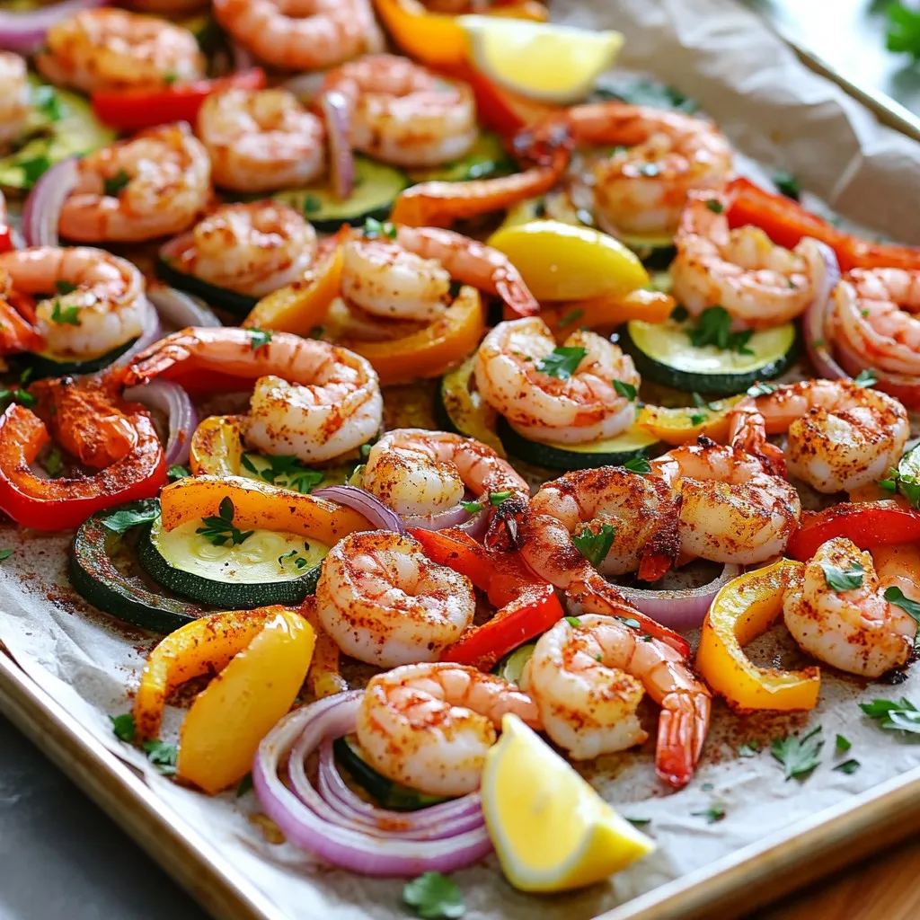 - Shrimp and Vegetables - 1 lb large shrimp, peeled and deveined - 1 red bell pepper, sliced - 1 yellow bell pepper, sliced - 1 medium zucchini, sliced - 1 small red onion, sliced - Seasonings and Oils - 3 tablespoons olive oil - 2 tablespoons Cajun seasoning (store-bought or homemade) - 1 teaspoon garlic powder - 1 teaspoon smoked paprika - Salt and pepper to taste - Garnish - Fresh parsley, chopped The key to this dish is a mix of fresh shrimp and colorful veggies. The bell peppers add sweetness and crunch, while zucchini brings a nice soft texture. I love using large shrimp because they hold up well in the oven. The spices and oils blend together to give the shrimp and veggies a bold flavor. I always recommend using fresh ingredients. They enhance the taste of your meal and make it look great. Olive oil helps the spices stick and adds richness. The Cajun seasoning gives that signature kick, while garlic powder and smoked paprika deepen the flavor. Don’t forget the garnish! Fresh parsley adds a bright touch and freshness to the dish. You can also add lemon wedges for a zesty twist. This recipe is not just easy; it’s full of vibrant flavors that everyone will enjoy. Cleaning and Preparing Shrimp To start, wash your shrimp under cool water. Remove the shells and tails if you haven't done this yet. Make sure to devein the shrimp. This means taking out the dark line along the back. This step keeps the shrimp clean and tasty. Preparing the Vegetables Next, wash the bell peppers, zucchini, and red onion. Slice the red and yellow bell peppers into strips. Cut the zucchini into rounds. Finally, slice the red onion into thin pieces. Make sure all pieces are similar in size. This helps them cook evenly. Combining Ingredients in a Mixing Bowl Take a large mixing bowl. Add the cleaned shrimp and all the sliced vegetables. You want everything to fit in the bowl without spilling. Ensuring Even Coating with Spices Drizzle the olive oil over your shrimp and veggies. Then, sprinkle Cajun seasoning, garlic powder, smoked paprika, salt, and pepper. Now, use a large spoon to toss everything together. Mix until the shrimp and veggies look well-coated. Preheating the Oven Before you bake, preheat your oven to 400°F (200°C). This step is important for even cooking. Arranging on a Sheet Pan Line a large sheet pan with parchment paper. This makes cleanup easier. Spread the shrimp and veggies in a single layer on the pan. Avoid stacking them to ensure they cook well. Baking Time and Temperature Now, place the sheet pan in the hot oven. Bake for 15 to 20 minutes. The shrimp should turn pink and be fully cooked. The veggies should be tender but not mushy. Keep an eye on them as they bake. Enjoy the aroma filling your kitchen! To make your own Cajun seasoning, mix these spices: - 2 teaspoons paprika - 1 teaspoon onion powder - 1 teaspoon garlic powder - 1 teaspoon dried oregano - 1 teaspoon thyme - 1 teaspoon cayenne pepper (or less for mild) - Salt and pepper to taste Adjusting the spice level is easy. Start with less cayenne pepper if you prefer milder heat. Taste as you mix to find your perfect blend. To avoid overcooked shrimp, watch the cooking time. Shrimp cook fast. Look for them to turn pink and curl slightly. This signals they are ready. For veggies, aim for tender yet crisp pieces. Cut bell peppers and zucchini into equal sizes. This ensures they cook evenly. If you like a bit of crunch, check them a few minutes early. Serve the Cajun shrimp and veggies on a large platter. Garnish with fresh parsley and lemon wedges for a bright touch. Pair it with rice or quinoa for a complete meal. These sides soak up the flavors well. You can also add a fresh salad for a nice contrast. {{image_2}} You can swap shrimp for chicken or tofu. Chicken thighs or breasts work great. Cut them into bite-sized pieces and cook them the same way as shrimp. Tofu is also a tasty option. Use firm tofu and press it to remove extra water. Then, cut it into cubes. Both options will soak up the Cajun flavors well. Feel free to change the veggies based on what’s in season. In spring, try adding asparagus or snap peas. In summer, zucchini is perfect, but consider corn or cherry tomatoes too. Fall brings great choices like butternut squash or Brussels sprouts. Winter can include root veggies like carrots or parsnips. Mix and match for a fresh taste. Want more heat? Add a pinch of cayenne pepper or red pepper flakes. You can also use a spicy Cajun seasoning for an extra kick. If you prefer milder flavors, reduce the amount of seasoning. Adding fresh herbs like cilantro or basil can also enhance the dish without heat. Customize it to your taste for maximum enjoyment! - Best Practices for Refrigeration After your meal, let the dish cool down. Place leftovers in the fridge within two hours. Store shrimp and veggies in an airtight container. This helps keep them fresh for up to three days. - Container Recommendations Use glass or plastic containers with tight lids. These materials work best for keeping food fresh. Label your containers with the date. This helps you know when to eat them. - Keeping Shrimp and Veggies Fresh When reheating, do it gently. High heat can make shrimp tough. Aim for a medium heat to keep the shrimp tender and veggies crispy. - Methods for Reheating You can reheat in a microwave or on the stovetop. For the microwave, heat in 30-second bursts. Stir in between to avoid hot spots. On the stovetop, use a non-stick pan. Add a little olive oil and heat until warm. - Preparing in Advance for Busy Weekdays You can cut the veggies and season the shrimp a day before. Store them in separate containers in the fridge. This saves time when you are ready to cook. - Freezing Options for Long-Term Storage If you want to save more, freeze the shrimp and veggies before cooking. Place them in freezer bags, remove air, and seal. They can last up to three months. When ready, thaw overnight in the fridge before cooking. You can tell shrimp are cooked by looking at their color and shape. When raw, shrimp are gray. When cooked, they turn bright pink. They also curl into a C shape. If they are tight and curled into an O shape, they are overcooked. To cook shrimp perfectly, aim for 15 to 20 minutes in the oven. Check them at the 15-minute mark. If they are pink and firm, they are ready. Yes, you can use frozen shrimp. Just make sure to thaw them before using. Thaw shrimp overnight in the fridge for best results. If you’re short on time, place them in a bowl of cold water for about 15-20 minutes. Once thawed, pat them dry with a paper towel. This helps the spices stick better when you mix them. Several side dishes pair well with Sheet Pan Cajun Shrimp and veggies. Consider these options: - Steamed rice - Quinoa - Garlic bread - Coleslaw - Mixed green salad These sides add flavor and help balance the meal. Enjoy your delicious Cajun shrimp with your favorite sides for a tasty feast! We've covered the key steps to make delicious sheet pan Cajun shrimp and veggies. You learned about the ingredients, how to prep, season, and bake them perfectly. Remember, adjust spice levels and try different proteins or veggies for variety. Store leftovers properly for future meals. Enjoy making this dish and impress your friends with your cooking skills. Simplicity and flavor come together in this recipe, making it a fun meal for busy days. Keep experimenting, and let the kitchen be your playground!