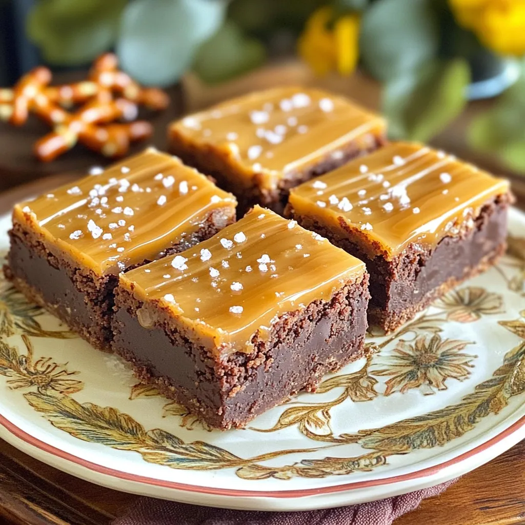 To create the Salted Caramel Pretzel Brownie Bars, gather these ingredients: - 1 cup unsalted butter - 2 cups granulated sugar - 1 cup brown sugar, packed - 4 large eggs - 1 teaspoon vanilla extract - 1 cup all-purpose flour - 1 cup unsweetened cocoa powder - 1 teaspoon baking powder - 1/2 teaspoon salt - 1 cup pretzel sticks, crushed - 1 cup semi-sweet chocolate chips - 1 cup caramel sauce (store-bought or homemade) - Flaky sea salt for garnish Each ingredient plays a key role in making these bars special. The unsalted butter gives a rich flavor, while both sugars add sweetness and depth. Eggs bind the mixture, making it moist and fluffy. Vanilla extract enhances the overall taste, adding warmth. The flour and cocoa powder create the brownie base, providing both structure and a rich chocolate flavor. Baking powder helps the bars rise. Salt balances the sweetness of the caramel and chocolate. Crushed pretzels add a delightful crunch and salty bite. Semi-sweet chocolate chips offer gooey pockets of chocolate in every bite. The caramel sauce creates a sweet, sticky layer that makes these bars irresistible. Finally, a sprinkle of flaky sea salt on top enhances the flavors, making each bar a true treat. First, heat your oven to 350°F (175°C). This helps the brownies bake evenly. Next, grease a 9x13 inch baking pan. You can also use parchment paper. This makes it easy to lift the brownies out later. In a medium saucepan, melt 1 cup of unsalted butter over low heat. Once it's melted, take it off the heat. Stir in 2 cups of granulated sugar and 1 cup of packed brown sugar. Mix until smooth and let it cool a bit. When the butter-sugar mix is not too hot, add 4 large eggs. Whisk them in one at a time. Then, pour in 1 teaspoon of vanilla extract. Keep mixing until everything is well blended. In a separate bowl, sift together 1 cup of all-purpose flour, 1 cup of unsweetened cocoa powder, 1 teaspoon of baking powder, and 1/2 teaspoon of salt. Slowly add this dry mix to the wet mix. Stir gently, but don’t overmix. Just combine until you see no dry flour. Now, gently fold in 1 cup of semi-sweet chocolate chips and 1 cup of crushed pretzel sticks into the batter. This adds texture and flavor to your brownies. Pour the brownie batter into the prepared pan. Spread it evenly with a spatula. Bake for 25-30 minutes. Check with a toothpick. It should come out with a few moist crumbs. When the brownies are done, take them out of the oven. Immediately drizzle 1 cup of caramel sauce on top. Use a spatula to spread it if needed. Let it sit for about 10 minutes. Allow the brownies to cool to room temperature. Then, place them in the fridge for at least 1 hour. This helps the caramel set. Once cooled, lift the brownies out using the parchment paper. Cut them into bars. Before you serve, sprinkle a pinch of flaky sea salt over the top. This adds a yummy contrast to the sweet caramel. Enjoy your delicious bars! To get the best brownie texture, use the right pan size. A 9x13 inch pan works well. It helps the brownies bake evenly. You want a soft center and a slight crust on top. Bake them until a toothpick shows moist crumbs, not wet batter. Mixing too much can ruin your brownies. After adding dry ingredients, stir gently. Just combine until you see no flour. This keeps them soft and fudgy. Overmixing adds air and makes the brownies cakey, which we want to avoid. Warm caramel sauce spreads better. If it’s too thick, heat it slightly in the microwave. Drizzle it quickly over the brownies after baking. Use a spatula to spread it evenly if needed. This creates a beautiful, gooey layer. Serve these bars on a nice platter. Drizzle extra caramel on top for a special touch. Add whole pretzels for crunch and fun. Pair with a scoop of vanilla ice cream for a treat. Everyone will love these salty-sweet bites! {{image_2}} Adding nuts to your brownie bars can boost flavor and texture. Pecans or walnuts add a nice crunch. Chop them coarsely and fold them into the batter along with the pretzels and chocolate chips. Use about 1 cup of chopped nuts for a rich taste. Nuts also bring healthy fats, making your bars even better. You can switch up the chocolate for different tastes. Dark chocolate gives a deep, rich flavor. Milk chocolate offers a sweeter and creamier option. Feel free to mix them as well! Using a blend of semi-sweet and dark chocolate chips can create a complex taste. Try using about 1 cup of any type you choose. Caramel is key in these bars. Using salted caramel adds an extra layer of flavor. If you want something different, try chocolate caramel. This will give a richer, sweeter experience. You can make your caramel sauce or use store-bought for quick prep. Aim for 1 cup, just like the original recipe. To keep your salted caramel pretzel brownie bars fresh, place them in an airtight container. Layer parchment paper between the bars to prevent sticking. They will stay good for about five days at room temperature. You can also store them in the fridge for up to a week. Just remember to let them sit out for a bit before serving. If you want to freeze these bars, first cut them into squares. Wrap each piece in plastic wrap, then place them in a freezer-safe bag. They can freeze well for up to three months. When you are ready to eat, simply take out the desired amount and let them thaw overnight in the fridge. To enjoy your brownie bars warm, preheat the oven to 350°F (175°C). Place the bars on a baking sheet and heat for about 10 minutes. You can also use the microwave. Just heat each bar for 10 to 15 seconds. This will make the chocolate chips melt slightly and the caramel gooey again. Enjoy! Yes, you can make these brownie bars gluten-free. Use a gluten-free flour blend instead of regular flour. Many blends work well in baking. Just ensure it has a good texture and taste. To prevent sticking, grease your baking pan with butter or cooking spray. You can also line it with parchment paper. This makes it easy to lift the brownies out after baking. If you don't have pretzels, use crushed graham crackers or crushed cookies. These will add sweetness and crunch. You can also skip them and use just chocolate chips for a simpler bar. Absolutely! Homemade caramel sauce will work great in this recipe. Just ensure it is thick enough to drizzle. The taste will be richer and more personal, which is always a plus. These brownie bars last up to a week when stored in an airtight container. Keep them in the fridge for best results. If you freeze them, they can last for up to three months. We covered a lot about making delicious brownie bars. We looked at the key ingredients, how to mix them, and the baking steps. Adding tips and variations helps you customize these treats. Storing and reheating keep them fresh for longer. These brownies blend sweet, salty, and rich flavors. You can make them your own by adding nuts or trying different chocolates. Enjoy every bite, and share these scrumptious bars with friends and family!