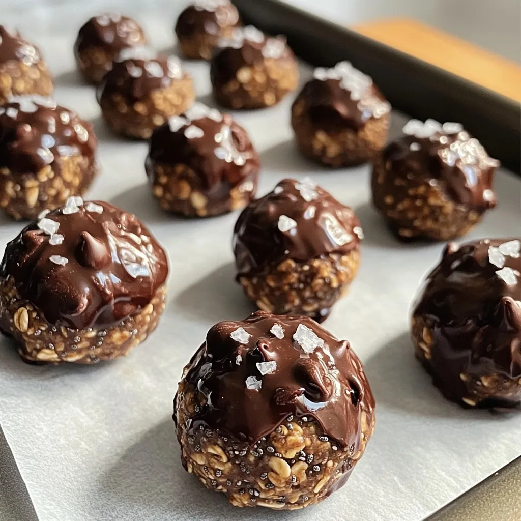 - 1 cup rolled oats - 1/2 cup natural almond butter - 1/2 cup dark chocolate chips (70% cocoa or higher) - 1/4 cup honey or maple syrup - 1/4 cup chia seeds - 1/2 tsp vanilla extract - 1/2 tsp sea salt + extra for topping - Optional: 1/4 cup crushed nuts (like almonds or walnuts) When you make dark chocolate sea salt energy bites, each ingredient plays a key role. Rolled oats give these bites a chewy texture and a boost of fiber. They keep you full and provide energy. Natural almond butter adds creaminess and healthy fats. It also helps bind all the ingredients together. You can use other nut butters if you prefer. Dark chocolate chips bring a rich flavor. Choose chips with at least 70% cocoa for a healthier option. The chocolate offers antioxidants, making these bites even better. Honey or maple syrup adds sweetness. Both options add a unique flavor, so pick what you like best. Chia seeds are tiny powerhouses. They provide omega-3s and fiber, giving you a healthy boost. Vanilla extract enhances the overall flavor. It pairs well with chocolate and adds warmth. Sea salt balances the sweetness. It brings out the rich flavors of chocolate and almond butter. You can also add crushed nuts for extra crunch. They add more healthy fats and protein. With these ingredients, you create a tasty snack that fuels your day. - Mixing dry and wet ingredients First, grab a large mixing bowl. Add 1 cup of rolled oats and 1/2 cup of natural almond butter. Then, toss in 1/2 cup of dark chocolate chips, 1/4 cup of honey or maple syrup, and 1/4 cup of chia seeds. Don’t forget to add 1/2 teaspoon of vanilla extract and 1/2 teaspoon of sea salt. Mix all the ingredients well. The mix should feel thick and sticky. If it seems dry, just add a bit more almond butter or syrup. - Forming the energy bites Now, it’s time to get your hands in there! Take some of the mixture and roll it into balls about the size of a tablespoon. Place each ball on a parchment-lined baking sheet. Make sure they have enough space. You can fit around 12 bites on one sheet. - Topping with sea salt After forming the bites, sprinkle a small pinch of sea salt on top of each one. This extra touch boosts the flavor and gives a nice contrast to the dark chocolate. - Freezing for firmness Once all your bites are ready, place the baking sheet in the freezer for 30 minutes. This step helps the energy bites firm up nicely. - Transferring to storage containers After they are firm, move the bites into an airtight container. You can keep them in the fridge for a week or freeze them for up to a month. Enjoy your healthy snack whenever you need a boost! Substitutions for nut allergies If you have nut allergies, swap almond butter for sunflower seed butter. This keeps the bites tasty and safe. You can also use soy nut butter or pumpkin seed butter. Both options work well. Adjusting sweetness levels You can change the sweetness by using less honey or maple syrup. If you want more sweetness, add more of either. Taste the mixture before rolling. This way, you can find your perfect balance. Ensuring the right consistency The mixture should be thick and sticky. If it feels too dry, mix in a bit more almond butter or syrup. The right texture helps the bites hold their shape. Don’t rush this step; it’s key for your energy bites. Tips for rolling easy-to-handle bites To make rolling easier, wet your hands slightly. This helps prevent sticking. Roll the mixture into balls about the size of a tablespoon. If they’re too big, they won’t fit well in your snack bag. Aim for bite-sized pieces for easy munching. {{image_2}} You can customize your dark chocolate sea salt energy bites in many ways. Adding spices like cinnamon or nutmeg brings warmth and depth. A pinch of cinnamon gives a sweet twist. Nutmeg adds a cozy, earthy taste. Just a little can make a big change. You can also introduce dried fruits. For example, cranberries add a tart burst. They pair well with dark chocolate. Cherries can bring sweetness and a chewy texture. Both options make your bites more colorful and tasty. Feel free to mix and match to find your favorite combo. If you need nut-free energy bites, no problem! You can swap almond butter for sunflower seed butter. This keeps the bites creamy without nuts. You can also use pumpkin seed butter. It adds a unique flavor and still keeps the bites healthy. For sweeteners, you can use sunflower seed butter with honey or maple syrup. Both keep it sticky and sweet. Also, look for nut-free chocolate chips. Many brands offer these options, so you can still enjoy the rich taste without nuts. To keep your Dark Chocolate Sea Salt Energy Bites fresh, use airtight containers. These containers guard against moisture and air, which can spoil the bites. You can also use resealable bags for a quick option. Store them in the fridge for up to a week. If you want to keep them longer, the freezer is your best friend. They stay good for a month in the freezer. Just remember to label the containers with the date. To freeze these energy bites, first, place them on a baking sheet. Make sure they are not touching each other. Freeze them for about 30 minutes until firm. After that, transfer the bites to your airtight container or resealable bag. This method helps them keep their shape. When you want to eat one, just take it out and let it thaw at room temperature. It will be soft and ready to enjoy in about 10–15 minutes. How long do dark chocolate sea salt energy bites last? These bites can last in the fridge for up to a week. If you freeze them, they can stay good for a month. Store them in an airtight container to keep them fresh. Can I use other nut butters? Yes, you can switch almond butter for other nut butters. Peanut butter or cashew butter work well. Just ensure that the nut butter is smooth to help with mixing. What’s the nutritional breakdown of these energy bites? Each bite packs a good mix of protein, fiber, and healthy fats. The oats provide fiber, while the almond butter gives protein. Dark chocolate adds antioxidants, making these bites a tasty treat with benefits. Can I make these energy bites vegan? Absolutely! To make them vegan, swap honey for maple syrup. The other ingredients are already plant-based. Just check that your chocolate chips are vegan, too. How do I make them gluten-free? To ensure these energy bites are gluten-free, use certified gluten-free oats. This way, you avoid any risk of cross-contamination. The other ingredients are naturally gluten-free, so you’re all set! You can make tasty energy bites using simple, wholesome ingredients. We covered how to mix oats with almond butter and dark chocolate. You learned to form the bites and store them safely. You can customize the recipe to suit your tastes or dietary needs. Try adding spices or dried fruits for new flavors. In the end, enjoy these snacks anytime for a quick energy boost. With these easy steps, your snack game just got better!