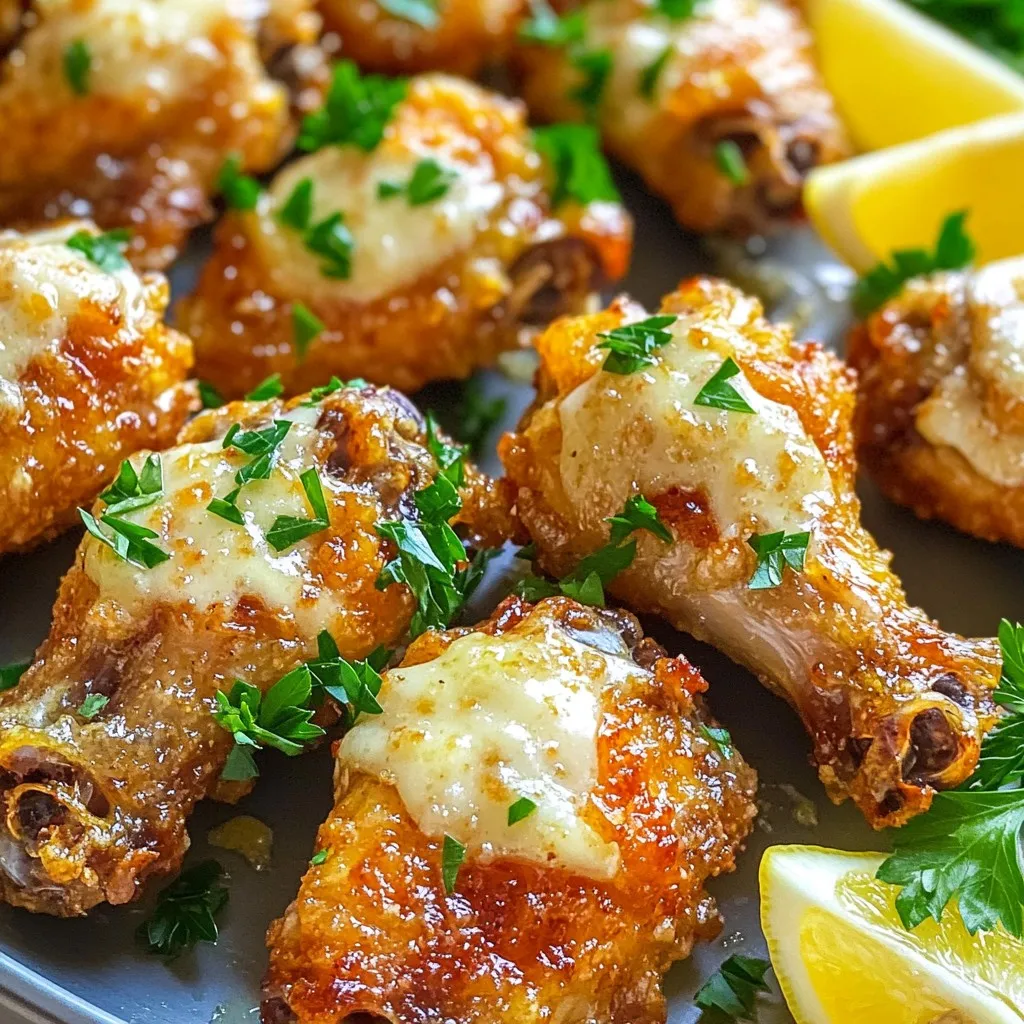 To make Air Fryer Garlic Parmesan Chicken Wings, gather these items: - 2 pounds chicken wings - 1 tablespoon olive oil - 1 teaspoon garlic powder - 1 teaspoon onion powder - 1 teaspoon smoked paprika - ½ teaspoon black pepper - 1 teaspoon salt - ½ cup grated Parmesan cheese - 2 tablespoons fresh parsley, chopped (for garnish) - Optional: lemon wedges for serving You can swap some ingredients if needed: - Use canola oil instead of olive oil. - Replace garlic powder with fresh minced garlic. - Use regular paprika if you don’t have smoked paprika. - For a dairy-free option, try nutritional yeast instead of Parmesan. When picking chicken wings, look for: - Wings with a pink color and no dark spots. - Skin that looks firm and not slimy. - A fresh smell, not sour or off. - Check the sell-by date to ensure freshness. Choosing quality wings leads to better taste and texture in your dish. Start by getting your chicken wings ready. Pat the wings dry with paper towels. This step is key for crispy wings. Any excess moisture will make them soggy. Next, grab a large mixing bowl. Add olive oil, garlic powder, onion powder, smoked paprika, black pepper, and salt. Mix these well. Toss the chicken wings in the bowl. Make sure each wing gets coated with the seasoning mix. Now, let’s cook those wings! Preheat your air fryer to 400°F (200°C). This should take about 5 minutes. Preheating is important for that crispy texture. Once heated, place the wings in the basket. Lay them in a single layer. Don’t overcrowd them; this helps them cook evenly. Cook the wings for 25-30 minutes. Flip them halfway through. This flipping gives both sides a nice crisp. In the last 5 minutes of cooking, it’s time for the cheese! Sprinkle the grated Parmesan cheese over the wings. The heat will melt the cheese, giving it a lovely crust. This step adds a rich flavor that makes these wings special. As soon as they finish cooking, take them out of the fryer. Let them cool a bit before serving. Enjoy your tasty Air Fryer Garlic Parmesan Chicken Wings! To get crispy wings, start by drying them well. Use paper towels to pat them dry. Moisture makes wings soggy. I like to preheat the air fryer to 400°F. This step helps cook the wings evenly and crisply. Don't crowd the wings in the basket. Give them space to cook. Flip them halfway through for even crispiness. While garlic and Parmesan are great, feel free to mix things up! Try adding cayenne pepper for heat. You can also swap garlic powder for fresh garlic for a punch. For a smoky taste, use chipotle powder instead of smoked paprika. You might even try a sweet twist with honey and sriracha. The key is to balance flavors that you enjoy. One mistake is not drying the wings enough. This can lead to sogginess. Another is overcrowding the air fryer basket. If you pack too many wings in, they won't cook well. Make sure to check them often. If they look golden and crispy, they are likely done. Also, remember to add the Parmesan cheese in the last five minutes of cooking to get that perfect melt. {{image_2}} You can mix up the flavors of your Air Fryer Garlic Parmesan Chicken Wings easily. Here are a few ideas: - Buffalo Sauce: Add your favorite hot sauce for a spicy kick. - Honey Garlic: Mix honey and garlic powder for a sweet twist. - Lemon Pepper: Use lemon zest and cracked pepper for a bright flavor. - BBQ Rub: Try a BBQ seasoning for a smoky profile. These new seasonings can change the taste while keeping it fun! While the air fryer is great, you can also use other methods to cook wings: - Oven Baking: Preheat your oven to 425°F (220°C). Bake wings on a rack for 30-35 minutes. This helps them stay crispy. - Grilling: Grill the wings over medium heat for about 20-25 minutes. Make sure to turn them often for even cooking. - Deep Frying: Heat oil to 375°F (190°C). Fry wings for 8-10 minutes for a crispy finish. Each method offers a unique taste and texture! Serve your wings with tasty sides and dips to enhance your meal: - Dipping Sauces: Ranch, blue cheese, or a spicy aioli work well with wings. - Veggie Sides: Carrot and celery sticks add a crunchy contrast. - Salads: A fresh green salad can balance the richness of the wings. - Fries or Chips: Pair with sweet potato fries or tortilla chips for a fun combo. These ideas make your meal even more special. Enjoy your cooking adventure! After enjoying your air fryer garlic Parmesan chicken wings, you might have some left. To store them, place the wings in an airtight container. Keep them in the fridge for up to three days. Make sure the wings cool down before sealing the container. This helps to keep them fresh and tasty. When you are ready to eat the leftovers, reheating is key. Preheat your air fryer to 350°F (175°C). Place the wings in the basket in a single layer. Heat them for about 5-7 minutes. This method keeps the wings crispy and warm. You can also use the oven at 350°F for similar results. To save wings for later, you can freeze them. First, let the wings cool completely. Then, arrange them in a single layer on a baking sheet. Freeze them for about an hour until solid. After that, transfer them to a freezer-safe bag or container. They will last for up to three months in the freezer. Just remember to label the bag with the date! To make your wings extra crispy, start with dry wings. Pat them well with paper towels. This removes moisture, which helps them crisp up. Use a little olive oil in your seasoning mix. This will help the skin get golden and crunchy in the air fryer. Also, make sure to preheat your air fryer. Cooking at 400°F (200°C) is key. Lastly, flip the wings halfway through cooking. This helps both sides crisp evenly. Yes, you can use frozen chicken wings. Just remember to thaw them first. You can do this in the fridge overnight or in cold water for a quicker option. After thawing, pat the wings dry. Then, follow the same seasoning and cooking steps. The cooking time may be a bit longer, so check for doneness. Wings should reach an internal temperature of 165°F (74°C). Garlic parmesan wings taste great with a variety of sauces. Ranch dressing is a classic choice. Its cool creaminess balances the garlic flavor. Blue cheese dressing also works well, adding a tangy taste. If you like a bit of heat, try buffalo sauce. It adds a spicy kick that enhances the garlic flavor. Finally, a squeeze of fresh lemon juice can brighten each bite. You learned about crafting tasty Air Fryer Garlic Parmesan Chicken Wings. We covered ingredient choices, cooking steps, and tips for crispiness. You found out about variations in flavors and ways to store leftovers. Remember, selecting fresh wings and avoiding common mistakes lead to better results. With these insights, you can enjoy great wings at home. Get creative with seasonings and have fun trying new methods. Your next batch will impress friends and family. Enjoy delicious wings like a pro!