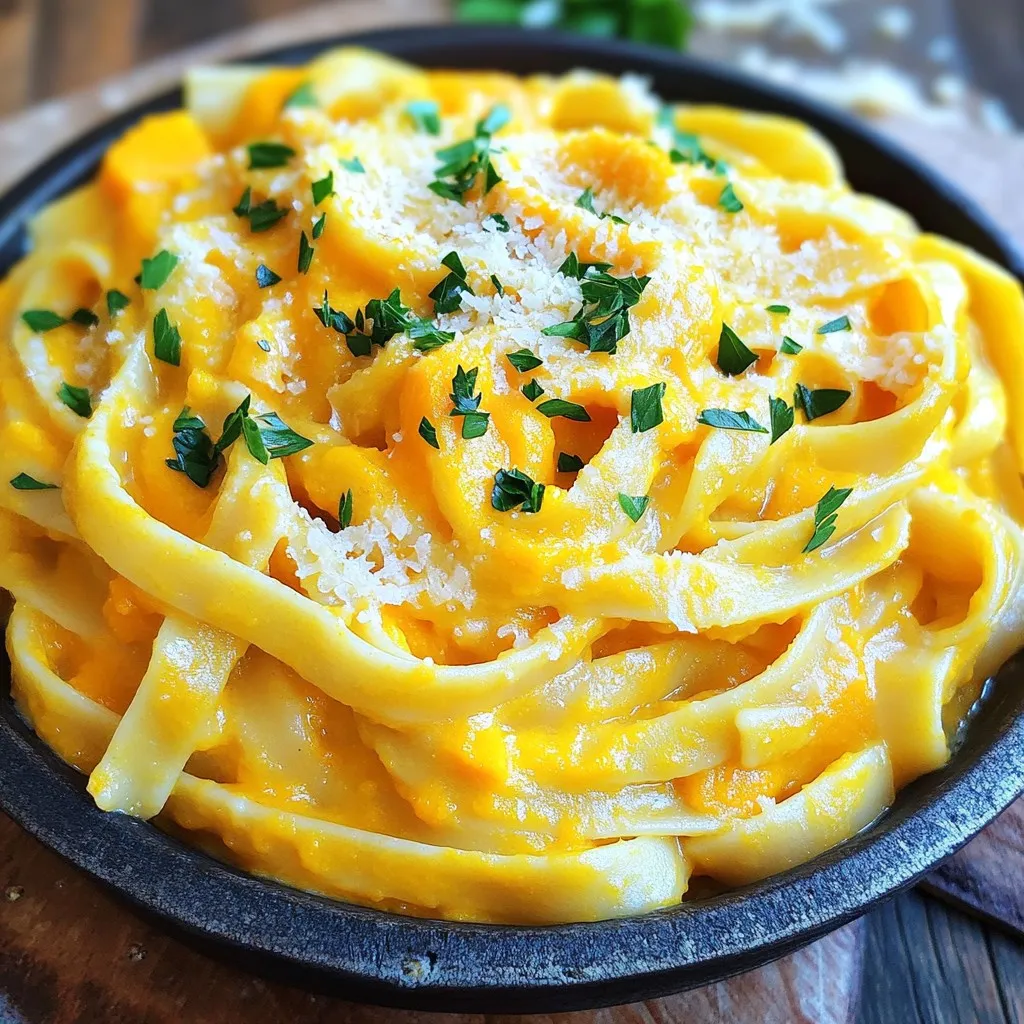 - 8 oz fettuccine pasta - 1 medium butternut squash, peeled and diced - 1 cup vegetable broth - 1 cup heavy cream (or coconut cream for a dairy-free option) - 1/2 cup grated Parmesan cheese (or nutritional yeast for a dairy-free option) - 3 cloves garlic, minced - 1/2 teaspoon nutmeg - Salt and pepper to taste The main ingredients set the stage for the dish. Fettuccine pasta gives it a nice, chewy texture. Butternut squash adds a sweet, rich flavor and a lovely orange color. Vegetable broth enhances the taste without meat. For the creamy element, heavy cream creates a luxurious sauce. If you prefer a dairy-free option, coconut cream works great too. Parmesan cheese adds depth and saltiness, while nutritional yeast offers a vegan alternative. Garlic brings a warm aroma that fills your kitchen. Nutmeg adds a hint of warmth, perfect for fall. Finally, salt and pepper balance the flavors, making each bite delightful. To cook the fettuccine pasta, start with a large pot. Fill it with water and add salt. Bring the water to a rolling boil. Add the fettuccine and cook it according to the package instructions. You want it to be al dente, which means it should still have a slight bite. Once done, reserve one cup of the pasta water. Drain the pasta in a colander and set it aside. For the butternut squash, preheat your oven to 400°F (200°C). Take your medium butternut squash, peel it, and dice it into small cubes. Spread the squash evenly on a baking sheet. Drizzle with olive oil and sprinkle salt and pepper on top. Roast the squash for about 25 to 30 minutes. It should be tender and caramelized when finished. Now, let’s make the sauce. In a medium saucepan, heat a splash of olive oil over medium heat. Add three cloves of minced garlic. Sauté the garlic for about 1 to 2 minutes. You want to smell its lovely aroma. Next, take your roasted butternut squash and add it to a blender. Pour in one cup of vegetable broth and one cup of heavy cream. Add in half a teaspoon of nutmeg and a pinch of salt and pepper. Blend the mixture until it is smooth and creamy. To combine the pasta and sauce, pour the butternut squash sauce into a large skillet over low heat. Add the cooked fettuccine to the skillet, tossing to coat it well. If the sauce is too thick, add some of the reserved pasta water. Stir until you reach your desired consistency. Finally, stir in half a cup of grated Parmesan cheese until it melts into the sauce. Enjoy your creamy butternut squash Alfredo pasta! Roasting the butternut squash is key. First, preheat your oven to 400°F (200°C). Spread the diced squash evenly on a baking sheet. Drizzle with olive oil and sprinkle salt and pepper. Roast for about 25 to 30 minutes. You want it tender and slightly caramelized. Keep an eye on it. Stir halfway for even cooking. The right timing makes your sauce rich and sweet. You can change the creaminess of your sauce easily. If you want it thicker, use less vegetable broth. For a lighter option, add more broth instead of cream. To make it dairy-free, swap heavy cream with coconut cream. It gives a nice flavor without the dairy. You can also use nutritional yeast instead of Parmesan for a creamy taste. Spice up your dish with a few extras. A dash of cayenne pepper adds heat. Fresh herbs like thyme or sage can bring fresh notes. Try adding lemon juice for brightness. You can even toss in some roasted garlic for depth. These little changes create a big flavor boost. Feel free to experiment! {{image_2}} You can boost the protein in your creamy butternut squash Alfredo pasta easily. Here are a few tasty options: - Chicken: Grilled or sautéed chicken breast works great. Slice it thin and add it to the pasta. - Shrimp: Cook shrimp in a pan until pink, then toss them in with the pasta. - Tofu: For a plant-based option, use firm tofu. Press it to remove moisture, then cube and sauté until golden. These proteins add flavor and make the dish more filling. Feel free to switch up the vegetables in this dish. Seasonal produce can bring new flavors. Here are some ideas: - Spinach: Add fresh spinach just before serving for extra nutrients and color. - Mushrooms: Sauté sliced mushrooms with garlic for a rich, earthy taste. - Broccoli: Steam or roast broccoli florets to mix in. They add crunch and color. Experimenting with vegetables keeps the dish fresh and fun. If you need a gluten-free recipe, don’t worry! There are great pasta alternatives: - Rice Pasta: This option has a similar texture and works well with the sauce. - Zucchini Noodles: For a lighter dish, spiralize zucchini for a fun twist. - Chickpea Pasta: This option has a nice flavor and adds protein. These substitutes let everyone enjoy the creamy butternut squash Alfredo pasta. To store leftovers, let the pasta cool first. Place it in an airtight container. Store it in the fridge. It should stay good for three to five days. Make sure to seal it well to keep it fresh. This helps the flavors stay strong. To freeze the dish, cool it completely before packing. Use a freezer-safe container or a heavy-duty freezer bag. Remove as much air as you can. Label the container with the date. It can last in the freezer for up to three months. When you're ready to eat, thaw it in the fridge overnight. To reheat your creamy butternut squash Alfredo pasta, use a skillet. Add a splash of water or broth to keep it moist. Heat over low to medium heat. Stir it often to avoid sticking. You can also use the microwave. Heat in short bursts, stirring in between. This keeps the texture creamy and smooth. Yes, you can use many types of pasta for this dish. Some great options include penne, rigatoni, or even whole wheat pasta. Each shape holds the sauce differently, giving you a unique taste. Just make sure to cook your pasta until it is al dente. This helps it stay firm and not mushy when mixed with the creamy butternut squash sauce. Absolutely! This creamy butternut squash Alfredo pasta is perfect for meal prep. You can store leftover pasta in an airtight container in the fridge for up to four days. For longer storage, freeze the pasta in portions. When you’re ready to eat, thaw it overnight in the fridge and reheat gently on the stove or in the microwave. Just add a splash of water to keep it creamy. To make this dish vegan, simply swap out a few ingredients. Use coconut cream instead of heavy cream. Replace Parmesan cheese with nutritional yeast for a cheesy flavor. These changes keep the dish creamy and delicious while being entirely plant-based. Enjoy the rich flavors without any dairy! This blog covered a delicious Butternut Squash Alfredo. We explored main ingredients, cooking methods, and tips for the best results. Whether you want dairy, vegan, or gluten-free options, there is something for everyone. Remember to store leftovers well and enjoy this dish anytime. With simple adjustments, this recipe can fit any taste. Try different proteins and vegetables to make it your own. Happy cooking!