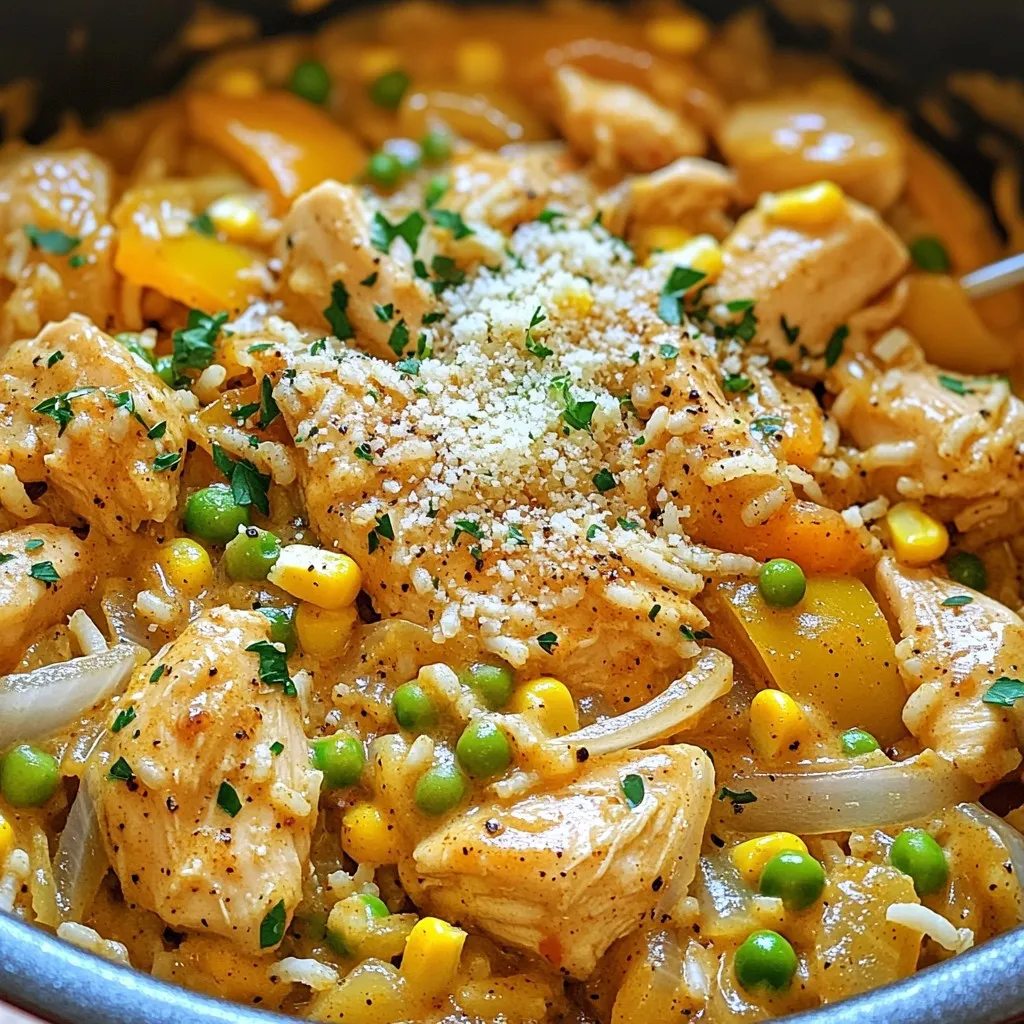 To make One-Pot Creamy Cajun Chicken and Rice, you will need a few key ingredients. Here’s the list: - 1 lb (450g) chicken breast, diced - 2 tablespoons Cajun seasoning - 1 tablespoon olive oil - 1 onion, finely chopped - 2 cloves garlic, minced - 1 bell pepper, diced (red or green) - 1 cup long-grain rice - 4 cups chicken broth - 1 cup heavy cream - 1 cup frozen peas - 1 cup corn - 1/2 cup grated Parmesan cheese - Salt and pepper to taste - Fresh parsley, chopped (for garnish) Each item plays a big role in flavor. Chicken breast gives protein and texture. Cajun seasoning adds a spicy kick. The onion, garlic, and bell pepper create a tasty base. Rice acts as a filler and soaks up all the flavors. Chicken broth brings depth. Heavy cream adds creaminess and richness. Peas and corn add color and sweetness. Parmesan cheese gives a salty finish. Salt and pepper enhance all the flavors. Finally, fresh parsley makes the dish look great. You can find these ingredients at your local store. Make sure to choose fresh vegetables for the best taste. Enjoy cooking! To start, heat 1 tablespoon of olive oil in a large pot over medium-high heat. Add 1 pound of diced chicken breast. Sprinkle 2 tablespoons of Cajun seasoning over the chicken. Cook it for about 5 to 7 minutes until it is browned and cooked through. Once done, remove the chicken from the pot and set it aside. This step brings out great flavors. In the same pot, add 1 finely chopped onion and 1 diced bell pepper. Sauté them for about 3 to 4 minutes until they soften. This adds a nice base to your dish. Next, stir in 2 minced garlic cloves. Cook for another minute until it smells great. Garlic is key for flavor. Now, add 1 cup of long-grain rice to the pot. Toast the rice for about 2 minutes while stirring constantly. This step enhances the rice flavor. After that, pour in 4 cups of chicken broth. Bring it to a simmer, then reduce the heat to low. Cover the pot and let it cook for about 15 minutes until the rice is tender and the liquid is absorbed. Once the rice is ready, stir in 1 cup of heavy cream, 1 cup of frozen peas, 1 cup of corn, and the cooked chicken. Let it simmer for another 3 to 5 minutes until everything is heated through. Finally, remove the pot from heat and mix in 1/2 cup of grated Parmesan cheese. Season with salt and pepper to your taste. This adds a creamy touch to the dish. Don’t forget to garnish with chopped parsley before serving for a fresh look! To make sure your chicken is perfect, cook it until it is no longer pink. This usually takes about 5 to 7 minutes. Cut a piece open to check the center. If it’s white, it’s done. Juicy chicken adds flavor to the whole dish. For the rice, you want it fluffy and tender. After adding the broth, let it simmer for about 15 minutes. Keep the pot covered to trap steam. This step helps the rice absorb all the flavors. If the rice seems hard, it may need a few more minutes. To boost the flavor, consider adding some extra spices. A pinch of smoked paprika or cayenne can give it a nice kick. You can also toss in a bay leaf while it cooks for depth. Letting the dish rest for a few minutes before serving is key. This allows the flavors to blend. The creamy sauce thickens a bit, making it even more delicious. Enjoy the wait; it will be worth it! {{image_2}} You can switch up the protein in this dish. Instead of chicken, try shrimp or sausage. Shrimp cooks quickly and adds a nice seafood twist. Sausage brings a hearty flavor that pairs well with Cajun spices. For rice, long-grain is great, but you can use brown rice or even quinoa. Brown rice will take longer to cook, so adjust your broth and cooking time. Quinoa cooks fast and adds a nutty flavor. Want more heat? Adjust the spice levels by adding more Cajun seasoning. You can also mix in hot sauce to taste. If you love fresh heat, toss in some jalapeños. Slice them thin and add them with the onions for a spicy kick. Feeling adventurous? Try different hot sauces for unique flavors. A smoky sauce can add depth, while a vinegar-based sauce can brighten the dish. To keep leftover One-Pot Creamy Cajun Chicken and Rice fresh, place it in an airtight container. This helps prevent moisture loss and keeps flavors intact. Store it in the refrigerator for up to three days. When you want to reheat, use the stove or microwave. If using the stove, add a splash of chicken broth or water. This will help keep the dish moist. Heat on low to avoid burning. Stir often for even warming. In the microwave, use a microwave-safe dish. Cover it with a lid or microwave-safe wrap to trap steam. Heat in short bursts, stirring in between. You can freeze this dish for longer storage. First, let it cool completely. Then, transfer it to a freezer-safe container. Make sure to leave some space at the top. The dish will expand as it freezes. To thaw, move it to the refrigerator overnight. You can also use the microwave for quick thawing. When you reheat, expect slight changes in texture. The cream may separate a bit. Stir well to mix everything together. The flavors will still be tasty, so don't worry! Can I make this dish ahead of time? Yes, you can prepare this dish ahead of time. Cook it fully, then cool it down. Store it in an airtight container in the fridge for up to three days. When ready to eat, reheat it on the stove over low heat. Add a splash of broth to keep it creamy. What can I serve with Cajun chicken and rice? This dish pairs well with a simple green salad or garlic bread. You can also serve it with roasted vegetables for a colorful plate. A light coleslaw adds crunch, too. What to do if the rice is undercooked? If your rice is undercooked, add a bit more broth or water. Cover the pot and let it simmer for a few more minutes. Check it often to avoid overcooking. How to prevent the dish from being too greasy? To avoid greasiness, use less olive oil when cooking. Drain any excess fat after browning the chicken. You can also use low-fat cream or substitute some of it with broth. This keeps the dish light and creamy. This blog post covered everything you need for Cajun chicken and rice. You learned about key ingredients and step-by-step cooking. I shared tips for perfecting your dish, along with tasty variations and storage advice. Remember, you can swap proteins or adjust spices to suit your taste. Making this dish is fun and rewarding. Enjoy each bite, and don’t hesitate to get creative. Happy cooking!