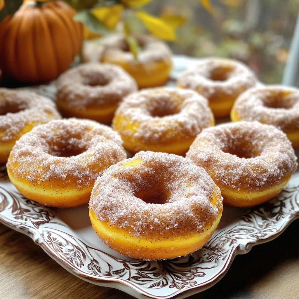 - 1 cup pure pumpkin puree - 1/2 cup granulated sugar - 1/4 cup brown sugar, packed - 1/2 cup vegetable oil - 2 large eggs - 1 teaspoon vanilla extract - 2 cups all-purpose flour - 1 teaspoon baking powder - 1/2 teaspoon baking soda - 1 teaspoon ground cinnamon - 1/2 teaspoon ground nutmeg - 1/4 teaspoon ground ginger - 1/4 teaspoon salt - 1/2 cup granulated sugar (for coating) - 2 teaspoons ground cinnamon (for coating) These ingredients create a perfect blend of flavors for tasty donuts. The pumpkin puree adds moisture and a rich taste, while the sugars help with sweetness and texture. The spices, like cinnamon and nutmeg, bring warmth and depth. You’ll also need some standard kitchen items to pull it all together. - Donut pan or silicone mold - Mixing bowls - Whisk and spoon - Toothpick Make sure to gather these tools before starting. The donut pan shapes the donuts, while mixing bowls help combine the ingredients. You’ll use the whisk to blend the wet ingredients and the spoon for the batter. A toothpick checks if the donuts are baked properly. - Prep Time: 15 minutes - Cook Time: 12-15 minutes - Servings: 12 donuts This recipe yields a dozen delicious donuts. Perfect for sharing! The prep is quick, and cooking is simple. Enjoy the delight of fresh donuts in about half an hour. - Preheat the oven to 350°F (175°C). - Grease the donut pan or prepare silicone molds. - In a bowl, combine pumpkin puree, granulated sugar, brown sugar, and vegetable oil. - Whisk in the eggs and vanilla extract until mixed well. - In another bowl, whisk together flour, baking powder, baking soda, cinnamon, nutmeg, ginger, and salt. - Gradually add this dry mix to the wet ingredients. Stir gently to combine. - Spoon the batter into the donut pan, filling each cavity about two-thirds full. - Bake for 12-15 minutes. Use a toothpick to check if they are done. - While donuts bake, mix 1/2 cup of granulated sugar with 2 teaspoons of ground cinnamon in a shallow bowl. - After baking, let the donuts cool for five minutes. Then, roll each warm donut in the cinnamon sugar mix. To make your donuts soft and fluffy, avoid overmixing the batter. Once you add the dry ingredients, mix just until they blend. This keeps the donuts light. Also, ensure even baking by not overcrowding the pan. Fill each cavity about two-thirds full. Giving each donut space helps them rise evenly. One big mistake is not preheating the oven properly. If your oven isn’t hot enough, the donuts won’t cook right. Always check the temperature first. Another mistake is not greasing the pan adequately. If you skip this step, your donuts may stick. Use non-stick spray or oil for easy removal. For a beautiful presentation, arrange the donuts on a decorative platter. You can also dust them with more cinnamon sugar for extra appeal. This little touch makes them look bakery-fresh. Serve them in cute paper bags for a fun and charming touch at gatherings. {{image_2}} You can add fun glazes to your donuts. - Maple glaze: Mix powdered sugar with maple syrup and a splash of milk. - Chocolate drizzle: Melt dark chocolate and drizzle it over the cooled donuts. You can change some ingredients for different flavors. - Swap pumpkin puree for sweet potato: This gives a sweeter taste. - Use applesauce instead of vegetable oil: This makes the donuts a bit healthier. You can make these donuts even better with a few extras. - Adding chocolate chips or nuts: This adds texture and flavor. - Experimenting with different spices: Try allspice or cloves for a unique twist. These variations make each batch special and fun! Enjoy trying them out. To keep your donuts fresh at room temperature, store them in an airtight container. This helps keep them soft and tasty. If you want them to last longer, refrigerate the donuts. Wrap them in plastic wrap or place them in a sealed bag. This will help hold in moisture and flavor. To freeze baked donuts, first let them cool completely. Then, wrap each donut in plastic wrap. Place the wrapped donuts in a freezer-safe bag. They can stay frozen for up to three months. When you're ready to eat them, take them out and let them thaw at room temperature. For a warm treat, heat in the oven at 350°F for about 5-7 minutes. These donuts taste best within the first three days. After that, their texture may change. Look for signs of spoilage, like a dry or hard texture. If they smell off or show mold, it’s best to toss them. Enjoy your donuts fresh for the best flavor and texture! Yes, canned pumpkin puree works perfectly. It saves time and gives you great flavor. Just make sure to pick pure pumpkin, not pumpkin pie filling. This helps keep your donuts light and fluffy. For gluten-free donuts, use a gluten-free flour blend. Almond flour or oat flour also works well. You may need to adjust the liquid in the recipe a bit. Start with the same amount and add more if the batter seems too thick. Pumpkin donuts pair well with warm drinks. Try serving them with hot apple cider or coffee. You can also add a side of whipped cream for a fun twist. Yes, you can use a muffin tin instead. Just fill each cavity about halfway. You will have pumpkin muffins instead of donuts, but they will still taste great! You can also use cookie cutters to shape the batter on a baking sheet. In this post, I shared how to make delicious pumpkin donuts. You learned the key ingredients, equipment, and steps to bake them. I also provided tips for better texture and fun variations. Remember to store your leftovers right and enjoy them fresh. Baking is all about fun and creativity, so don’t hesitate to mix it up. Try different spices or toppings to make each batch unique. Happy baking!
