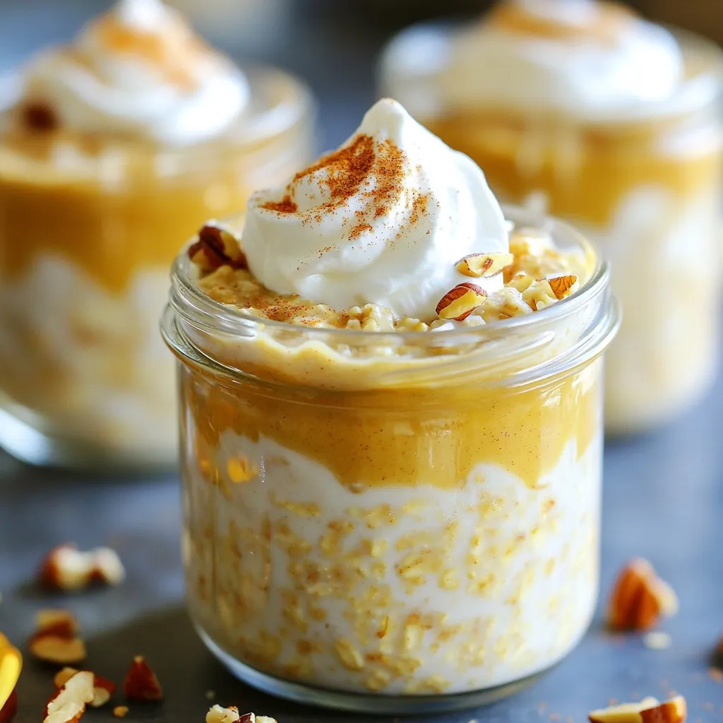 - 1 cup rolled oats - 1 cup milk of choice (almond, oat, soy, or regular) - 1/2 cup canned pumpkin puree I love using rolled oats because they soak up flavors well. They make the oats creamy and filling. You can choose any milk you like. Almond milk gives a nutty taste, while regular milk is rich and smooth. Canned pumpkin puree adds a nice sweetness and makes the oats look vibrant. - 1 tablespoon maple syrup or honey - 1 teaspoon pumpkin pie spice - 1/2 teaspoon vanilla extract Sweeteners add a touch of joy to the oats. Maple syrup gives a warm flavor, while honey adds a floral note. Pumpkin pie spice is a mix of cinnamon, nutmeg, and ginger. It brings the fall vibe to your breakfast. Vanilla extract enhances all the other flavors, making every bite delightful. - Whipped cream - Crushed nuts - Extra pumpkin pie spice Toppings make your breakfast feel special. Whipped cream adds a light and airy touch. Crushed nuts give a crunchy contrast to the creamy oats. A sprinkle of extra pumpkin pie spice makes it look and taste festive. Feel free to mix and match toppings to fit your style! First, grab a mixing bowl. In this bowl, combine the rolled oats, milk, canned pumpkin puree, maple syrup, pumpkin pie spice, vanilla extract, chia seeds, and a pinch of salt. Mix all these ingredients well. Make sure everything blends nicely. You want a smooth mixture for the best flavor. Next, take the blended mixture and transfer it into jars or containers. Use containers with tight-fitting lids to keep the oats fresh. Seal the jars well and place them in the fridge overnight. This soaking time helps the oats soften and absorb flavors. In the morning, pull out your jars and give the mixture a good stir. If it seems too thick, pour in a splash of milk to reach your preferred consistency. You can serve the oats chilled or warmed. For a fun touch, top with whipped cream, crushed nuts, or a sprinkle of extra pumpkin pie spice. Enjoy your cozy breakfast! To get the best texture, soak your oats overnight. This helps them absorb the liquid. If you are short on time, soak them for at least four hours. The longer they sit, the creamier they become. If you find your oats too thick in the morning, add a splash of milk. This will help loosen the mixture to your liking. To add more flavor to your oats, consider using extra spices. A pinch of nutmeg or ginger can enhance the pumpkin flavor. You could also add a touch of cocoa powder for a chocolate twist. For sweetness, maple syrup works great, but you can use honey or agave nectar too. Adjust the sweetness to match your taste. Making a big batch of overnight oats is a smart idea. You can prepare several jars at once. This way, you have a quick breakfast ready for busy mornings. Store your leftovers in the fridge. They last about three to five days. Use airtight containers to keep them fresh. {{image_2}} You can easily make this recipe dairy-free. Use non-dairy milk like almond, oat, or soy. Each milk brings a unique flavor. Almond milk adds a nutty taste. Oat milk makes it creamy. Soy milk gives a rich texture. For sweetness, try plant-based options. Maple syrup works great. Agave nectar is another choice. Both add a nice touch without dairy. You can adapt this recipe for any season. In fall, keep the pumpkin but add apple chunks. In winter, try mixing in chopped pears. In spring, consider adding fresh berries. Each fruit adds a new twist. You can also change the spices. In summer, swap pumpkin pie spice for cinnamon. This keeps it light and fresh. You can enjoy your oats warm or chilled. If you like them warm, heat them in the microwave. Just a minute or two is enough. For chilled oats, stir them well before serving. You can also add toppings. Whipped cream makes it special. Crushed nuts add crunch. Pair with a side of yogurt for extra protein. Enjoy your cozy breakfast! You can store your pumpkin spice latte overnight oats in the fridge for up to five days. This makes them great for meal prep! Use glass jars or BPA-free plastic containers. These types keep your oats fresh and tasty. Make sure to seal the lids tightly. This helps prevent drying out and keeps the flavors locked in. Yes, you can freeze pumpkin spice latte overnight oats! They can last in the freezer for up to three months. To freeze, place the oats in airtight containers. Leave some space at the top for expansion. When you’re ready to eat, thaw them overnight in the fridge. You can also use the microwave to reheat them if you're in a hurry. Just stir well and add a splash of milk if they look dry. Check your oats for signs of spoilage before eating. If they smell sour or have a strange color, it’s best to throw them out. Also, if there is any mold, do not eat them. To keep your oats fresh, always store them in the fridge. Use clean utensils to scoop from the jars. This helps avoid contamination and keeps your breakfast safe to eat. Overnight oats are a no-cook way to prepare oatmeal. You mix oats with liquid and let them sit overnight. This method makes oats soft and creamy. The oats soak up the liquid. You can use water, milk, or plant-based milk. Overnight oats are healthy and quick. They are rich in fiber, which helps digestion. They are also great for busy mornings. Yes! To make vegan pumpkin spice latte overnight oats, swap regular milk for plant-based milk. Almond, oat, or soy milk work well. You can also use maple syrup instead of honey for sweetness. For extra creaminess, try adding coconut yogurt. These swaps keep the flavors tasty while being dairy-free. Customizing your overnight oats is fun and easy! Here are some ideas: - Mix in fruits: Add bananas, berries, or apples for sweetness. - Nuts and seeds: Toss in almonds, walnuts, or sunflower seeds for crunch. - Extra spices: Try cinnamon, nutmeg, or ginger for added warmth. - Nut butter: Swirl in peanut or almond butter for richness. - Chocolate: Add cacao powder or chocolate chips for a sweet twist. These ideas help you create flavors that you love! You can make tasty pumpkin spice latte overnight oats easily. Combine rolled oats, milk, and pumpkin puree, and mix well. Add sweeteners and spices to enhance flavor. Store the mixture overnight, then enjoy with your favorite toppings. Remember to adjust the consistency and consider seasonal variations for fun twists. All in all, these oats not only taste great but also fit your lifestyle. Meal prep smartly and enjoy this wholesome treat anytime!