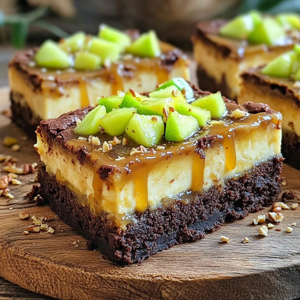 - 1 cup unsalted butter, melted - 1 cup granulated sugar - 2 large eggs - 1 teaspoon vanilla extract - 1 cup all-purpose flour - 1/3 cup unsweetened cocoa powder - 1/4 teaspoon salt - 1/4 teaspoon baking powder - 16 oz cream cheese, softened - 1/2 cup granulated sugar - 1 large egg - 1 teaspoon vanilla extract - 2 cups apples, peeled, cored, and diced (preferably Granny Smith) - 1/4 cup granulated sugar - 1 teaspoon cinnamon - 1 tablespoon lemon juice - 1/2 cup caramel sauce (store-bought or homemade) The ingredients for the Caramel Apple Cheesecake Brownie Bars create a wonderful blend of flavors. The brownie layer is rich and fudgy, while the cheesecake layer adds a smooth, creamy touch. The caramel apple topping brings a sweet and tart crunch that makes each bite exciting. Using Granny Smith apples gives a nice tartness that balances the sweetness of the caramel. The cinnamon adds warmth and a hint of spice, enhancing the overall flavor. You can even play with the sugar levels based on your taste preferences. Each layer is essential for creating this dessert. The brownie layer serves as a sturdy base. The cheesecake layer provides a luscious creaminess. Finally, the caramel apple topping offers a delightful finish that everyone will love. Enjoy gathering these ingredients and get ready for a delicious treat! - Preheat the oven to 350°F (175°C). - Grease a 9x13 inch baking pan or line it with parchment paper. Start by getting your oven ready. It should be nice and hot when you put in the bars. Greasing the pan helps the bars come out easily after baking. Parchment paper also works great for this. - Mix melted butter and sugar. - Add eggs and vanilla, then combine dry ingredients. In a big bowl, mix melted butter with sugar. It should look smooth and creamy. Next, add the eggs one at a time. Stir in the vanilla extract. In another bowl, whisk together flour, cocoa powder, salt, and baking powder. Slowly mix these dry ingredients into the wet mix until just combined. Pour this rich brownie batter into your prepared pan and spread it evenly. - Beat cream cheese and sugar until smooth. - Pour cheesecake mixture over the brownie layer. In a medium bowl, beat the softened cream cheese with sugar until it is smooth. Add in one egg and some vanilla. Mix until everything is well blended. Gently pour this creamy cheesecake mix over the brownie layer. Use a spatula to spread it evenly. - Combine apples with sugar, cinnamon, and lemon juice. In a separate bowl, mix diced apples with sugar, cinnamon, and lemon juice. Stir until the apples are well coated. This step adds a sweet and spicy touch to your dessert. - Spoon apple mixture over cheesecake. - Drizzle with caramel and bake. Now, spoon the apple mix over the cheesecake layer. Make sure to spread it out well. Drizzle caramel sauce over the apples. For a fun touch, use a knife to swirl the caramel into the apples a bit. Then, place the pan in the oven and bake for 40-45 minutes. You’ll know it’s done when the edges are set and a toothpick comes out clean. - Cool in the pan and refrigerate. - Cut into squares and serve. Once baked, let the bars cool in the pan on a wire rack. After they cool, put them in the fridge for at least 2 hours. This helps set the layers. When you are ready to serve, cut them into squares. Enjoy this delicious treat! - Ensure butter is melted, not hot. Hot butter can cook the eggs. - Avoid overmixing for a fudgy texture. Mix just until combined for the best result. - Use room temperature cream cheese for smoothness. Cold cream cheese makes lumps. - Experiment with flavored extracts, like almond. This adds a fun twist to the flavor. - Try different types of apples for varied flavor. Granny Smith gives a nice tartness. - Add nuts for crunch and texture. Walnuts or pecans work great in this topping. {{image_2}} You can easily make these bars gluten-free. Just swap the all-purpose flour with a gluten-free flour blend. This way, everyone can enjoy the delicious flavors without worry! Want to enhance the taste? Add spices like nutmeg or allspice to the apple topping. They bring warmth and depth to the dessert. You can also toss in chocolate chips into the brownie mixture. This extra touch gives a rich chocolate flavor, mixing perfectly with the cheesecake. Toppings can change everything! Consider using whipped cream on top for a light and creamy finish. A sprinkle of sea salt adds a nice contrast to the sweetness. You can also experiment with different sauces. A drizzle of chocolate sauce can bring a new layer of flavor. Let your creativity shine! To keep your caramel apple cheesecake brownie bars fresh, refrigerate any leftovers. Place them in an airtight container. This helps to prevent them from drying out. These bars are best enjoyed within one week for optimal taste and texture. If you want to store these bars for longer, freezing is a great option. Wrap the bars tightly in plastic wrap or foil. Then, place them in a freezer-safe bag or container. When you're ready to enjoy them, thaw the bars in the refrigerator overnight before serving. Sometimes, you may want to warm these bars up a bit. For the best texture, warm them slightly in the microwave. Just a few seconds should do the trick. If you like, drizzle some extra caramel sauce on top before serving. This adds even more sweetness and flavor to each bite. Yes, you can! Cream cheese gives a rich taste, but you can try mascarpone. It adds a light, creamy flavor. Ricotta is also an option. It will make the bars slightly grainy. If you choose these cheeses, adjust the sugar for sweetness. Look for a slight puff at the edges. The center should feel set but a little soft. Use a toothpick to check. Insert it into the center; it should come out clean. If there's wet batter on the toothpick, bake for a few more minutes. Absolutely! You can bake them a day before serving. Let the bars cool completely, then wrap them tightly. Store in the fridge for up to three days. This helps the flavors blend nicely. Just cut and serve when you’re ready! This dessert combines rich brownie and creamy cheesecake with sweet apple topping. You learned how to make each layer step-by-step and received tips to enhance your dish. Remember, you can use different apples and toppings for fun flavors. Keep leftovers fresh by storing them properly. I hope you enjoy making and sharing this treat with others. It's perfect for any occasion!