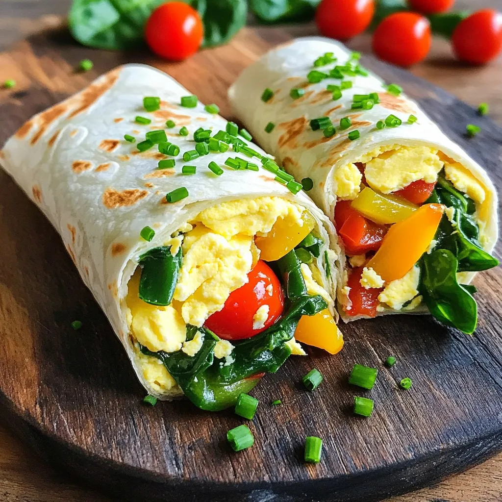 To create these tasty wraps, gather these main ingredients: - 1 cup liquid egg whites (or 6 large egg whites) - 1/4 cup bell peppers, finely chopped (any color) - 1/4 cup spinach, chopped - 1/4 cup cherry tomatoes, halved - 1/4 teaspoon garlic powder - Salt and pepper to taste - 2 whole wheat tortillas (8-inch) These ingredients give a great mix of protein, vitamins, and flavor. The egg whites are light and fluffy. The veggies add color and crunch. You can make these wraps your own with optional ingredients: - 1/4 cup shredded low-fat cheese - Fresh herbs (like chives or parsley) for garnish Adding cheese makes it creamier, while herbs add fresh flavor. Feel free to experiment! Each serving of these wraps provides a healthy boost: - Calories: 220 - Protein: 20g - Carbohydrates: 30g - Fiber: 5g - Fat: 5g These wraps are low in calories and high in protein. They help you feel full and energized. Perfect for a busy morning! First, gather your ingredients. You need: - 1 cup liquid egg whites (or 6 large egg whites) - 1/4 cup bell peppers, finely chopped - 1/4 cup spinach, chopped - 1/4 cup cherry tomatoes, halved - 1/4 teaspoon garlic powder - Salt and pepper to taste - 2 whole wheat tortillas (8-inch) - 1/4 cup shredded low-fat cheese (optional) - Fresh herbs for garnish Next, chop the bell peppers and spinach. Halve the cherry tomatoes. This step makes cooking easy and quick. Now, grab a medium bowl. Whisk the egg whites, garlic powder, salt, and pepper until mixed well. This will add flavor and make your eggs tasty. Heat a non-stick skillet over medium heat. Add the bell peppers and spinach. Sauté them for 2-3 minutes. You want them soft but not mushy. Then, pour in the egg whites. Cook for 3-4 minutes while stirring gently. You want them fluffy. Add the cherry tomatoes in the last minute of cooking. This keeps them fresh and juicy. While the egg mixture cooks, warm your tortillas. You can do this in a skillet for 20-30 seconds on each side. Or, wrap them in a damp paper towel and microwave for 15 seconds. Once the egg mixture is ready, divide it evenly between the two tortillas. If you like cheese, sprinkle some on top. Now, roll each tortilla tightly. Tuck in the sides as you go to keep the filling inside. Finally, slice each wrap in half diagonally. If you want, garnish with fresh herbs. Enjoy your healthy breakfast! To make fluffy egg whites, start with room temperature egg whites. Cold egg whites do not whip as well. Use a clean bowl and whisk. Whisk until you see soft peaks. This means they are ready. Be gentle when mixing them into your veggies. It keeps them light and airy. You can prepare the egg mixture the night before. Just whisk together the egg whites, garlic powder, salt, and pepper. Store it in the fridge. In the morning, sauté your veggies, pour in the egg mix, and cook. You can also make the wraps and store them in the fridge. Just warm them up when you are ready to eat. Garnishes can elevate your breakfast wraps. Fresh herbs like chives or parsley add a pop of color and taste. You can also sprinkle some hot sauce for heat. A dollop of salsa can add a nice zing. Try adding avocado slices for creaminess. These extras make your wraps even more fun! {{image_2}} You can easily make this wrap vegetarian. Swap in veggies you love. Try zucchini, mushrooms, or onions. Each adds great taste and color. You can mix and match any veggies. This way, you keep it fresh and fun. Want extra protein? Add cooked chicken, turkey, or tofu. Diced ham works well too. You can also use beans for plant-based protein. These add-ins boost your meal and keep you full longer. Looking for more flavor? Try using different seasonings. A pinch of cumin or paprika can change the taste. Add fresh herbs like cilantro or basil for a burst of freshness. Hot sauce is a great choice for spice lovers. This simple change makes your wrap exciting. To keep your wraps fresh, place them in an airtight container. Make sure they cool down before sealing. This helps keep moisture out. You can store them in the fridge for 2-3 days. If you want to keep them longer, consider freezing. When reheating, use a non-stick skillet. Heat on low for best results. This warms the wraps without making them tough. You can also use the microwave. Just cover them with a damp paper towel. Heat for 30 seconds to a minute, checking for warmth. For meal prep, wrap each breakfast wrap in plastic wrap. Then place them in a freezer bag. They can last up to 2 months in the freezer. When you want to eat one, thaw it overnight in the fridge. Reheat as mentioned above for a tasty meal. Yes, you can use whole eggs. They add richness and flavor. Just beat them well before cooking. Keep in mind that using whole eggs will increase the calorie count and fat content. If you're looking for a lighter option, stick with egg whites. To make these wraps dairy-free, simply leave out the cheese. You can also use dairy-free cheese if you want a similar taste. Look for products made from nuts or soy. This way, you still get tasty wraps without any dairy. For low-carb options, consider using lettuce leaves or cauliflower tortillas. These options keep the wraps light and healthy. You can also find low-carb tortillas made from almond flour or coconut flour. They taste great and fit well with the fillings. Yes, you can make these wraps in advance. Cook the egg mixture and let it cool. Then, store it in the fridge for up to three days. When ready to eat, just warm the filling and wrap it in a tortilla. This saves time on busy mornings. These Minute Egg White Breakfast Wraps are simple and tasty. You learned about the key ingredients, how to cook, and ways to customize them. I shared tips for fluffiness and storage to help you enjoy them longer. Remember, you can make these wraps your own with different veggies or spices. Experiment with variations and save time by prepping in advance. Enjoy your healthy breakfast wraps and feel good about your choices!
