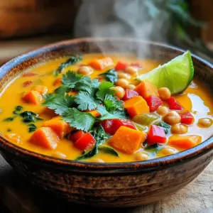 - 1 tablespoon coconut oil - 1 medium onion, diced - 3 cloves garlic, minced - 1 tablespoon fresh ginger, grated - 2 tablespoons red curry paste - 1 can (400 ml) coconut milk - 3 cups vegetable broth - 2 cans (15 oz each) chickpeas, drained and rinsed - 1 medium sweet potato, peeled and diced - 1 red bell pepper, diced - 1 cup spinach leaves - 1 tablespoon soy sauce or tamari - Salt and pepper to taste - Fresh cilantro for garnish - Lime wedges for serving You can make this soup even better with some extras. Try adding: - A pinch of cayenne pepper for heat - A tablespoon of lime juice for brightness - A handful of peas for sweetness - A splash of sesame oil for richness Don’t worry if you lack some ingredients! Here are some swaps: - Use olive oil instead of coconut oil if needed. - Any onion works; yellow or white are great. - If you lack fresh ginger, use ground ginger (1/4 teaspoon). - Green curry paste can replace red curry paste. - You can swap chickpeas for lentils or white beans. - Any leafy green can work instead of spinach, like kale. These simple swaps keep the dish tasty while working with what you have. Enjoy experimenting! Start by heating 1 tablespoon of coconut oil in a large pot. Use medium heat. Add the diced onion and sauté for about 5 to 7 minutes. You want the onion to soften and turn translucent. Next, stir in 3 minced cloves of garlic and 1 tablespoon of grated ginger. Cook this mix for another 1 to 2 minutes. You should smell a lovely aroma. Now, add 2 tablespoons of red curry paste to the pot. Mix it well with the onions, garlic, and ginger for about a minute. This step builds a strong flavor base. After that, pour in 1 can of coconut milk and 3 cups of vegetable broth. Bring everything to a gentle simmer. Then, add 2 cans of drained and rinsed chickpeas, along with 1 diced sweet potato. Stir everything together, allowing the soup to simmer for about 15 to 20 minutes. The sweet potatoes should be nice and tender. Once the sweet potatoes are tender, it’s time to add more veggies. Toss in 1 diced red bell pepper and 1 cup of spinach leaves. Stir them into the soup, cooking for another 5 minutes. You want the spinach to wilt nicely. Finally, stir in 1 tablespoon of soy sauce or tamari, and add salt and pepper to taste. Your soup is almost ready! Remove it from the heat and let it cool slightly before serving. Start with a hot pot. Heat the coconut oil until it shimmers. Add the diced onion and cook for 5-7 minutes. Stir often to avoid burning. The goal is to make the onion soft and clear. Next, add minced garlic and grated ginger. Cook for just 1-2 minutes. This will bring out their rich flavors. Avoid overcooking to keep them bright and fresh. For great flavor, use fresh ingredients. Fresh ginger and garlic add depth. Red curry paste gives heat and spice. Adjust the amount based on your taste. Remember to season with soy sauce or tamari. Add salt and pepper in small amounts. Taste often to find the right balance. The coconut milk will help mellow strong flavors, making the soup rich and creamy. Serve the soup hot in deep bowls. Garnish each bowl with fresh cilantro. A wedge of lime adds a zesty touch. For a fuller meal, pair it with crusty bread or rice. This adds texture and makes the meal heartier. The bright colors of the soup and garnishes make it visually appealing. Enjoying it with friends or family makes it even better! {{image_2}} This soup is already vegan and gluten-free! You can swap soy sauce with tamari for a gluten-free option. If you want to add creaminess, use coconut cream instead of coconut milk. This keeps it rich and delicious. You can load this soup with more veggies! Try adding carrots, zucchini, or green beans. These add color and crunch. If you want extra protein, toss in cooked lentils or tofu. Both will blend well and make the meal heartier. Want more heat? Add red pepper flakes or fresh chili peppers. If you prefer milder flavors, limit the red curry paste. You can also try different curry pastes, like green or yellow curry, for unique tastes. Mix and match spices to find what you love! After you enjoy your Coconut Curry Chickpea Soup, store leftovers right away. Let the soup cool down for about 30 minutes. Use an airtight container to keep it fresh. This way, it lasts in the fridge for up to three days. Remember to label the container with the date so you know when you made it. Freezing is a great option if you want to save some soup for later. Make sure the soup is completely cool before you freeze it. Pour it into freezer-safe containers, leaving some space at the top. The soup can stay frozen for up to three months. When you are ready to eat it, just take it out and let it thaw in the fridge overnight. Reheating your soup is easy and quick. If it's in the fridge, just pour it into a pot. Heat it over medium heat until it's warm. Stir it often to avoid sticking. If you froze the soup, thaw it first. You can use the microwave or the stovetop to reheat it. Always check that it's hot all the way through before serving. Enjoy your warm and tasty soup again! Coconut curry is a rich and creamy dish made with coconut milk and spices. It is popular in many Asian cuisines. The main ingredient, coconut milk, adds a smooth texture and a hint of sweetness. You can find many flavors, like red, green, or yellow curry. Each type uses different spices and herbs. Coconut curry often includes veggies, meat, or legumes, making it a versatile dish. It pairs well with rice or bread. The warmth of the spices and the creaminess of the coconut make it comforting and delicious. Yes, you can make Coconut Curry Chickpea Soup in a slow cooker! It’s simple and convenient. Start by sautéing the onion, garlic, and ginger in a pan. This step builds flavor. Then, add all the ingredients to the slow cooker. Pour in the coconut milk, broth, chickpeas, sweet potato, and spices. Cook on low for 6-8 hours or high for 3-4 hours. The flavors will blend beautifully over time. Add the spinach and bell pepper in the last 30 minutes. This way, they stay fresh and bright. Enjoy a warm bowl when you return home! Coconut Curry Chickpea Soup is tasty on its own, but you can enhance the meal. Here are some options: - Crusty bread: Great for dipping! - Steamed rice: It absorbs the soup's flavors well. - Quinoa: Adds a nutty taste and extra protein. - Side salad: A fresh green salad balances the meal. - Naan: This soft bread is perfect for scooping. You can also garnish the soup with fresh cilantro and lime wedges for extra zing. Enjoy your meal! We covered the key ingredients needed for your Coconut Curry Chickpea Soup, including possible substitutions. You learned step-by-step instructions to prepare this dish, from prepping onions to cooking and serving it. Tips on sautéing and achieving flavor balance help enhance your soup's taste. We also explored variations for vegan and gluten-free diets. Remember, proper storage ensures your tasty leftovers last longer. This soup is easy to make and customize, making it a great option for any meal. Enjoy creating your unique version next time!