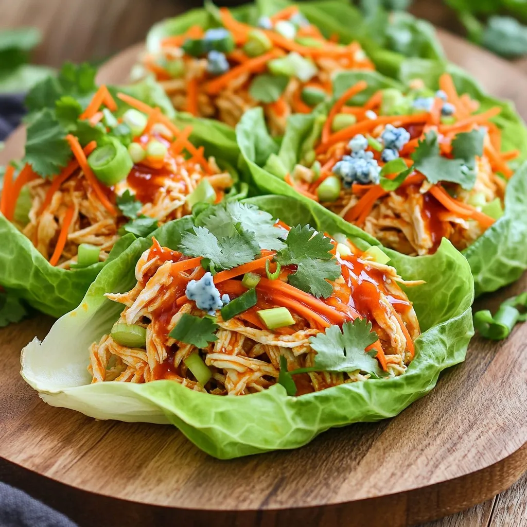 - 1.5 lbs boneless, skinless chicken breasts - 1 cup buffalo sauce (store-bought or homemade) - 1/2 cup low-sodium chicken broth - 1 tablespoon olive oil - 1 teaspoon garlic powder - 1 teaspoon onion powder - 1/2 teaspoon smoked paprika - Salt and pepper to taste - 1 head of butter lettuce or romaine, leaves separated - 1/2 cup shredded carrots - 1/4 cup chopped green onions - 1/2 cup crumbled blue cheese (optional) - Fresh cilantro for garnish (optional) I love using these ingredients for my Slow Cooker Buffalo Chicken Lettuce Wraps. The chicken is the star here. Boneless, skinless chicken breasts are easy to work with and cook well in the slow cooker. Buffalo sauce gives these wraps their kick. You can use store-bought sauce or make your own. The chicken broth adds moisture, making the chicken juicy and tender. For seasonings, I like to keep it simple. Olive oil helps the spices stick to the chicken. Garlic powder and onion powder add depth. Smoked paprika gives a warm flavor. Don't forget salt and pepper to bring it all together. Fresh ingredients are key for the wraps. Butter lettuce or romaine works best. The leaves are sturdy and perfect for holding the filling. Shredded carrots and chopped green onions add crunch and color. Blue cheese is an optional treat for those who enjoy its tangy flavor. Fresh cilantro brightens up the dish too if you want a pop of herbaceous flavor. Gather these ingredients, and you're on your way to a tasty meal! - Place chicken breasts in the slow cooker. - In a bowl, mix buffalo sauce, chicken broth, olive oil, garlic powder, onion powder, smoked paprika, salt, and pepper. This creates a tasty marinade. - Pour this marinade over the chicken. Make sure the chicken is well coated. - Cover the slow cooker. Set it to low for 6 to 8 hours. The chicken will become tender and full of flavor. - After cooking, remove the chicken from the slow cooker. Use two forks to shred the chicken into bite-sized pieces. - Return the shredded chicken to the slow cooker. Mix it with the remaining sauce for extra taste. - Take a lettuce leaf and fill it with the buffalo chicken. Add toppings like shredded carrots, chopped green onions, and blue cheese if you like. - You can also add fresh cilantro for a pop of flavor. Arrange your wraps on a platter for a fun presentation. To make your chicken tender and juicy, use boneless, skinless chicken breasts. Cook them on low heat for 6 to 8 hours. This slow cooking method keeps the chicken moist. Check the chicken at the 6-hour mark. If it shreds easily, it’s done. If you want to adjust spiciness, use less buffalo sauce. You can mix in a little honey or cream to cool it down. For filling the wraps, use a lettuce leaf. Place a good amount of the buffalo chicken in the center. Be careful not to overfill; you want to wrap it easily. Fold the sides in and then roll it up. To serve, arrange the wraps on a big platter. You can place extra toppings in small bowls for guests. This way, they can customize their wraps. Add toppings to boost flavor. Shredded carrots and chopped green onions work great. If you like blue cheese, sprinkle it on top. For a fresh taste, add cilantro as a garnish. Want to make your buffalo sauce? Mix hot sauce with melted butter and a pinch of garlic powder. This gives a tasty twist to your wraps! {{image_2}} You can change proteins easily for your wraps. Turkey works great as a leaner choice. Tofu is excellent for a plant-based option. Both options soak up the buffalo sauce well. You can also try different sauces to switch things up. A honey mustard sauce adds sweetness. Teriyaki sauce brings a nice Asian twist. You can pair these wraps with many tasty sides. Fresh veggie sticks or a simple salad are great options. If you have leftovers, get creative! You can turn the buffalo chicken into a pizza topping. It also makes a great filling for sandwiches or quesadillas. If you need a gluten-free option, check your buffalo sauce label. Many brands are gluten-free. You can also use gluten-free wraps if you want something different. For a low-carb version, use extra lettuce leaves. You can make “boats” by using large lettuce leaves for filling. After enjoying your slow cooker buffalo chicken, store leftovers right away. Use an airtight container to keep it fresh. Place the chicken in the fridge within two hours of cooking. It will last for up to four days in the fridge. To freeze buffalo chicken, let it cool completely first. Then, portion it into freezer-safe bags or containers. Squeeze out excess air to prevent freezer burn. It can last up to three months in the freezer. When ready to eat, thaw it in the fridge overnight. Reheat in the microwave or on the stove until hot. Incorporate buffalo chicken into your weekly meal prep easily. Cook a larger batch and portion it into containers. Pair with fresh veggies or rice for quick meals. These portions are great for grab-and-go lunches or snacks. Keep the toppings separate until you are ready to eat. Yes, you can use frozen chicken. Just add an extra hour to the cooking time. Check that your chicken reaches 165°F for safety. Butter lettuce is best for wraps. It is soft and adds a nice crunch. Romaine is also a good choice if you prefer a stronger leaf. Absolutely! You can prepare the buffalo chicken ahead of time. Store it in the fridge for up to four days. Just reheat it before serving. To reduce spiciness, use less buffalo sauce. You can also mix in some ranch dressing to cool it down. Adding a bit of honey can help balance the heat. Some great sides include carrot sticks, celery, or a simple green salad. You can also serve it with sweet potato fries for a tasty treat. This article covered how to make delicious buffalo chicken lettuce wraps. You learned the main ingredients, cooking steps, and tips for a perfect dish. I shared ideas for variations and storage, plus answers to common questions. Buffalo chicken wraps are easy, fun, and offer many options for taste. Enjoy trying different flavors and make these wraps your own! Cooking should bring joy with every bite.
