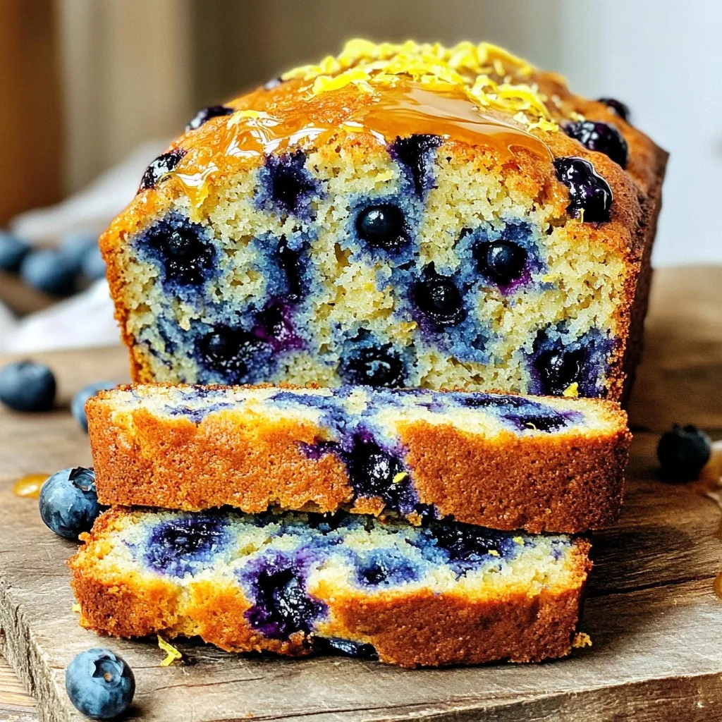 - 1 ½ cups all-purpose flour - 1 tsp baking powder - ½ tsp baking soda - ¼ tsp salt - ½ cup granulated sugar - 1 cup Greek yogurt - 2 large eggs - Zest of 1 lemon - 2 tbsp freshly squeezed lemon juice - 1 tsp vanilla extract - 1 cup fresh blueberries - 2 tbsp melted coconut oil or unsalted butter In this recipe, I use simple ingredients that create a delicious bread. All-purpose flour gives the bread its structure. The baking powder and baking soda help it rise. Salt enhances the flavors, while sugar adds sweetness. Greek yogurt keeps the bread moist and rich. Eggs bind everything together and add fluffiness. Fresh lemon zest and juice brighten the taste. They bring a fresh, tangy flavor that pairs perfectly with blueberries. For the fruit, I recommend fresh blueberries. They burst with juice and flavor as they bake. If you use frozen, the texture changes a bit. Coconut oil or unsalted butter adds richness. I like coconut oil for a slight tropical taste. It’s important to melt it before mixing. Each ingredient plays a key role in making this bread light, fluffy, and tasty. Enjoy gathering these items before you start baking! Start by preheating your oven to 350°F (175°C). This step warms the oven for even cooking. While it heats, grease a 9x5-inch loaf pan. You can also use parchment paper to line the pan. This helps the bread come out easily after baking. In a medium bowl, whisk together the following: - 1 ½ cups all-purpose flour - 1 tsp baking powder - ½ tsp baking soda - ¼ tsp salt Mix these well. This blend gives the bread its lift and flavor. Set this bowl aside for now. In a large mixing bowl, add: - ½ cup granulated sugar - 1 cup Greek yogurt - 2 large eggs - Zest of 1 lemon - 2 tbsp freshly squeezed lemon juice - 1 tsp vanilla extract Mix these ingredients until they are smooth and creamy. This mixture makes the bread moist and flavorful. Now, gently add the dry ingredients to the wet mix. Stir until just combined. Remember, don’t overmix! This can make the bread dense. Then, fold in: - 1 cup fresh blueberries - 2 tbsp melted coconut oil or unsalted butter Gently fold until the blueberries are evenly spread. This adds a burst of flavor in every bite. Pour the batter into your prepared loaf pan. Smooth the top with a spatula. Place it in the oven and bake for 50-65 minutes. Check it by inserting a toothpick in the center. It should come out clean when done. Once the bread is baked, remove it from the oven. Let it cool in the pan for about 10 minutes. Then, transfer it to a wire rack to cool completely. For a nice touch, slice the bread and serve it on a wooden board. Sprinkle some lemon zest on top and add a few fresh blueberries. A light honey glaze can add extra sweetness, too! To get the right texture, avoid overmixing your batter. Mix just until the flour disappears. This keeps the bread light and fluffy. Using Greek yogurt adds moisture and richness. It also helps the bread rise. I suggest using fresh blueberries for the best taste. Fresh berries burst with flavor and hold their shape well. If fresh isn't an option, frozen blueberries work too. Just remember to add them straight from the freezer to avoid purple batter. You can enhance your bread with a few add-ins. Consider adding nuts for crunch, or a pinch of cinnamon for warmth. Chopped pistachios or walnuts pair nicely with blueberries. You can also add a splash of almond extract for a unique twist. For a beautiful presentation, slice the bread and serve on a wooden board. Top each slice with a sprinkle of lemon zest. Add a few fresh blueberries around the bread for color. For extra sweetness, drizzle a light honey glaze on top. This makes your dish pop and impresses your guests! {{image_2}} You can switch up the flavor by adding poppy seeds. Just mix in 2 tablespoons of poppy seeds when you fold in the blueberries. This adds a nice crunch and a bright flavor. Lemon and poppy seeds go really well together. The process stays the same, so you keep all that zesty goodness. For a gluten-free version, swap the all-purpose flour with a gluten-free blend. Look for a mix that works best for baking. You may also need to add a bit of xanthan gum to help with texture. This swap keeps your bread soft and moist while still tasting great. You can get creative with fruits! Try raspberries, blackberries, or chopped strawberries. Each fruit brings its own unique flavor. If using frozen fruit, remember to thaw and drain them first. This keeps the batter from getting too watery. Mix and match to find your favorite combo! To keep your blueberry lemon bread fresh, wrap it tightly in plastic wrap. You can also place it in an airtight container. Store it at room temperature for up to 3 days. If you live in a humid area, refrigerate it to prevent mold. If you want to save your bread for later, freezing works well. First, slice the bread into pieces. Wrap each slice in plastic wrap. Then, place the wrapped slices in a freezer bag. Label the bag with the date. You can freeze the bread for up to 3 months. When you're ready to enjoy your bread, reheating is easy. For individual slices, use a toaster or microwave. Heat for about 15-20 seconds in the microwave. If you prefer the oven, preheat to 350°F (175°C). Place the bread on a baking sheet and heat for 10 minutes. This will restore its soft texture and flavor. Yes, you can use sour cream or regular yogurt. Both can replace Greek yogurt. They will add creaminess to the bread. However, they may change the taste slightly. If you want a dairy-free option, use coconut yogurt. It gives a nice flavor and texture too. To make this bread vegan, swap the eggs for flax eggs. Mix 1 tablespoon of ground flaxseed with 2.5 tablespoons of water. Let it sit for a few minutes to thicken. Also, use a plant-based yogurt instead of Greek yogurt. Your bread will still be tasty! Greek yogurt adds protein to the bread. It helps keep the bread moist and tender. It also has probiotics, which are good for your gut. Plus, it gives a slight tang that pairs well with the lemon and blueberries. This makes the bread healthier and more delicious. Check the bread with a toothpick. Insert it into the center of the loaf. If it comes out clean, it's done. You can also look for a golden-brown color on top. The bread should spring back when you touch it lightly. If it feels soft, it may need more time. This blog post covers how to make delicious blueberry bread. We went over the basic ingredients, step-by-step instructions, and helpful tips. We also shared variations and storage tips to keep your bread fresh. In closing, baking blueberry bread is simple and fun. Use fresh ingredients and follow the steps for great results. Don’t shy away from trying new flavors or add-ins. Enjoy your homemade bread with family and friends!